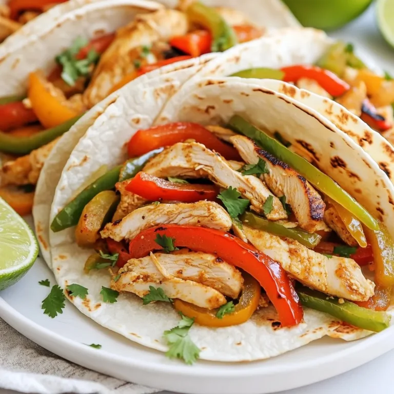 To make Minute Chicken Fajitas, you need a few key ingredients: - 1 lb (450g) boneless, skinless chicken breast, thinly sliced - 1 tablespoon olive oil - 1 bell pepper (red or green), sliced - 1 medium onion, sliced - 1 teaspoon chili powder - 1 teaspoon cumin - 1 teaspoon garlic powder - Salt and pepper to taste - 4 small flour tortillas These ingredients form the base of your fajitas. The chicken brings protein, while the bell pepper and onion add crunch and flavor. You can enhance your fajitas with these extras: - Fresh cilantro, chopped (for garnish) - Lime wedges (for serving) Cilantro gives a fresh touch. Lime adds a zesty kick. You can also try avocado, salsa, or sour cream for more variety. If you lack any ingredients, don’t worry! Here are some easy swaps: - Use chicken thighs instead of chicken breast for more flavor. - Swap olive oil for vegetable oil or butter. - Any color bell pepper works. You can even mix colors! - For spices, use taco seasoning if you have it. These substitutions keep your meal tasty while using what you have on hand. Enjoy your cooking! {{ingredient_image_1}} 1. Heat one tablespoon of olive oil in a large skillet over medium-high heat. 2. Add one pound of thinly sliced chicken to the skillet. Season it with chili powder, cumin, garlic powder, salt, and pepper. Cook it for 3-4 minutes. Stir occasionally until the chicken is no longer pink. 3. Next, add one sliced bell pepper and one sliced onion to the skillet. Sauté for another 2-3 minutes. The veggies should be tender but crisp. 4. Remove the skillet from the heat. Warm four small flour tortillas in a dry pan for about 30 seconds on each side. - Use thin slices of chicken. This helps it cook faster and evenly. - Make sure your skillet is hot before adding the chicken. This gives it a nice sear. - Stir the chicken only a few times. This lets it brown without steaming. - Always check that the chicken is fully cooked. It should have no pink spots inside. 1. Take a warm tortilla and place a portion of the chicken and veggie mix in the center. 2. Top it with chopped cilantro and a squeeze of fresh lime juice. 3. Fold the tortilla over the filling, making sure it's secure. 4. Serve right away with lime wedges on the side for added zest. Enjoy your tasty fajitas! To boost flavor, use fresh spices. Fresh herbs add a bright taste. I love adding lime juice; it gives a nice zing. You can also marinate the chicken in spices for at least 30 minutes. This step helps the flavors sink in. If you like heat, add sliced jalapeños to the mix. Their heat balances well with sweet peppers. One big mistake is overcooking the chicken. It should be cooked just until no longer pink, about 4 minutes. If you cook too long, it can dry out. Another mistake is not seasoning enough. Don't skip the salt and pepper; they make a big difference. Lastly, don’t crowd the skillet. This can cause steaming instead of a nice sear. For these fajitas, you need a large skillet. A non-stick skillet works well for easy cleanup. A sharp knife and cutting board are key for slicing the chicken and veggies. Use a spatula to stir and flip. I also recommend having a zester for the lime. It helps get the zest without bitterness. Pro Tips Marinate for More Flavor: If you have extra time, marinate the chicken in lime juice, garlic, and spices for at least 30 minutes before cooking. This enhances the flavors and makes the chicken more tender. Use a Hot Skillet: Make sure your skillet is hot before adding the chicken. This ensures a nice sear and keeps the chicken juicy, preventing it from stewing in its juices. Customize Your Veggies: Feel free to mix in other vegetables like zucchini, mushrooms, or corn. This not only adds flavor but also increases the nutritional value of your fajitas. Warm Tortillas Properly: Instead of just warming tortillas in a dry pan, consider wrapping them in foil and placing them in a warm oven for a few minutes. This keeps them soft and pliable. {{image_2}} You can easily make a vegetarian version of fajitas. Instead of chicken, use hearty veggies. Try bell peppers, zucchini, and mushrooms. These add great flavor and texture. You can also use tofu or tempeh for protein. Season them just like the chicken. Use chili powder, cumin, and garlic powder. Cook them until they are tender. Serve on warm tortillas with fresh cilantro and lime. Want some heat? Add more spice to your chicken fajitas. Increase the chili powder to 1.5 teaspoons. You can also add sliced jalapeños for extra kick. If you love heat, try using a spicy salsa as a topping. This will make your fajitas burst with flavor. Remember, adjust the spiciness to your taste. Always keep lime wedges handy to balance the heat. There are many ways to cook your fajitas. You can grill the chicken and veggies for a smoky flavor. Just marinate them in the same spices before grilling. If you prefer, use an air fryer. Cook the chicken at 375°F for around 10 minutes. Then toss in the veggies for another 3-4 minutes. You can also use a slow cooker. Cook chicken and veggies with spices for about 4 hours on low. This makes them super tender and full of flavor. Each method gives a unique taste and feel to your fajitas. To store leftover fajitas, let them cool first. Place them in an airtight container. You can keep them in the fridge for up to three days. Make sure to separate the chicken and veggies from the tortillas. This will help keep them fresh. When you want to enjoy your leftovers, reheat them in a skillet. Heat on medium for about five minutes. Stir often to avoid burning. You can also microwave them. Use a microwave-safe plate and cover the fajitas with a damp paper towel. Heat in short bursts until warm. If you want to freeze fajitas, wrap the filling tightly. Use plastic wrap or foil. Place them in a freezer-safe bag. You can freeze the filling for up to three months. When you're ready to eat, thaw in the fridge overnight. Reheat as mentioned before. Avoid freezing the tortillas, as they can get soggy. It takes about 15 minutes to cook chicken fajitas. You can prep and cook the meal in just 10 minutes. The chicken needs 3-4 minutes to cook. Then, add the veggies for another 2-3 minutes. This quick method keeps the dish fresh and tasty. Yes, you can use other proteins for your fajitas. Shrimp, beef, or tofu work great too. Just remember to adjust the cooking time. Shrimp cooks fast, while beef may take longer. Choose what you like best! Many toppings match well with chicken fajitas. I like using fresh cilantro and lime juice. You can also add sour cream, guacamole, or salsa. Shredded cheese and jalapeños are tasty extras too. Mix and match to find your favorite! In this post, we explored how to make delicious chicken fajitas. We covered essential and optional ingredients, plus substitutions that fit your taste. I shared quick steps for cooking, tips for perfect chicken, and how to assemble your fajitas. You learned about enhancing flavors and avoiding common mistakes. We also discussed variations, storage, and answered common questions. Now, you can create your own tasty fajitas with ease. Enjoy experimenting with flavors and methods! Get cooking and savor every bite!