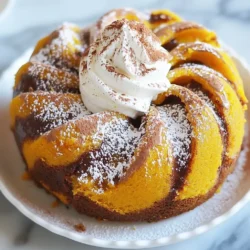 To make the Vegan Pumpkin Marble Cake, gather these ingredients: - 1 cup canned pumpkin puree - 1 cup almond milk (or any plant-based milk) - 1/2 cup coconut oil, melted - 1 cup brown sugar - 1 teaspoon vanilla extract - 2 cups all-purpose flour - 1 teaspoon baking soda - 1 teaspoon baking powder - 1/2 teaspoon salt - 1 teaspoon ground cinnamon - 1/2 teaspoon ground nutmeg - 1/4 teaspoon ground ginger - 1/2 cup cocoa powder - 1 tablespoon maple syrup (for drizzling) You can easily swap some ingredients to suit your needs. Here are some ideas: - Coconut oil: Use vegetable oil or melted vegan butter if you prefer. - Almond milk: Any plant-based milk works, such as soy, oat, or cashew milk. - Brown sugar: Granulated sugar or coconut sugar will also work well. - All-purpose flour: You can use whole wheat flour for a healthier option. - Cocoa powder: Carob powder or dark chocolate may be good alternatives if you want a different flavor. This cake has some great ingredients that bring health benefits: - Pumpkin puree: It's full of fiber and vitamins A and C. This helps boost your immune system and keeps your eyes healthy. - Almond milk: Lower in calories than cow's milk, it’s good for your heart and has no cholesterol. - Coconut oil: It may help with digestion and boost your energy levels. - Spices: Cinnamon and nutmeg can help reduce inflammation and aid digestion. - Cocoa powder: This is rich in antioxidants and may improve heart health. Using these healthy ingredients makes this cake not only tasty but also a bit good for you! {{ingredient_image_1}} First, set your oven to 350°F (175°C). This helps the cake bake evenly. Grease a 9x5 inch loaf pan or line it with parchment paper. This makes it easy to remove the cake later. In a large bowl, add 1 cup of canned pumpkin puree, 1 cup of almond milk, 1/2 cup of melted coconut oil, 1 cup of brown sugar, and 1 teaspoon of vanilla extract. Mix these well. You want everything to blend smoothly. This mix gives the cake its rich flavor. In another bowl, whisk together 2 cups of all-purpose flour, 1 teaspoon of baking soda, 1 teaspoon of baking powder, 1/2 teaspoon of salt, 1 teaspoon of ground cinnamon, 1/2 teaspoon of ground nutmeg, and 1/4 teaspoon of ground ginger. Make sure these dry ingredients are well mixed. This step adds volume and spice to the cake. Now, divide the batter into two bowls. In one bowl, add 1/2 cup of cocoa powder. Mix it well to create a chocolate batter. You should have one bowl of pumpkin batter and one bowl of chocolate batter. To marble, scoop spoonfuls of each batter into the prepared loaf pan. Alternate between the two. Use a knife or skewer to swirl the batters together gently. This creates a beautiful marbled look. Drizzle the top of the batter with 1 tablespoon of maple syrup for a sweet touch. Place the loaf pan in the oven and bake for 50-60 minutes. Check if it's done by inserting a toothpick in the center. If it comes out clean, it's ready. Let the cake cool in the pan for about 10 minutes before moving it to a wire rack. This cooling step is key to keeping the cake moist. To get the best texture in your vegan pumpkin marble cake, follow these tips. First, mix your wet ingredients well. This helps blend the flavors. Next, when adding dry ingredients, stir gently. Overmixing can lead to a tough cake. A few lumps are okay; they won't hurt the final result. Remember, the right texture is light and fluffy, not dense. Drizzling maple syrup can add a lovely touch. Use a small spoon or a squeeze bottle for control. Start from the center of the cake and move outwards. This helps spread the syrup evenly. If you want a more artistic look, try a zigzag pattern. The syrup will soak in during baking, adding flavor and moisture. There are a few common mistakes to watch out for. First, don’t skip preheating the oven. This step is key for even baking. Second, avoid using too much cocoa powder. It can overpower the pumpkin flavor. Lastly, be patient when cooling. If you cut the cake too soon, it may fall apart. Give it time to set, and enjoy every slice! Pro Tips Use Fresh Spices: For the best flavor, opt for fresh ground spices instead of pre-ground ones. This will enhance the taste of your cake significantly. Check Your Oven Temperature: Ovens can vary in temperature; for accurate baking, use an oven thermometer to ensure it's preheating correctly. Don’t Overmix the Batter: Overmixing can lead to a dense cake. Mix until just combined for a light and fluffy texture. Let It Cool Properly: Allow the cake to cool in the pan before transferring it to a wire rack. This helps maintain its structure and prevents it from breaking apart. {{image_2}} To make a gluten-free pumpkin marble cake, swap the all-purpose flour for a gluten-free blend. Look for a mix that has xanthan gum, as it helps with texture. Use the same amount of flour listed in the recipe. The cake will still be soft and moist, just like the original! You can add nuts or dried fruits for extra flavor. Chopped walnuts or pecans give a nice crunch. If you prefer dried fruits, try raisins or cranberries. Add about 1/2 cup to the batter before pouring it into the pan. This will add a tasty twist to your cake! If you want to top your cake, consider different frostings. A simple coconut whipped cream pairs well with the flavors. You can also use a vegan cream cheese frosting for a rich taste. For a fun twist, try a chocolate glaze. Just melt some dark chocolate with a bit of almond milk, and drizzle it over the cooled cake. Each option brings a new layer of flavor to your vegan pumpkin marble cake! To keep your vegan pumpkin marble cake fresh, store it in an airtight container. Place it on the counter for up to three days. If you want it to last longer, put it in the fridge. It will stay good for about a week in the fridge. Make sure it is fully cooled before you store it. This helps keep the moisture inside. You can freeze this cake for longer storage. First, let it cool completely. Wrap it tightly in plastic wrap. Then, place it in a freezer bag or airtight container. It will last for up to three months in the freezer. When you're ready to eat it, thaw it in the fridge overnight. This keeps the texture nice. To reheat your cake, slice it into pieces. Place the slices on a microwave-safe plate. Heat them in the microwave for about 15-20 seconds. If you want it warm, but not too hot, check it after 15 seconds. You can also reheat slices in the oven. Set the oven to 350°F (175°C) and warm the slices for about 10 minutes. Enjoy it warm with a touch of coconut whipped cream! Yes, you can use fresh pumpkin. Start by roasting a small pumpkin. Cut it in half, scoop out the seeds, and bake it for about 45 minutes at 350°F (175°C). Once soft, mash it until smooth. Use it in the same amount as the canned pumpkin for great flavor. To make this cake nut-free, swap almond milk for any non-nut milk. Soy milk or oat milk works well. Just ensure the milk you choose is unsweetened. This way, you keep the flavor and texture while making it safe for those with nut allergies. If you need a substitute for coconut oil, try using vegetable oil or canola oil. Both options will give you a similar texture. You can also use melted vegan butter for a rich taste. Just make sure whatever you choose is melted before mixing it into the batter. In this post, we explored the key ingredients for the recipe, along with their health benefits. We covered how to prepare, bake, and cool the cake, ensuring you achieve the perfect texture. I shared useful tips, variations, and storage information to help you succeed. Remember, small swaps can lead to big flavor changes. Embrace your creativity with this recipe, and don’t be afraid to experiment. Enjoy baking and delighting your taste buds!