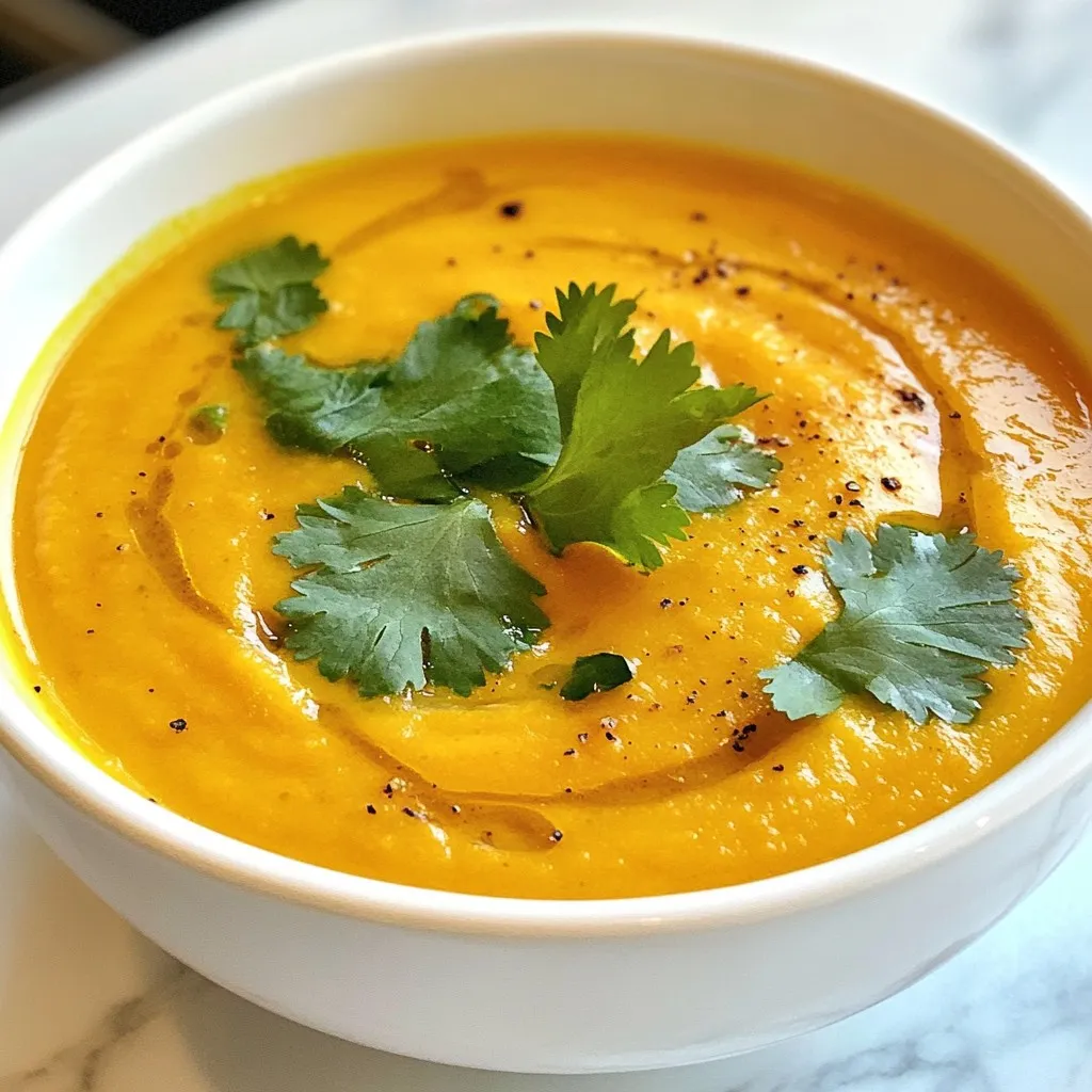 To make a delicious Silky Carrot Soup, you need these simple ingredients: - 1 pound carrots, peeled and chopped - 1 medium onion, chopped - 2 garlic cloves, minced - 1-inch piece of ginger, grated - 4 cups vegetable broth - 1 can (13.5 oz) coconut milk - 1 tablespoon olive oil - 1 teaspoon ground cumin - ½ teaspoon ground coriander - Salt and pepper to taste - Fresh cilantro leaves for garnish Each ingredient adds its own charm. Carrots bring sweetness, while onion adds depth. Garlic and ginger give a warm kick. The vegetable broth forms a flavorful base. Coconut milk adds a creamy touch. Spices like cumin and coriander enhance the flavor. Salt and pepper balance everything out. Fresh cilantro at the end brightens the dish. These ingredients combine to create a smooth, savory soup. You can find them at your local store. Gather them, and you are ready to create this easy, tasty dish. {{ingredient_image_1}} Start by heating the olive oil in a large pot over medium heat. Add the chopped onion. Sauté until it becomes soft and clear, which takes about five minutes. You want to watch it closely so it does not burn. Next, stir in the minced garlic and grated ginger. Cook these for one more minute. The smell will be amazing! Now, it’s time to add the carrots. Toss in the chopped carrots along with ground cumin and ground coriander. Stir everything together to coat the carrots in the spices. Cook this mix for about three to four minutes. This step helps the spices bloom and adds flavor. After that, pour in the vegetable broth. Bring the mixture to a boil. Once it bubbles, lower the heat and cover the pot. Let it simmer for about 20 to 25 minutes, or until the carrots are soft enough to pierce with a fork. Once the carrots are tender, remove the pot from heat. You can use an immersion blender to puree the soup right in the pot. If you don’t have one, carefully transfer the soup to a traditional blender in small batches. Be careful with the hot liquid! Blend until the soup is smooth and silky. After blending, return the soup back to the pot. Now for the final touch! Stir in the can of coconut milk. This adds creaminess and flavor. Warm the soup through, but don’t let it boil. Season the soup with salt and pepper to taste. You can adjust these to make it just right for you. Serve the soup hot, and don’t forget to garnish with fresh cilantro leaves for a pop of color and flavor. Enjoy your silky carrot soup! To make your carrot soup silky, blending is key. Proper blending breaks down the carrots and spices. This creates a smooth texture that feels great in your mouth. If you don’t have an immersion blender, you can use a traditional blender. Just be careful with hot soup. Blend in small batches and let steam escape. You can boost the flavor of your soup with spices. Ground cumin and coriander add warmth and depth. You might also try adding a pinch of nutmeg or a dash of paprika for extra kick. Fresh herbs can brighten the soup too. Cilantro is a great choice to sprinkle on top just before serving. You could also use parsley or chives for a different flavor. Pair your silky carrot soup with warm bread or a fresh salad. A crusty baguette is perfect for dipping. For salads, try a light green mix with a tangy vinaigrette. The soup tastes best when served hot, around 165°F. This way, the flavors are at their peak, and you get to enjoy every spoonful! Pro Tips Use Fresh Ingredients: For the best flavor, use fresh carrots and herbs. Fresh produce enhances the natural sweetness and overall taste of the soup. Adjust Consistency: If you prefer a thicker soup, reduce the amount of broth added. For a thinner soup, add more broth or water until desired consistency is reached. Spice it Up: Feel free to experiment with spices! Adding a pinch of cayenne pepper or a dash of nutmeg can elevate the flavor profile of your carrot soup. Storage Tips: Store leftover soup in an airtight container in the refrigerator for up to 5 days. It also freezes well for up to 3 months; just reheat when ready to serve. {{image_2}} You can switch up the broth for different flavors. Chicken broth adds a rich taste. Using mushroom broth gives a deep umami flavor. Each option changes the soup's vibe. Coconut cream and coconut milk can also swap places. Coconut cream makes the soup richer. It adds a thicker texture, which some may prefer. Coconut milk is lighter but still creamy. Choose based on your taste. For extra nutrition, add leafy greens like spinach or kale. These greens blend well and boost vitamins. Just toss them in during the last few minutes of cooking. They will wilt nicely into the soup. If you want more protein, consider chickpeas or chicken. Chickpeas make this soup hearty and vegan. Chicken adds a savory touch. Shred the chicken and stir it in before serving. Try new spices to change the flavor. Turmeric adds a warm, earthy taste and a vibrant color. You can also mix in some cumin or cinnamon for a twist. If you like it spicy, add chili flakes or fresh peppers. Adjust the heat to match your preference. Start small and taste as you go. To keep your silky carrot soup fresh, follow these tips. First, let the soup cool down before storing it. This step prevents condensation, which can make the soup watery. Use airtight containers for best results. Glass jars or plastic containers work well. Label the containers with the date. This helps you track when you made the soup. Freezing carrot soup is easy. Start by letting it cool to room temperature. Pour the soup into freezer-safe bags or containers. Leave some space at the top, as the soup will expand when frozen. To thaw, move it to the fridge overnight. If you're in a hurry, place the bag in cold water. When reheating, use low heat on the stove. Stir often to keep it smooth. How long does the soup last? In the fridge, silky carrot soup stays good for about 3-5 days. If you freeze it, it can last for up to 3 months. Always check for signs of spoilage before eating. If it smells off or looks strange, it's best to throw it away. Enjoy your delicious soup while it's fresh! Yes, you can make this soup ahead of time. It stores well and tastes even better the next day. To prep, simply follow the recipe, then cool the soup. Store it in an airtight container in the fridge for up to 3 days. If you need more time, you can freeze it. Just thaw it overnight in the fridge before reheating. When warming it, add a splash of broth for creaminess. Carrot soup brings many health perks. Carrots are rich in vitamins A, C, and K. They boost your vision and support your immune system. Each bowl also offers fiber, which aids digestion. The coconut milk adds healthy fats, making the soup creamy and satisfying. The spices used, like cumin and ginger, also add anti-inflammatory benefits. Yes, this soup is vegan-friendly. It uses vegetable broth and coconut milk, which are both plant-based. If you want to make it even more robust, consider adding some chickpeas or lentils. Both options add protein and texture. This soup fits well into any vegan diet while being delicious and filling. Enjoy it guilt-free! This blog post covered how to make a healthy and tasty carrot soup. We explored the key ingredients, like carrots, spices, and coconut milk. You learned the steps to cook and blend the soup for a perfect texture. Plus, I shared tips for flavor and storage. With this guide, you can easily whip up a comforting bowl of carrot soup. Enjoy experimenting with different flavors and add-ins. Make it your own. Happy cooking!