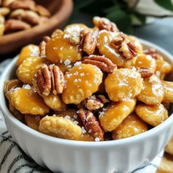To make Salted Caramel Oyster Cracker Bites, gather these simple ingredients: - 2 cups oyster crackers - 1 cup brown sugar - ½ cup unsalted butter - ¼ cup light corn syrup - 1 teaspoon vanilla extract - ½ teaspoon flaky sea salt - ¼ teaspoon baking soda For a tasty twist, you can add: - 1 cup chopped pecans - 1 cup chopped walnuts These nuts give a nice crunch and enhance the flavor. If you need to swap some items, here are some ideas: - Use salted butter instead of unsalted for a richer taste. - Honey can replace light corn syrup if you want a natural sweetener. - For a gluten-free option, try gluten-free oyster crackers. These changes can help you customize the recipe to fit your needs. {{ingredient_image_1}} First, gather your ingredients. You need two cups of oyster crackers, one cup of brown sugar, and half a cup of unsalted butter. Add a quarter cup of light corn syrup, a teaspoon of vanilla extract, and half a teaspoon of flaky sea salt. Lastly, grab a quarter teaspoon of baking soda. If you want some crunch, feel free to get one cup of chopped pecans or walnuts. Now, preheat your oven to 350°F (175°C). Line a baking sheet with parchment paper. This will help your bites not stick. In a medium saucepan, mix the brown sugar, butter, light corn syrup, and vanilla extract. Heat it over medium heat. You need to stir often until the mixture reaches a rolling boil. Once it starts boiling, let it cook for about five minutes. Do not stir it during this time. The caramel will thicken a bit. After five minutes, remove the saucepan from the heat. Quickly stir in the baking soda. Be careful! The mixture will bubble up. In a large bowl, add the oyster crackers. Pour the hot caramel over them. Gently stir to coat all the crackers. If you chose to add nuts, now is the time to fold in the chopped pecans or walnuts. Spread the coated crackers onto the baking sheet in an even layer. Bake them in your preheated oven for 8 to 10 minutes. Stir halfway through to ensure even cooking. You want them golden and bubbling. Once done, take them out and sprinkle the flaky sea salt over the hot mixture. Let the bites cool completely before you break them apart into clusters. When mixing, be gentle. You want each cracker to be coated, but not broken. If you add nuts, mix them in last. This way, they stay crunchy. For better coating, make sure your caramel is hot. This helps it stick to the crackers. Enjoy your salted caramel oyster cracker bites! To get great caramel, start with fresh ingredients. Use real butter and brown sugar. Heat them slowly in a medium pan. Stir the mix until it boils. Let it boil for about five minutes. Keep an eye on it; do not stir. This helps the caramel thicken well. After boiling, add baking soda. The mixture will bubble, so be careful. This step keeps your caramel light and airy. When coating the oyster crackers, use a large bowl. Pour the caramel over the crackers. Stir gently but quickly. You want to cover every cracker without breaking them. If you add nuts, fold them in last. Ensure they mix well. This makes each bite crunchy and tasty. Spread the coated crackers evenly on the baking sheet. This helps them bake well. Bake them for 8-10 minutes. Stir halfway through to avoid burning. When they turn golden, take them out. Sprinkle flaky sea salt right away. This adds a nice touch of flavor. Let them cool fully before breaking them apart. This helps keep their shape and makes them easy to serve. Pro Tips Use Fresh Ingredients: Always use fresh unsalted butter and high-quality brown sugar for the best flavor in your caramel. Watch the Boiling Stage: Pay close attention while the caramel is boiling; if it cooks too long, it can become too hard. Customize Your Nuts: Feel free to experiment with different nuts like almonds or hazelnuts for a unique flavor twist. Store Properly: Keep the cooled bites in an airtight container to maintain their crispness and flavor. {{image_2}} If you want a nut-free treat, skip the nuts. Just use the oyster crackers and caramel mix. These bites still taste great! The crunch from the crackers gives enough texture. For a chocolate twist, melt some chocolate chips. After baking, drizzle the chocolate over your bites. This adds a rich flavor that pairs well with the salted caramel. It's a fun way to mix things up! Add a bit of cinnamon to your caramel mix for extra warmth. Just a pinch can transform the flavor. You can also try adding a splash of almond extract. This tiny change can make a big difference! To keep your salted caramel oyster cracker bites fresh, store them in an airtight container. This helps prevent air from making them stale. Line the container with parchment paper to absorb any excess moisture. Place a layer of bites in the container, then add more layers with parchment in between. This way, they stay crunchy! These bites are best enjoyed fresh. They can last for about a week when stored properly. After a few days, the crackers may lose some crunch. If you want to enjoy them longer, consider freezing them. Just remember, the taste will still be good, but the texture may change. To freeze your salted caramel oyster cracker bites, let them cool completely first. Once cooled, place them in a freezer-safe bag. Squeeze out as much air as possible before sealing. You can freeze them for up to three months. When ready to eat, thaw them in the fridge overnight. Enjoy the flavor anytime! Yes, you can make these bites ahead. Store them in an airtight container. They stay fresh for up to a week. This makes them great for parties or snacks. Just remember to let them cool completely before packing. You can use any small snacks instead of oyster crackers. Pretzel crisps, cheese puffs, or even small popcorn work well. Each choice will change the taste a bit, but they will still be tasty. Experiment with your favorite crunchy snacks for fun flavors. To avoid burning, watch the heat closely. Keep it over medium heat and stir often. Once it boils, do not stir for five minutes. This helps the caramel thicken without burning. If you see dark spots, reduce the heat right away. In this blog post, we explored the ingredients, step-by-step instructions, and useful tips for your recipe. We delved into variations and storage tips to keep your dish fresh. Remember, you can easily adjust flavors or find swaps for hard-to-get items. Use the insights provided to enhance your cooking and enjoy sharing this treat. With practice, you'll perfect this recipe and impress everyone you serve. Happy cooking!
