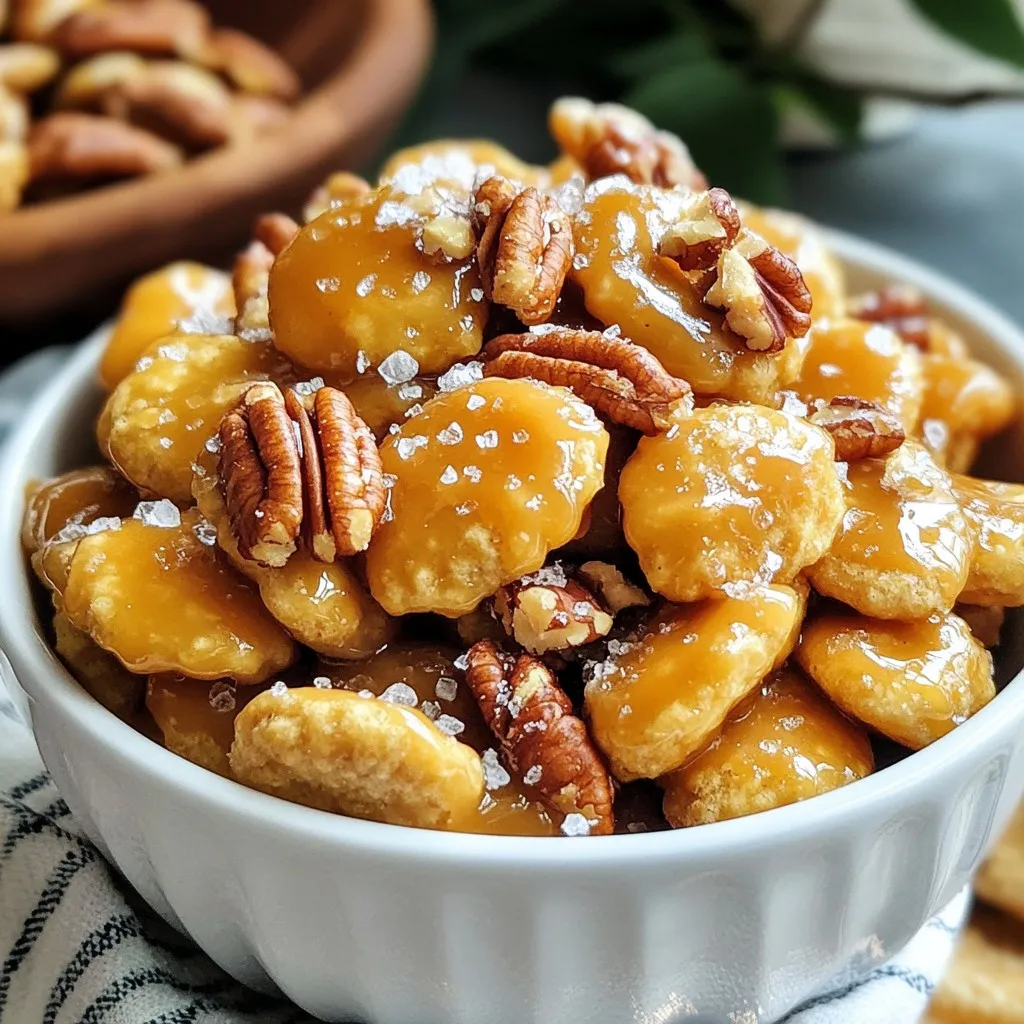 To make Salted Caramel Oyster Cracker Bites, gather these simple ingredients: - 2 cups oyster crackers - 1 cup brown sugar - ½ cup unsalted butter - ¼ cup light corn syrup - 1 teaspoon vanilla extract - ½ teaspoon flaky sea salt - ¼ teaspoon baking soda For a tasty twist, you can add: - 1 cup chopped pecans - 1 cup chopped walnuts These nuts give a nice crunch and enhance the flavor. If you need to swap some items, here are some ideas: - Use salted butter instead of unsalted for a richer taste. - Honey can replace light corn syrup if you want a natural sweetener. - For a gluten-free option, try gluten-free oyster crackers. These changes can help you customize the recipe to fit your needs. {{ingredient_image_1}} First, gather your ingredients. You need two cups of oyster crackers, one cup of brown sugar, and half a cup of unsalted butter. Add a quarter cup of light corn syrup, a teaspoon of vanilla extract, and half a teaspoon of flaky sea salt. Lastly, grab a quarter teaspoon of baking soda. If you want some crunch, feel free to get one cup of chopped pecans or walnuts. Now, preheat your oven to 350°F (175°C). Line a baking sheet with parchment paper. This will help your bites not stick. In a medium saucepan, mix the brown sugar, butter, light corn syrup, and vanilla extract. Heat it over medium heat. You need to stir often until the mixture reaches a rolling boil. Once it starts boiling, let it cook for about five minutes. Do not stir it during this time. The caramel will thicken a bit. After five minutes, remove the saucepan from the heat. Quickly stir in the baking soda. Be careful! The mixture will bubble up. In a large bowl, add the oyster crackers. Pour the hot caramel over them. Gently stir to coat all the crackers. If you chose to add nuts, now is the time to fold in the chopped pecans or walnuts. Spread the coated crackers onto the baking sheet in an even layer. Bake them in your preheated oven for 8 to 10 minutes. Stir halfway through to ensure even cooking. You want them golden and bubbling. Once done, take them out and sprinkle the flaky sea salt over the hot mixture. Let the bites cool completely before you break them apart into clusters. When mixing, be gentle. You want each cracker to be coated, but not broken. If you add nuts, mix them in last. This way, they stay crunchy. For better coating, make sure your caramel is hot. This helps it stick to the crackers. Enjoy your salted caramel oyster cracker bites! To get great caramel, start with fresh ingredients. Use real butter and brown sugar. Heat them slowly in a medium pan. Stir the mix until it boils. Let it boil for about five minutes. Keep an eye on it; do not stir. This helps the caramel thicken well. After boiling, add baking soda. The mixture will bubble, so be careful. This step keeps your caramel light and airy. When coating the oyster crackers, use a large bowl. Pour the caramel over the crackers. Stir gently but quickly. You want to cover every cracker without breaking them. If you add nuts, fold them in last. Ensure they mix well. This makes each bite crunchy and tasty. Spread the coated crackers evenly on the baking sheet. This helps them bake well. Bake them for 8-10 minutes. Stir halfway through to avoid burning. When they turn golden, take them out. Sprinkle flaky sea salt right away. This adds a nice touch of flavor. Let them cool fully before breaking them apart. This helps keep their shape and makes them easy to serve. Pro Tips Use Fresh Ingredients: Always use fresh unsalted butter and high-quality brown sugar for the best flavor in your caramel. Watch the Boiling Stage: Pay close attention while the caramel is boiling; if it cooks too long, it can become too hard. Customize Your Nuts: Feel free to experiment with different nuts like almonds or hazelnuts for a unique flavor twist. Store Properly: Keep the cooled bites in an airtight container to maintain their crispness and flavor. {{image_2}} If you want a nut-free treat, skip the nuts. Just use the oyster crackers and caramel mix. These bites still taste great! The crunch from the crackers gives enough texture. For a chocolate twist, melt some chocolate chips. After baking, drizzle the chocolate over your bites. This adds a rich flavor that pairs well with the salted caramel. It's a fun way to mix things up! Add a bit of cinnamon to your caramel mix for extra warmth. Just a pinch can transform the flavor. You can also try adding a splash of almond extract. This tiny change can make a big difference! To keep your salted caramel oyster cracker bites fresh, store them in an airtight container. This helps prevent air from making them stale. Line the container with parchment paper to absorb any excess moisture. Place a layer of bites in the container, then add more layers with parchment in between. This way, they stay crunchy! These bites are best enjoyed fresh. They can last for about a week when stored properly. After a few days, the crackers may lose some crunch. If you want to enjoy them longer, consider freezing them. Just remember, the taste will still be good, but the texture may change. To freeze your salted caramel oyster cracker bites, let them cool completely first. Once cooled, place them in a freezer-safe bag. Squeeze out as much air as possible before sealing. You can freeze them for up to three months. When ready to eat, thaw them in the fridge overnight. Enjoy the flavor anytime! Yes, you can make these bites ahead. Store them in an airtight container. They stay fresh for up to a week. This makes them great for parties or snacks. Just remember to let them cool completely before packing. You can use any small snacks instead of oyster crackers. Pretzel crisps, cheese puffs, or even small popcorn work well. Each choice will change the taste a bit, but they will still be tasty. Experiment with your favorite crunchy snacks for fun flavors. To avoid burning, watch the heat closely. Keep it over medium heat and stir often. Once it boils, do not stir for five minutes. This helps the caramel thicken without burning. If you see dark spots, reduce the heat right away. In this blog post, we explored the ingredients, step-by-step instructions, and useful tips for your recipe. We delved into variations and storage tips to keep your dish fresh. Remember, you can easily adjust flavors or find swaps for hard-to-get items. Use the insights provided to enhance your cooking and enjoy sharing this treat. With practice, you'll perfect this recipe and impress everyone you serve. Happy cooking!