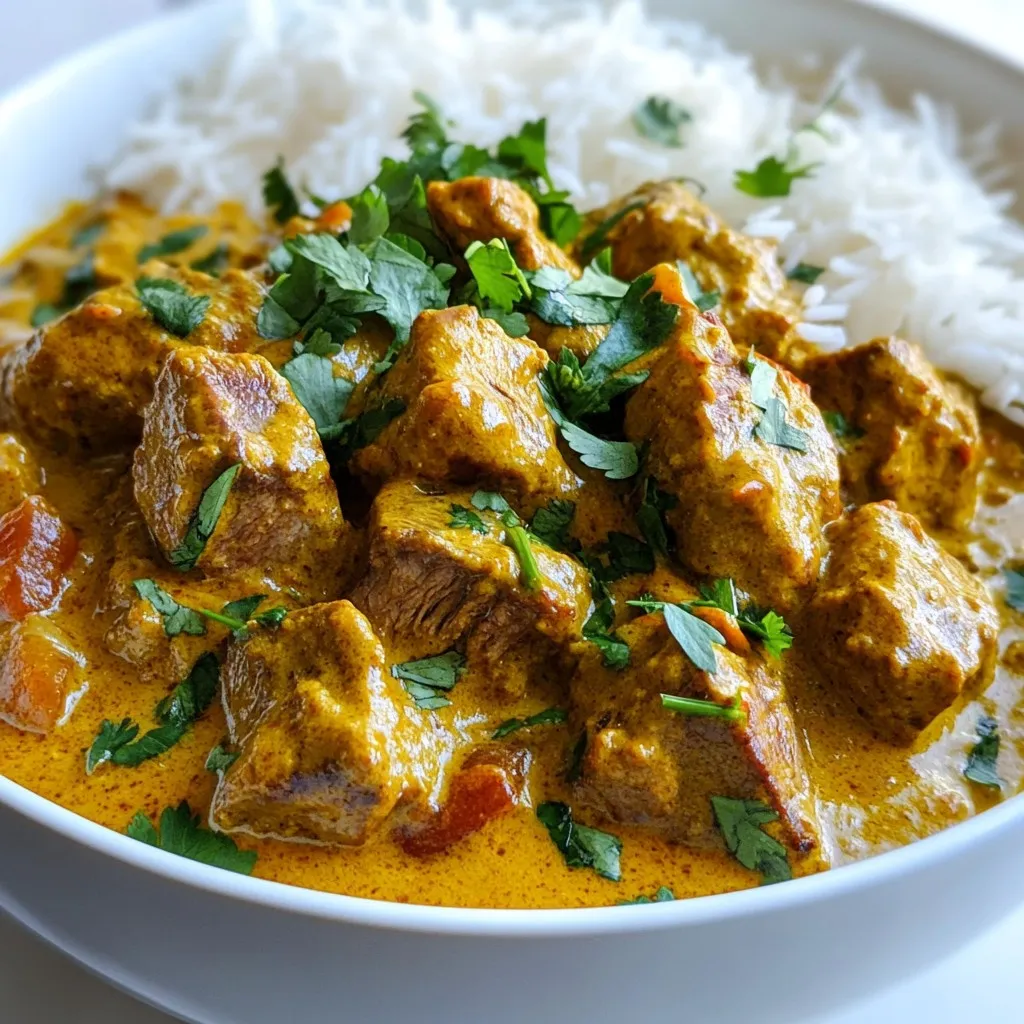 To make a great lamb curry, you need some key ingredients. Here’s what you’ll need: - 1.5 lbs lamb shoulder, cut into cubes - 2 tablespoons vegetable oil - 2 large onions, finely chopped - 4 cloves garlic, minced - 1 inch ginger, grated - 2 green chilies, slit - 2 tomatoes, chopped - 1 teaspoon turmeric powder - 2 teaspoons garam masala - 2 teaspoons coriander powder - 1 teaspoon cumin powder - 1 can (400 ml) coconut milk - Salt to taste - Fresh cilantro, chopped for garnish These ingredients bring rich flavors to your meal. The lamb shoulder is ideal for tender, juicy bites. The spices give warmth and depth. Coconut milk adds creaminess that balances the heat. For even more flavor, consider these optional ingredients: - A pinch of cinnamon for warmth - A tablespoon of lemon juice for brightness - A handful of peas for color and sweetness Adding these can change the dish's profile. For instance, lemon juice brightens up the curry. Peas offer a nice pop of color and texture. If you have dietary restrictions, there are easy swaps. Here are some ideas: - Use chicken or beef instead of lamb if you prefer. - For a vegan option, substitute lamb with jackfruit or chickpeas. - Swap coconut milk for almond milk for a lighter version. These substitutions keep the essence of the dish while fitting your needs. Always adjust cooking times based on what you choose. {{ingredient_image_1}} To start, gather all your ingredients. You will need: - 1.5 lbs lamb shoulder, cut into cubes - 2 tablespoons vegetable oil - 2 large onions, finely chopped - 4 cloves garlic, minced - 1 inch ginger, grated - 2 green chilies, slit - 2 tomatoes, chopped - 1 teaspoon turmeric powder - 2 teaspoons garam masala - 2 teaspoons coriander powder - 1 teaspoon cumin powder - 1 can (400 ml) coconut milk - Salt to taste - Fresh cilantro, chopped for garnish Once you have everything, chop the onions, garlic, tomatoes, and ginger. This prep makes cooking a breeze. First, heat the vegetable oil in a large pot over medium heat. Add the onions and sauté them until they turn golden brown, about 10 minutes. This step builds a rich base for your curry. Next, stir in the minced garlic, grated ginger, and slit green chilies. Sauté for about 2 minutes until fragrant. Now, add the lamb cubes. Brown them on all sides for about 5-7 minutes. After that, mix in the chopped tomatoes and cook them until soft, about 3-4 minutes. Then, sprinkle in the spices: turmeric, garam masala, coriander, and cumin. Stir well to coat the meat with all the flavors. Now, pour in the coconut milk and stir to combine. Add salt to taste. Bring the mixture to a gentle simmer. Cover the pot and let it cook on low heat for about 1.5 hours. Stir occasionally to prevent sticking. The lamb will become tender and juicy. To achieve the perfect consistency, make sure to simmer gently. If the curry is too thick, add a splash of water. If it’s too thin, let it cook uncovered for a few minutes. Taste the curry as it cooks. Adjust the salt and spices to your liking. Always garnish with freshly chopped cilantro before serving. This adds a fresh touch to your dish. Serve the lamb curry in a decorative bowl with basmati rice or naan. Enjoy the blend of flavors and the tender lamb! To bring out the true taste of lamb curry, use fresh spices. Whole spices are best. Toast them in the pot before adding other ingredients. This step releases their oils and boosts the flavor. You can also add a pinch of sugar. This balances the spices and enhances the sauce. One common mistake is rushing the cooking time. Lamb needs time to become tender. Cook on low heat for at least 1.5 hours. Another mistake is not browning the meat well. Browning adds depth to the flavor. Avoid skipping the sautéing steps, as they build the base of taste. You can easily adjust the spice in your lamb curry. For milder curry, use fewer green chilies. If you enjoy heat, add more chilies or some red chili powder. Taste as you cook. This lets you find the perfect balance for your family or guests. Pro Tips Marinate the Lamb: For an even deeper flavor, marinate the lamb in yogurt and spices for a few hours or overnight before cooking. Use Fresh Spices: Using freshly ground spices can elevate the flavor of your curry significantly. Consider grinding whole spices just before use. Adjust the Heat: If you prefer a milder curry, reduce the number of green chilies or remove the seeds. For extra heat, add a pinch of chili powder. Let it Rest: Allow the curry to sit for at least 30 minutes after cooking. This resting period allows the flavors to meld beautifully. {{image_2}} Lamb curry changes across regions. In North India, cooks use yogurt for creaminess. They often add spices like cardamom and cloves. This gives a rich flavor. In South India, people prefer coconut milk and curry leaves. This makes the dish lighter and fresher. You might find variations with tamarind, too. Each region brings its own twist to lamb curry. You can make lamb curry in different ways. A slow cooker is great for busy days. Just set it in the morning and enjoy the meal later. Use low heat to let the flavors blend. An Instant Pot works fast. You can cut cooking time down to about 40 minutes. Both methods keep the lamb tender and juicy. If you want a vegetarian option, try chickpeas or jackfruit. They both soak up flavors well. You can also use paneer for a cheese variation. For a healthier choice, use cauliflower or mushrooms. They add texture and are satisfying. Adjust the spices to match your taste. This way, you still enjoy the essence of lamb curry without meat. Storing your lamb curry properly is key. After you finish your meal, let the curry cool. Place it in an airtight container. Make sure to keep it in the fridge. This helps the flavors stay fresh. Eat your leftovers within three days for the best taste. If you plan to keep it longer, freezing is a great option. When you want to enjoy your leftovers, reheating needs care. Use a pot on low heat to warm it. Stir often to avoid sticking. You can add a splash of water or coconut milk. This adds moisture and keeps it creamy. Avoid using a microwave, as it can dry it out. Heat it until it’s warm all the way through. Freezing lamb curry is simple and effective. Transfer it to a freezer-safe container. Leave some space at the top for expansion. Label the container with the date and type. To thaw, move it to the fridge overnight. This helps keep the texture nice. Reheat it gently on the stove before serving. Enjoy your delicious lamb curry later! You can serve lamb curry with rice or bread. Basmati rice is a great choice. Naan or roti also pairs well. Add a side of yogurt or raita for creaminess. Fresh salad and lime wedges add a nice touch too. Lamb curry can last for about 3 to 4 days in the fridge. Store it in an airtight container. Make sure it cools completely before sealing. Always check for any off smell or changes in color before eating. Yes, you can use chicken, beef, or goat in this recipe. Adjust cooking time accordingly. Chicken cooks faster, while beef may need more time. The spices work well with all these meats. Lamb curry can be spicy due to green chilies. If you prefer less heat, remove the seeds from the chilies. You can also reduce the number of chilies used. Adding more coconut milk can help cool the spice too. We explored how to make an authentic lamb curry, covering key ingredients, cooking steps, and tips. You learned different dietary options and how to store leftovers correctly. Remember, it’s all about balance. Adjust spices to fit your taste. Embrace the variations, from regional styles to cooking methods. With practice, you’ll create a dish that suits your palate. Enjoy the flavors and make this recipe your own!