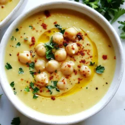 To make Vegan Garlic Chickpea Soup, you need to gather a few key ingredients. Each contributes to the rich flavor and texture of the soup. Here’s what you will need: - 1 can (15 oz) chickpeas, drained and rinsed - 4 cups vegetable broth - 1 large onion, diced - 6 cloves garlic, minced - 2 medium carrots, chopped - 2 stalks celery, chopped - 1 teaspoon ground cumin - 1 teaspoon smoked paprika - 1/2 teaspoon turmeric - 2 tablespoons olive oil - Salt and pepper to taste - 1 tablespoon fresh lemon juice - Fresh parsley, chopped (for garnish) These ingredients create a warm bowl of goodness. Chickpeas are the star, bringing protein and fiber. The broth adds depth, while the veggies bring sweetness and crunch. Garlic packs a punch of flavor, and the spices elevate the soup to something special. Don't forget the lemon juice! It adds a bright touch that balances the rich taste. Fresh parsley on top makes the dish look inviting and fresh. Let’s get cooking! {{ingredient_image_1}} - Sautéing the Onions First, grab a large pot. Heat two tablespoons of olive oil over medium heat. Add one large diced onion. Sauté it for about five minutes. You want the onion to be soft and translucent. - Adding Garlic and Vegetables Next, add six minced garlic cloves. Stir this in well. Then, toss in two chopped medium carrots and two chopped celery stalks. Sauté for another five minutes. The veggies should start to soften. - Incorporating Spices Now, it’s time for the spices. Add one teaspoon of ground cumin, one teaspoon of smoked paprika, and half a teaspoon of turmeric. Stir everything well. Sauté for one more minute to let the spices bloom. - Adding Broth and Chickpeas Pour in four cups of vegetable broth. Then add one can of drained and rinsed chickpeas. Bring the soup to a gentle simmer. Cook this for about 15 minutes, letting the flavors meld. - Blending for Texture For a creamy texture, use an immersion blender. Blend about half of the soup. This keeps some chickpeas whole for added texture. If you don’t have an immersion blender, you can blend in small batches in a regular blender. - Seasoning the Soup Taste your soup! Add salt, pepper, and one tablespoon of fresh lemon juice. This brightens the flavors. Simmer for another five minutes. - Serving Suggestions Serve the soup hot. Garnish with fresh chopped parsley. For extra flair, drizzle a little olive oil on top. Enjoy it with crusty bread or a fresh side salad. - Using Fresh Herbs: Fresh herbs can brighten your soup. Try adding parsley or cilantro at the end. This adds a fresh taste and a pop of color. - Adjusting Seasoning to Taste: Everyone's palate is different. Taste your soup before serving. You might want to add more salt, pepper, or lemon juice for balance. - Importance of Sautéing: Sautéing the onions and garlic is key. This step builds a strong flavor base. It helps release the oils and flavors of the veggies. Don't rush this part; let them soften and caramelize. - Using an Immersion Blender: An immersion blender makes this soup creamy. You can blend it right in the pot. This saves time and cuts down on dishes. Blend until you reach your desired texture. - Serving Suggestions: Serve this soup in deep bowls. It looks great with a drizzle of olive oil on top. Pair it with crusty bread for a hearty meal. - Garnishing Techniques: Garnish with fresh parsley. A sprinkle of smoked paprika adds a lovely color contrast. These small touches make your dish more appealing. Pro Tips Use Fresh Spices: Ensure that your spices are fresh for the best flavor. Ground spices lose potency over time, so replacing them every 6-12 months can make a significant difference. Customize the Texture: If you prefer a chunkier soup, blend only a portion of it or mash some chickpeas with a fork before serving to maintain more texture. Add More Greens: Boost the nutritional value by adding fresh spinach or kale during the last few minutes of cooking. They will wilt nicely and add a vibrant color. Perfect the Seasoning: Taste the soup before serving and adjust the seasoning as needed. A little extra salt or a splash of vinegar can enhance the flavors beautifully. {{image_2}} You can change ingredients to suit your tastes. - Other Legumes: You can swap chickpeas for lentils or black beans. Each will give a unique flavor and texture. Lentils cook faster, while black beans add a creamy touch. - Different Vegetables: Feel free to add more veggies. Spinach, kale, or zucchini work well. You can even toss in sweet potatoes for a sweet twist. Spices change the soup's flavor. Adjust them based on your mood. - Heat Level Modifications: If you like heat, add red pepper flakes or diced jalapeños. Start small, then taste and add more if you want. - Alternative Spice Blends: Try different spices to change the taste. Thai curry paste or Italian herbs like oregano can make it fun and new. How you serve the soup can make a big difference. - Pairing with Bread: Serve the soup with crusty bread. A baguette or sourdough is great for dipping. - Side Dish Suggestions: A fresh salad or roasted veggies makes a perfect side. They add crunch and balance to the warm soup. - Storage Duration: You can keep leftover vegan garlic chickpea soup in the fridge for up to 4 days. Make sure it is in a sealed container to keep it fresh. - Reheating Instructions: To reheat, simply pour the soup into a pot. Heat it over low to medium heat, stirring often. You can also microwave it in a safe bowl, heating in short bursts until warm. - Best Practices for Freezing: If you want to freeze the soup, let it cool first. Then, pour it into freezer-safe containers. Leave some space at the top for expansion. The soup can last up to 3 months in the freezer. - Thawing Guidelines: When you're ready to eat, thaw the soup in the fridge overnight. You can also use the microwave for quick thawing. Heat it gently on the stove to warm it through. - Best Containers for Storage: Use glass or BPA-free plastic containers. These keep the soup fresh and help with even heating. - Avoiding Flavor Loss: Make sure the containers are airtight. This keeps the flavors intact and prevents freezer burn. This soup lasts about 4 to 5 days in the fridge. Store it in an airtight container to keep it fresh. Yes, you can make this soup ahead of time. It tastes even better after the flavors meld overnight. You can use white beans or lentils instead of chickpeas. Both will work well in this soup. Yes, this soup is gluten-free. All the ingredients are safe for those with gluten sensitivities. Absolutely! Just add all the ingredients to the slow cooker. Cook on low for 6-8 hours. Blend at the end for a creamy texture. You now know how to make a hearty vegan garlic chickpea soup. We covered the key ingredients, step-by-step cooking, and ways to enhance flavor. You can even try different variations based on your taste. Remember to store leftovers properly to keep them fresh. This soup is not just tasty; it’s flexible and can fit into any meal. So, roll up your sleeves and start cooking. You’ll enjoy every spoonful of your homemade creation.