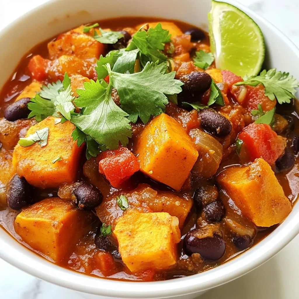 For Sweet Potato Black Bean Chili, you will need: - 2 medium sweet potatoes, peeled and diced - 1 can (15 oz) black beans, drained and rinsed - 1 can (14 oz) diced tomatoes, with juices - 1 bell pepper (red or green), diced - 1 medium onion, chopped - 3 cloves garlic, minced - 1 tablespoon chili powder - 1 teaspoon cumin - 1 teaspoon smoked paprika - 1/2 teaspoon cayenne pepper (adjust to taste) - 4 cups vegetable broth - 2 tablespoons olive oil - Salt and pepper to taste - Fresh cilantro for garnish - Lime wedges for serving Using fresh ingredients can enhance flavor. Fresh sweet potatoes, onions, and garlic provide great taste. They also add texture. Canned ingredients, like black beans and tomatoes, save time. They work well in this chili. I like to use canned tomatoes since they are ripe and juicy. Be sure to rinse canned beans to reduce sodium. If you prefer all fresh, you can cook dried beans. Just soak them overnight for best results. You can swap some ingredients for what you have. If you lack sweet potatoes, try regular potatoes or squash. You can also use any beans you like. Kidney beans or pinto beans work well. For spices, if you don’t have smoked paprika, regular paprika is fine. You can also skip cayenne if you want mild chili. Just add more chili powder for flavor. If you need a vegan option, ensure your vegetable broth is vegan. {{ingredient_image_1}} First, gather your ingredients. You will need sweet potatoes, black beans, tomatoes, a bell pepper, an onion, garlic, and spices. Peel and dice the sweet potatoes. Chop the onion and bell pepper into small pieces. Mince the garlic. This prep makes cooking more fun and easy. In a large pot, heat two tablespoons of olive oil over medium heat. Add the chopped onion and bell pepper. Sauté them for about five to seven minutes until they soften. Next, add the minced garlic, chili powder, cumin, smoked paprika, and cayenne pepper. Stir this mix for one to two minutes until it smells amazing. Now, add the diced sweet potatoes to the pot. Stir well to coat them with all those spices. Pour in four cups of vegetable broth, then add the diced tomatoes with their juices and the black beans. Mix everything together. Bring the pot to a boil. Once boiling, reduce the heat to low and let it simmer for about 30 minutes. Stir it occasionally until the sweet potatoes become tender. After 30 minutes, taste the chili. Add salt and pepper to your liking. If you want more heat, add extra cayenne. Serve the chili hot. Garnish it with fresh cilantro for color and flavor. Add lime wedges on the side. Squeezing lime juice over the chili adds a bright taste. Enjoy your delicious Sweet Potato Black Bean Chili! To boost the flavor, use fresh spices. Fresh spices are much stronger than old ones. Toasting spices in a dry pan can also add depth. Just heat them for a minute until they smell great. Lime juice adds brightness too. Squeeze some lime juice right before serving. You can also try adding a splash of hot sauce to kick it up a notch. Fresh cilantro on top adds color and taste. When cooking sweet potatoes, cut them into even pieces. This helps them cook at the same rate. Peel first to remove the tough skin. You can steam or roast them for extra flavor. Roasting brings out their natural sweetness. If you want a soft texture, boil them until tender. Just be careful not to overcook them, or they can get mushy. Store your chili in an airtight container. It will last up to five days in the fridge. For longer storage, freeze it. Just let it cool down first. Use a freezer-safe container or bag. When ready to eat, thaw it in the fridge overnight. Reheat on the stove or in the microwave. Stir it well to heat evenly. Enjoy your leftover chili just as much as the first time! Pro Tips Perfectly Cooked Sweet Potatoes: To ensure your sweet potatoes are perfectly tender, cut them into uniform pieces. This allows them to cook evenly and blend seamlessly into the chili. Spice Adjustment: If you prefer a milder chili, reduce the cayenne pepper and add a bit of sugar to balance the flavors. You can always add more spice later, but it's harder to tone it down. Make It Ahead: Chili tastes even better the next day! Prepare it in advance and store it in the fridge overnight. Reheat before serving to let the flavors meld beautifully. Garnish for Freshness: Always add fresh cilantro and lime wedges just before serving. This brightens up the dish and adds a refreshing contrast to the hearty chili. {{image_2}} You can boost the chili's protein by adding meat. Ground turkey or beef works well. Cook the meat first before adding the other ingredients. For a plant-based option, try adding quinoa or lentils. Both add protein without meat. Just cook them separately and mix them in to save time. This chili is naturally vegetarian since it uses no meat. To make it vegan, ensure your broth is plant-based. Most vegetable broths are vegan, but always check labels. You can add more veggies like zucchini or corn for extra flavor. This keeps your chili hearty without using any animal products. If you love heat, you can add more cayenne pepper. Start with a little, then taste as you go. For milder chili, reduce or skip the cayenne. You can also use sweet paprika instead of smoked paprika for less spice. Remember, you can always adjust the heat to suit your taste! To keep your sweet potato black bean chili fresh, store it in airtight containers. Let it cool before sealing. This step prevents moisture buildup, which can spoil the chili. Place the chili in the fridge if you plan to eat it within a week. It stays fresh for up to five days. For longer storage, freezing is the best choice. Reheat your chili on the stove or in the microwave. If using the stove, pour the chili into a pot. Heat it over medium flame, stirring often. This method ensures even heating. In the microwave, place the chili in a microwave-safe bowl. Cover it loosely with a lid or microwave-safe wrap. Heat it in one-minute intervals, stirring in between until hot. To freeze, use freezer-safe containers or resealable bags. Make sure to leave some space for expansion. Label each container with the date. You can freeze the chili for up to three months. When ready to eat, thaw it overnight in the fridge. You can also use the microwave for a quick thaw. Just remember, the chili may thicken when frozen. Add a splash of broth when reheating to regain its creamy texture. Yes, you can make Sweet Potato Black Bean Chili in a slow cooker. Start by sautéing the onion, bell pepper, and garlic in a pan with olive oil. Then, add all the ingredients to your slow cooker. Set it on low for 6-8 hours or high for 3-4 hours. The slow cooker will make the flavors blend well. You will get a rich and hearty chili. Sweet Potato Black Bean Chili pairs well with many sides. Here are some ideas: - Warm cornbread - Rice or quinoa - Tortilla chips - A fresh green salad - Avocado slices These sides add texture and flavor. You can also serve it with lime wedges and fresh cilantro to enhance the taste. Sweet Potato Black Bean Chili lasts about 3 to 5 days in the fridge. Store it in an airtight container to keep it fresh. If you want to keep it longer, consider freezing it. It can stay good in the freezer for up to 3 months. Just thaw it in the fridge before reheating. This post covers how to make Sweet Potato Black Bean Chili. We discussed ingredients, cooking steps, and storage tips. You can use fresh or canned items and substitute ingredients easily. Enhancing flavor and perfecting sweet potatoes are key. There are options for protein, and you can adjust spice levels. Remember, the best chili comes from your creativity. Enjoy your cooking!