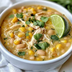 When making white chicken chili, you'll need some key ingredients. Here is what you will need: - 2 cups cooked chicken, shredded - 1 can (15 oz) white beans, drained and rinsed - 1 cup chicken broth - 1 can (4 oz) diced green chiles - 1 medium onion, diced - 3 cloves garlic, minced - 1 teaspoon cumin - 1 teaspoon oregano - ½ teaspoon chili powder - 1 cup corn, fresh or frozen - 1 cup heavy cream or coconut cream - 2 tablespoons olive oil - Salt and pepper to taste - Fresh cilantro, chopped (for garnish) - Lime wedges (for serving) Each ingredient plays a vital role in creating a rich and creamy flavor. The chicken provides protein, while the white beans add heartiness. Green chiles bring a mild kick, and spices like cumin and oregano enhance the depth of flavor. Cream gives the chili its creamy texture, making each bite comforting. The garnishes, like cilantro and lime, add freshness and brightness. Together, these components create a balanced dish that warms your soul. You can mix and match some ingredients to fit your taste, but sticking to this list will give the best results. {{ingredient_image_1}} Sautéing the Onion Start by heating 2 tablespoons of olive oil in a large pot over medium heat. Add the diced onion and cook it for about 5 minutes. You want the onion to be soft and see-through. This step builds a tasty base for your chili. Adding Garlic Next, stir in 3 minced cloves of garlic. Cook this for one more minute. The garlic should smell strong and nice. This adds depth to your dish. Toasting Spices for Flavor Now, sprinkle in 1 teaspoon of cumin, 1 teaspoon of oregano, and ½ teaspoon of chili powder. Stir well to mix the spices with the onion and garlic. Cook this for an extra 1-2 minutes. Toasting the spices brings out their flavors. Mixing Chicken and Beans It’s time to add the fun stuff! Put in 2 cups of shredded cooked chicken, 1 can of drained white beans, and 1 can of diced green chiles. These ingredients make the chili hearty. Adding Broth and Corn Next, pour in 1 cup of chicken broth and 1 cup of corn. Stir everything together. This mixture will become the chili base. Establishing a Simmer Now bring your chili to a simmer. Let it cook for about 15-20 minutes. Stir it occasionally to let all the flavors mix well. Choosing Between Heavy Cream and Coconut Cream After simmering, reduce the heat to low. Stir in 1 cup of heavy cream or coconut cream if you want a dairy-free option. Heat this for about 5 more minutes. This makes your chili creamy and rich. Adjusting Salt and Pepper Taste your chili and add salt and pepper as needed. This step is key for balancing all the flavors. Once seasoned, serve it hot in bowls, garnished with fresh cilantro and lime wedges. - Methods for Shredding Chicken To shred chicken easily, use two forks. Hold one fork steady, and pull the chicken apart with the other. You can also use a stand mixer. Just place the cooked chicken in the bowl and mix on low. This method saves time and gives you nice, even shreds. - Enhancing Flavor Profiles with Spices Spices make all the difference in white chicken chili. I love to use cumin and oregano. These spices bring warmth and depth. Don't skip the chili powder; it adds a nice kick. Toasting these spices in olive oil before adding other ingredients helps unlock their full flavor. This simple step makes your dish pop. - Garnishing Ideas For a fresh touch, chop cilantro and sprinkle it on top of your chili. It adds color and a burst of flavor. You can also add a squeeze of lime. The citrus brightens the dish and balances the creaminess. For crunch, serve with tortilla chips on the side. - Serving Suggestions Serve the chili in deep bowls. This keeps it warm longer. You can place lime wedges beside each bowl. Guests love to customize their bowls with lime juice. This creates a fun dining experience. - Recommended Cookware Use a large pot for this chili. A heavy-bottomed pot works best as it heats evenly. This helps prevent burning and sticking. A good pot makes all the difference. - Utensils for Preparation You will need a cutting board and sharp knife for chopping. A wooden spoon is great for stirring. Don't forget measuring cups and spoons for accuracy. These tools help ensure your chili turns out just right. Pro Tips Use Rotisserie Chicken: For a quicker meal, use store-bought rotisserie chicken. It saves time without sacrificing flavor! Adjust Spice Level: If you prefer a spicier chili, add more chili powder or diced jalapeños to the mix. Make it Ahead: This chili tastes even better the next day! Make a batch and let it sit overnight in the fridge to allow the flavors to meld. Garnish Variations: Experiment with different garnishes like avocado slices, sour cream, or shredded cheese to enhance the flavor and presentation. {{image_2}} Dairy-Free Options You can easily make this chili dairy-free. Just swap heavy cream for coconut cream. This gives a nice, creamy texture without any dairy. It also adds a hint of sweetness. Bean-Free Options If you prefer to avoid beans, simply leave them out. You can add more chicken or corn instead. This keeps your chili hearty and satisfying without beans. Substituting Chicken You can use turkey instead of chicken. Cooked turkey works just as well and tastes great. Shredded rotisserie turkey is a quick option. Using Different Beans While white beans are classic, you can use black beans or pinto beans. These add a different flavor and color. Just make sure to drain and rinse them first. Adding Extra Vegetables Feel free to add more veggies. Bell peppers, zucchini, or spinach work well. Just chop them up and toss them in with the other ingredients. This boosts nutrition and flavor. Incorporating Different Spices You can change the spice mix to suit your taste. Try adding smoked paprika for a smoky flavor. A pinch of cayenne can also add heat if you like it spicy. To keep your white chicken chili fresh, follow these steps: - Refrigeration Guidelines: Store the chili in an airtight container. It can stay in the fridge for up to four days. - Freezing Instructions: For longer storage, freeze the chili in a freezer-safe container. Leave some space at the top for expansion. It can last for up to three months in the freezer. When it’s time to enjoy your leftovers, here are the best methods: - Best Methods for Reheating: Reheat on the stove over medium heat. Stir often to avoid burning. You can also use the microwave. Heat in short bursts and stir in between. Understanding how long your chili lasts is key: - Duration in Refrigerator: In the fridge, your chili will keep fresh for about four days. - Duration in Freezer: In the freezer, it can stay good for up to three months. Just make sure to label the container with the date. White chicken chili is a warm and creamy dish. It blends chicken, beans, and spices. This chili often uses white beans like cannellini or great northern. The dish gets its creaminess from heavy cream or coconut cream. Diced green chiles add a mild kick. Together, these ingredients create a hearty meal. Yes, you can make white chicken chili ahead of time. Prepare the chili and let it cool. Store it in an airtight container in the fridge. It stays fresh for about three days. You can also freeze it for up to three months. Just thaw it overnight in the fridge before reheating. White chicken chili is not very spicy. The green chiles add a mild flavor. If you want more heat, add extra chili powder or fresh jalapeños. Adjust the spices to match your taste. This dish is great for everyone, even those who dislike spicy food. You can serve white chicken chili with many sides. Here are some great options: - Tortilla chips for crunch - Rice for a filling option - Cornbread for a sweet touch - A fresh salad for brightness These sides complement the rich flavors of the chili. Yes, you can use dried beans. Start by soaking the beans overnight. This helps them cook faster. After soaking, boil them until tender, about one to two hours. Drain and rinse before adding to the chili. Dried beans add great flavor but take longer to prepare. You now know how to create delicious white chicken chili. We covered ingredients, cooking steps, and helpful tips. You can experiment with different flavors and ingredients to tailor it to your taste. Remember to store leftovers properly for future enjoyment. With this knowledge, you can confidently make a tasty meal that pleases everyone. Enjoy your cooking journey and share this recipe with friends and family!