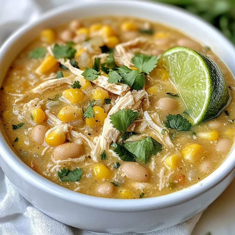 When making white chicken chili, you'll need some key ingredients. Here is what you will need: - 2 cups cooked chicken, shredded - 1 can (15 oz) white beans, drained and rinsed - 1 cup chicken broth - 1 can (4 oz) diced green chiles - 1 medium onion, diced - 3 cloves garlic, minced - 1 teaspoon cumin - 1 teaspoon oregano - ½ teaspoon chili powder - 1 cup corn, fresh or frozen - 1 cup heavy cream or coconut cream - 2 tablespoons olive oil - Salt and pepper to taste - Fresh cilantro, chopped (for garnish) - Lime wedges (for serving) Each ingredient plays a vital role in creating a rich and creamy flavor. The chicken provides protein, while the white beans add heartiness. Green chiles bring a mild kick, and spices like cumin and oregano enhance the depth of flavor. Cream gives the chili its creamy texture, making each bite comforting. The garnishes, like cilantro and lime, add freshness and brightness. Together, these components create a balanced dish that warms your soul. You can mix and match some ingredients to fit your taste, but sticking to this list will give the best results. {{ingredient_image_1}} Sautéing the Onion Start by heating 2 tablespoons of olive oil in a large pot over medium heat. Add the diced onion and cook it for about 5 minutes. You want the onion to be soft and see-through. This step builds a tasty base for your chili. Adding Garlic Next, stir in 3 minced cloves of garlic. Cook this for one more minute. The garlic should smell strong and nice. This adds depth to your dish. Toasting Spices for Flavor Now, sprinkle in 1 teaspoon of cumin, 1 teaspoon of oregano, and ½ teaspoon of chili powder. Stir well to mix the spices with the onion and garlic. Cook this for an extra 1-2 minutes. Toasting the spices brings out their flavors. Mixing Chicken and Beans It’s time to add the fun stuff! Put in 2 cups of shredded cooked chicken, 1 can of drained white beans, and 1 can of diced green chiles. These ingredients make the chili hearty. Adding Broth and Corn Next, pour in 1 cup of chicken broth and 1 cup of corn. Stir everything together. This mixture will become the chili base. Establishing a Simmer Now bring your chili to a simmer. Let it cook for about 15-20 minutes. Stir it occasionally to let all the flavors mix well. Choosing Between Heavy Cream and Coconut Cream After simmering, reduce the heat to low. Stir in 1 cup of heavy cream or coconut cream if you want a dairy-free option. Heat this for about 5 more minutes. This makes your chili creamy and rich. Adjusting Salt and Pepper Taste your chili and add salt and pepper as needed. This step is key for balancing all the flavors. Once seasoned, serve it hot in bowls, garnished with fresh cilantro and lime wedges. - Methods for Shredding Chicken To shred chicken easily, use two forks. Hold one fork steady, and pull the chicken apart with the other. You can also use a stand mixer. Just place the cooked chicken in the bowl and mix on low. This method saves time and gives you nice, even shreds. - Enhancing Flavor Profiles with Spices Spices make all the difference in white chicken chili. I love to use cumin and oregano. These spices bring warmth and depth. Don't skip the chili powder; it adds a nice kick. Toasting these spices in olive oil before adding other ingredients helps unlock their full flavor. This simple step makes your dish pop. - Garnishing Ideas For a fresh touch, chop cilantro and sprinkle it on top of your chili. It adds color and a burst of flavor. You can also add a squeeze of lime. The citrus brightens the dish and balances the creaminess. For crunch, serve with tortilla chips on the side. - Serving Suggestions Serve the chili in deep bowls. This keeps it warm longer. You can place lime wedges beside each bowl. Guests love to customize their bowls with lime juice. This creates a fun dining experience. - Recommended Cookware Use a large pot for this chili. A heavy-bottomed pot works best as it heats evenly. This helps prevent burning and sticking. A good pot makes all the difference. - Utensils for Preparation You will need a cutting board and sharp knife for chopping. A wooden spoon is great for stirring. Don't forget measuring cups and spoons for accuracy. These tools help ensure your chili turns out just right. Pro Tips Use Rotisserie Chicken: For a quicker meal, use store-bought rotisserie chicken. It saves time without sacrificing flavor! Adjust Spice Level: If you prefer a spicier chili, add more chili powder or diced jalapeños to the mix. Make it Ahead: This chili tastes even better the next day! Make a batch and let it sit overnight in the fridge to allow the flavors to meld. Garnish Variations: Experiment with different garnishes like avocado slices, sour cream, or shredded cheese to enhance the flavor and presentation. {{image_2}} Dairy-Free Options You can easily make this chili dairy-free. Just swap heavy cream for coconut cream. This gives a nice, creamy texture without any dairy. It also adds a hint of sweetness. Bean-Free Options If you prefer to avoid beans, simply leave them out. You can add more chicken or corn instead. This keeps your chili hearty and satisfying without beans. Substituting Chicken You can use turkey instead of chicken. Cooked turkey works just as well and tastes great. Shredded rotisserie turkey is a quick option. Using Different Beans While white beans are classic, you can use black beans or pinto beans. These add a different flavor and color. Just make sure to drain and rinse them first. Adding Extra Vegetables Feel free to add more veggies. Bell peppers, zucchini, or spinach work well. Just chop them up and toss them in with the other ingredients. This boosts nutrition and flavor. Incorporating Different Spices You can change the spice mix to suit your taste. Try adding smoked paprika for a smoky flavor. A pinch of cayenne can also add heat if you like it spicy. To keep your white chicken chili fresh, follow these steps: - Refrigeration Guidelines: Store the chili in an airtight container. It can stay in the fridge for up to four days. - Freezing Instructions: For longer storage, freeze the chili in a freezer-safe container. Leave some space at the top for expansion. It can last for up to three months in the freezer. When it’s time to enjoy your leftovers, here are the best methods: - Best Methods for Reheating: Reheat on the stove over medium heat. Stir often to avoid burning. You can also use the microwave. Heat in short bursts and stir in between. Understanding how long your chili lasts is key: - Duration in Refrigerator: In the fridge, your chili will keep fresh for about four days. - Duration in Freezer: In the freezer, it can stay good for up to three months. Just make sure to label the container with the date. White chicken chili is a warm and creamy dish. It blends chicken, beans, and spices. This chili often uses white beans like cannellini or great northern. The dish gets its creaminess from heavy cream or coconut cream. Diced green chiles add a mild kick. Together, these ingredients create a hearty meal. Yes, you can make white chicken chili ahead of time. Prepare the chili and let it cool. Store it in an airtight container in the fridge. It stays fresh for about three days. You can also freeze it for up to three months. Just thaw it overnight in the fridge before reheating. White chicken chili is not very spicy. The green chiles add a mild flavor. If you want more heat, add extra chili powder or fresh jalapeños. Adjust the spices to match your taste. This dish is great for everyone, even those who dislike spicy food. You can serve white chicken chili with many sides. Here are some great options: - Tortilla chips for crunch - Rice for a filling option - Cornbread for a sweet touch - A fresh salad for brightness These sides complement the rich flavors of the chili. Yes, you can use dried beans. Start by soaking the beans overnight. This helps them cook faster. After soaking, boil them until tender, about one to two hours. Drain and rinse before adding to the chili. Dried beans add great flavor but take longer to prepare. You now know how to create delicious white chicken chili. We covered ingredients, cooking steps, and helpful tips. You can experiment with different flavors and ingredients to tailor it to your taste. Remember to store leftovers properly for future enjoyment. With this knowledge, you can confidently make a tasty meal that pleases everyone. Enjoy your cooking journey and share this recipe with friends and family!