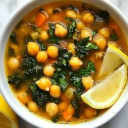 - Chickpeas and Broth - 2 cans (15 oz each) chickpeas, drained and rinsed - 4 cups vegetable broth - Vegetables and Seasonings - 1 medium onion, finely chopped - 3 cloves garlic, minced - 2 medium carrots, diced - 1 celery stalk, diced - 1 teaspoon ground cumin - 1 teaspoon smoked paprika - 1/2 teaspoon turmeric powder - 2 cups kale, chopped - 2 tablespoons olive oil - Salt and pepper to taste - Optional Garnishes - Fresh parsley, for garnish - Lemon wedges, for serving In my kitchen, I love to keep it simple yet flavorful. The base of this soup starts with chickpeas and broth. Chickpeas are packed with protein and fiber. They give the soup a nice, hearty feel. I always use two cans for the best taste. Vegetable broth adds depth, making every spoonful rich and warm. Next come the vegetables. I finely chop one medium onion, which gives the soup a sweet base. Three cloves of minced garlic add a punch of flavor. I dice two medium carrots and one celery stalk for crunch and color. These fresh veggies make the soup bright and lively. Now, let’s talk about the spices. Ground cumin and smoked paprika bring warmth and a smoky note. Just half a teaspoon of turmeric powder adds a lovely golden hue and health benefits. Finally, I toss in two cups of chopped kale. It wilts beautifully and adds nutrients. For cooking, I use two tablespoons of olive oil. This enhances the flavor and gives the soup a silky texture. Don’t forget the seasonings! Salt and pepper are key to balance the flavors. For garnishes, fresh parsley adds a pop of color, and lemon wedges bring a zesty touch. These small details make the soup shine. {{ingredient_image_1}} Sautéing the Onions and Vegetables Start by heating 2 tablespoons of olive oil in a large pot over medium heat. Once the oil is hot, add 1 medium finely chopped onion. Cook the onion for about 3 to 4 minutes. You want it to turn translucent. Next, add 3 minced garlic cloves, 2 diced carrots, and 1 diced celery stalk. Stir these vegetables together and let them cook for about 5 minutes. Stir occasionally to keep them from burning. Adding Spices and Chickpeas Now, it's time to add flavor. Sprinkle in 1 teaspoon of ground cumin, 1 teaspoon of smoked paprika, and 1/2 teaspoon of turmeric powder. Stir the spices into the mix and let them toast for about 1 minute. This helps bring out their rich flavors. After that, add the 2 cans of drained and rinsed chickpeas and 4 cups of vegetable broth. Turn up the heat and bring the soup to a gentle boil. Cooking the Soup Once boiling, reduce the heat to low. Let the soup simmer for 10 minutes. This allows all the flavors to blend nicely. After 10 minutes, stir in 2 cups of chopped kale. Cook for an additional 3 to 5 minutes until the kale wilts. Finally, season the soup with salt and pepper to your liking. Serve hot, and don’t forget to garnish with fresh parsley and a lemon wedge for a bright finish. Enjoy your warm, comforting bowl of Minute Chickpea Soup! Sautéing is key to building flavor in this soup. Start with medium heat. Heat the olive oil until it shimmers. Add the chopped onion and cook until it looks clear. This takes about 3-4 minutes. Next, add garlic, carrots, and celery. Cook for 5 minutes. Stir often to keep things from sticking. This step adds depth to the soup. Spices are the heart of this dish. Ground cumin and smoked paprika give it warmth. Adjust these spices to your taste. If you like heat, add a pinch of cayenne pepper. For a brighter flavor, a bit of lemon zest works well too. Remember, taste as you go. You can always add more, but it’s hard to take away. Garnishes add a fun touch to your soup. Fresh parsley gives color and freshness. Lemon wedges are great for a zesty kick. Just squeeze a little on top before you eat. You can also add a dollop of yogurt or sour cream for creaminess. These simple changes make your bowl of soup feel special. Pro Tips Soak Your Chickpeas: If you prefer using dried chickpeas, soak them overnight to reduce cooking time and enhance digestibility. Flavor Boost: Add a splash of soy sauce or tamari for an umami kick, enhancing the soup's depth of flavor. Greens Galore: Feel free to substitute kale with spinach or Swiss chard, depending on your preference and availability. Leftover Magic: This soup keeps well in the fridge for up to 3 days; the flavors will deepen, making it an even more delicious leftover meal. {{image_2}} Different Beans or Lentils You can swap chickpeas for other beans. Try black beans, kidney beans, or lentils. Each option adds a unique taste and texture. For lentils, remember to adjust cooking times. They cook faster than chickpeas. Vegetable Options Feel free to mix in your favorite veggies. Spinach, zucchini, or bell peppers work well. You can even add corn for a sweet crunch. The soup is flexible, so use what you have! Dairy-Free Alternatives If you want a dairy-free version, skip the cheese. Instead, add a splash of coconut milk for creaminess. You can also use cashew cream for a rich flavor. These swaps keep the soup tasty and light. Side Dishes Pair this soup with crusty bread or a fresh salad. A simple green salad adds crunch and color. You can also serve it with warm pita for dipping. These sides make any meal more filling. Meal Pairings For a complete meal, serve the soup with grilled chicken or fish. The protein balances the soup's warmth. You can also enjoy it with a grain bowl. Quinoa or rice adds heartiness to your dinner. To keep your Minute Chickpea Soup fresh, store it in an airtight container. This helps lock in flavors and moisture. Place it in the fridge as soon as it cools down. The soup stays good for about 3 to 4 days. You can freeze Minute Chickpea Soup for later use. Let it cool completely before transferring it to freezer-safe containers. Leave some space at the top for expansion. It can last for up to 3 months in the freezer. When you are ready to enjoy your frozen soup, thaw it overnight in the fridge. Reheat it in a pot over medium heat. Stir occasionally to warm it evenly. If it seems thick, add a splash of vegetable broth or water to loosen it up. It takes about 25 minutes to make Minute Chickpea Soup. You spend 10 minutes prepping the ingredients. Then, cooking the soup takes around 15 minutes. This soup is quick and easy, perfect for a busy day. Yes, you can use dried chickpeas. Just remember to soak them first. Soaking helps them cook faster. You will need to boil them for about 1 to 2 hours. After boiling, you can add them to the soup like canned chickpeas. If you don’t have kale, you can use spinach or Swiss chard. Both greens cook quickly and add good flavor. You can also try collard greens. Just chop them up like you would with kale. Whatever you choose, add them near the end of cooking. This way, they stay bright and fresh. In this post, we covered how to make a tasty chickpea soup. We began with the main ingredients, including chickpeas, broth, and fresh veggies. I shared step-by-step instructions to prepare the soup perfectly. You found tips for adding flavor and some variations to try. Don’t forget how to store your soup in the fridge or freezer. With these insights, you can enjoy a delicious meal at home. Now, go make this soup and enjoy the warm flavors!