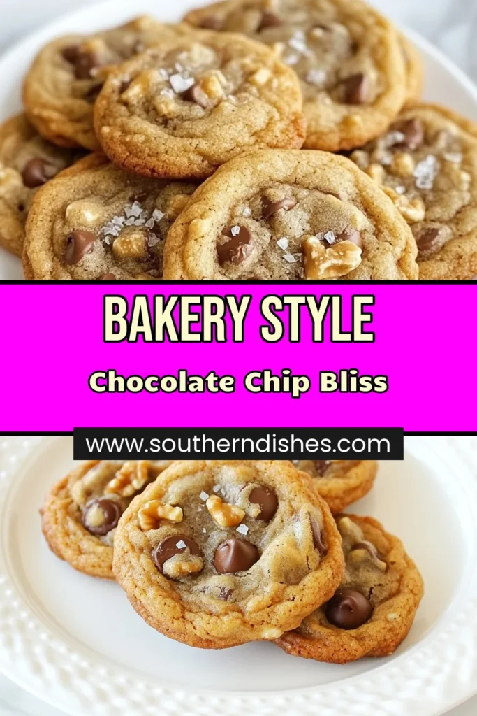 Indulge in the taste of homemade bakery-style chocolate chip cookies that are sure to impress! This soft chocolate chip cookie recipe featuring rich semi-sweet chocolate chips and optional walnuts is perfect for any occasion. Enjoy our easy chocolate chip cookies recipe that results in warm, gooey cookies with a delightful sea salt finish. Click to discover the secret to baking the perfect batch and ensure you save this must-try recipe! #ChocolateChipCookies #Baking #CookieRecipe #YummyCookies