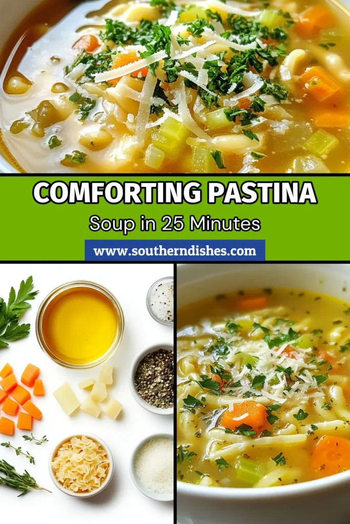 Warm up with this comforting classic pastina soup recipe that's perfect for any day! This homemade pastina soup is made with chicken broth for a rich flavor, but you can easily adapt it to a vegetarian pastina soup using vegetable broth. In just 25 minutes, enjoy a quick soup recipe packed with nutrients from fresh vegetables and aromatic herbs. Don’t miss out—save this recipe and bring a touch of homemade comfort to your table! #PastinaSoup #SoupRecipes #ComfortFood #HomemadeSoup