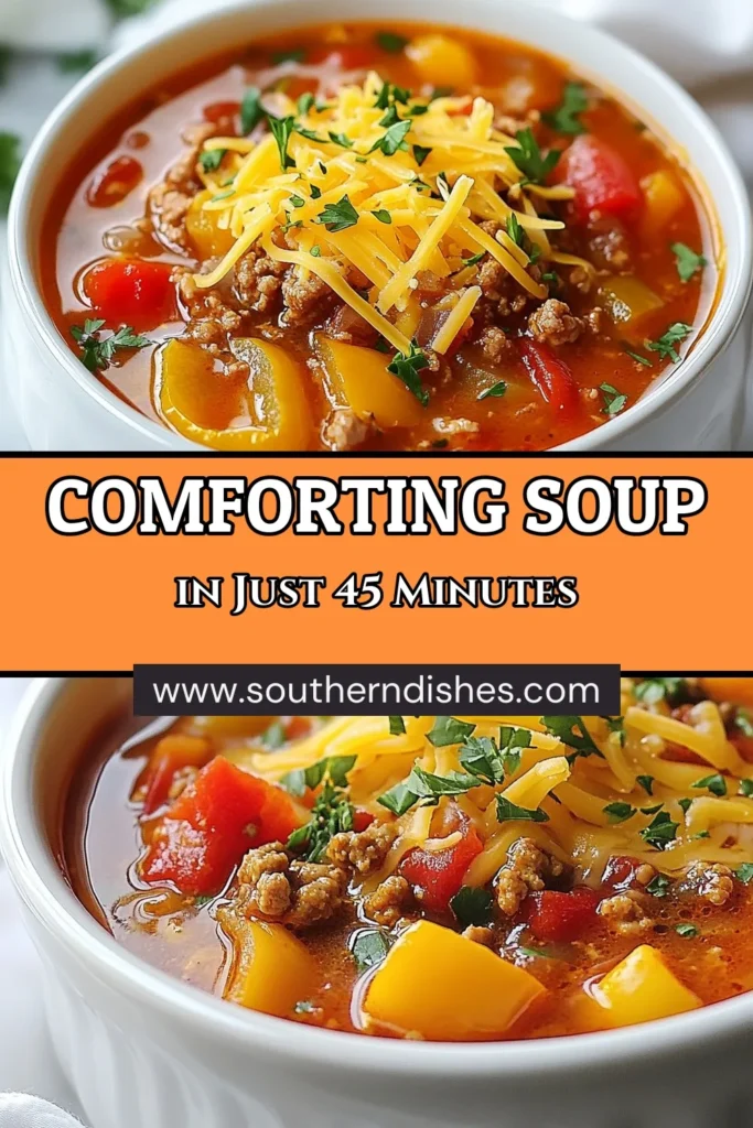 Warm up with this delightful stuffed pepper soup! Packed with colorful bell peppers, ground turkey, and hearty ingredients, this comforting dish is perfect for cozy nights. Discover why it's a favorite among hearty soup recipes. Made with simple ingredients and easy steps, this ground turkey soup satisfies cravings for comfort food soups. Try this delicious recipe today and save for later! #StuffedPepperSoup #ComfortFood #HeartySoupRecipes #BellPepperRecipes