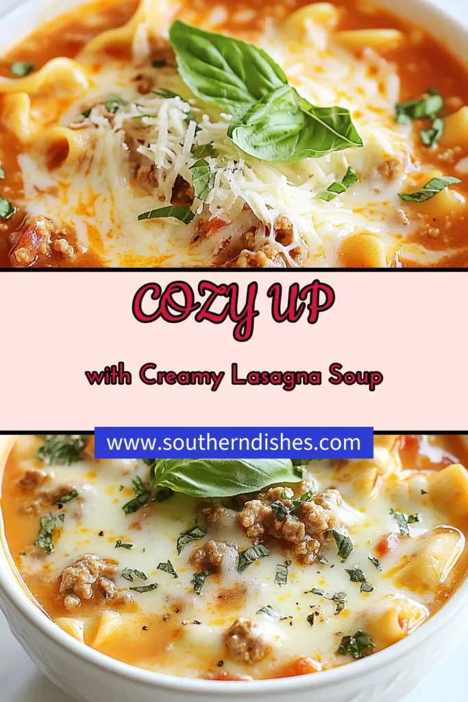 Warm up with this cozy creamy lasagna soup that's quick and easy to make! This delicious lasagna soup recipe combines ground meat, tender noodles, and a rich, creamy broth for a hearty lasagna soup you'll crave. Ideal for chilly nights, this easy lasagna soup is perfect for family dinners. Ready in just 40 minutes, it’s sure to be a hit! Don’t forget to save this cozy soup recipe for later! #LasagnaSoupRecipe #CreamyLasagnaSoup #HeartyLasagnaSoup #CozySoupRecipes