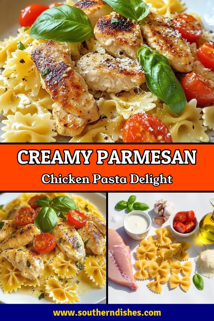 Indulge in this delicious Cheesy Chicken Pasta that's sure to impress! This creamy chicken pasta features farfalle pasta and a rich Parmesan sauce bursting with flavor. Perfect for any weeknight dinner, this Italian chicken pasta is quick to make and simply irresistible. Get the full Parmesan pasta recipe and serve it tonight! Save this recipe for your next meal! #CheesyChickenPasta #ItalianChickenPasta #CreamyChickenPasta #FarfallePastaDish