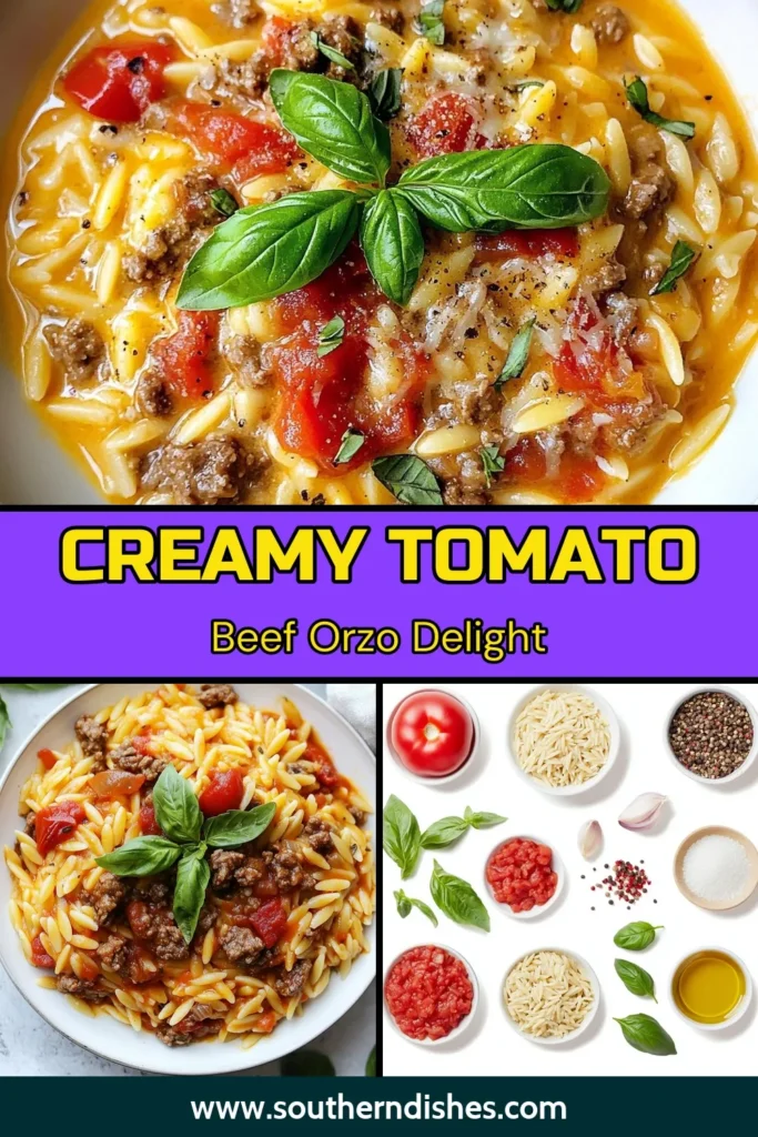 Discover the deliciousness of Tomato Cream Beef Orzo, a creamy beef orzo recipe that's perfect for busy nights. This one-pot orzo pasta dish combines ground beef, tomatoes, and heavy cream for a quick and satisfying meal. Enjoy this easy ground beef recipe that looks great and tastes even better! Save this Italian orzo with tomatoes recipe for your next stress-free dinner! Try it today! #TomatoCreamBeefOrzo #EasyDinner #OnePotMeals #ItalianRecipes
