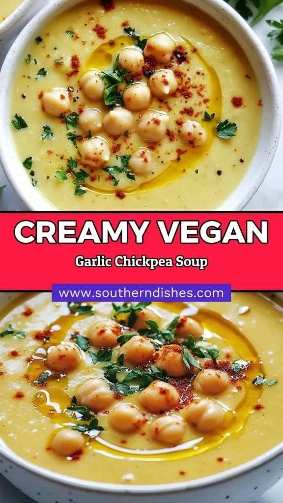 Discover the flavors of this Vegan Garlic Chickpea Soup, packed with nutrition and deliciousness! Perfect for anyone looking for healthy chickpea recipes, this creamy vegan soup features savory vegetables and spices in a rich vegetable broth soup. It’s an easy vegan meal that’s ready in just 30 minutes. Save this recipe for a wholesome dinner tonight! #VeganGarlicChickpeaSoup #HealthyChickpeaRecipes #CreamyVeganSoup #EasyVeganMeals