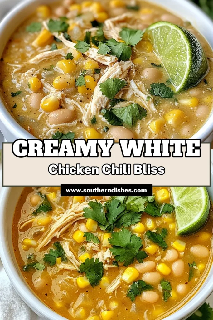Looking for a delicious and easy dinner? Try this Creamy White Chicken Chili! This Easy White Chicken Chili Recipe is packed with flavor, featuring tender chicken, white beans, and corn in a warming broth. Plus, it’s a great Dairy-Free Creamy Chili option using coconut cream! Whip up this Healthy Chicken Chili Recipe in just 40 minutes. Perfect for cozy nights! Save this recipe now! #WhiteBeanChiliWithChicken #HealthyRecipes #ChiliRecipe #DairyFreeCooking