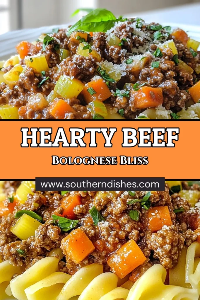 Indulge in this savory beef bolognese recipe that's perfect for family dinners! This hearty pasta sauce features a rich blend of ground beef, fresh veggies, and aromatic herbs. Discover how easy it is to make homemade bolognese that simmers to perfection. Serve it over your favorite pasta for a comforting meal everyone will love. Save this easy bolognese recipe for your next dinner night! #BeefBolognese #PastaRecipes #HomemadeBolognese #EasyRecipes