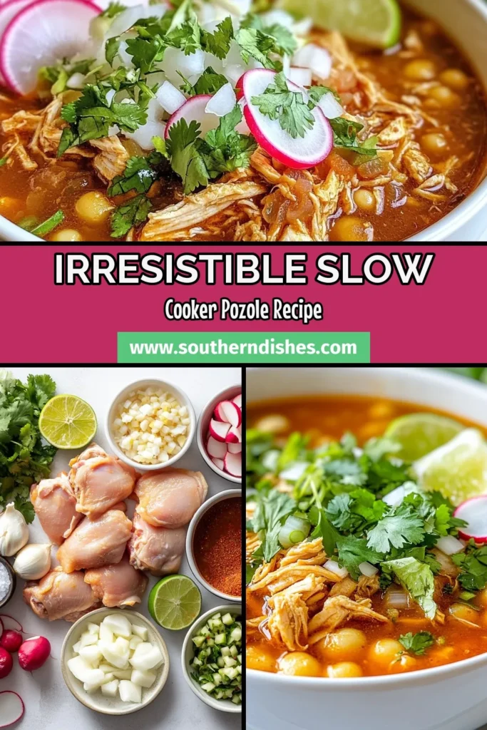 Discover the flavor-packed goodness of this Slow Cooker Pozole! This hearty pozole soup combines tender chicken with hominy, creating an easy hominy soup that’s perfect for any occasion. This chicken pozole recipe is a must-try for fans of Mexican chicken stew recipes. Simply add the ingredients to your slow cooker and enjoy the comforting aroma as it cooks. Save this recipe for a delicious meal! #SlowCookerPozole #HeartySoup #ChickenPozole #EasyHominySoup
