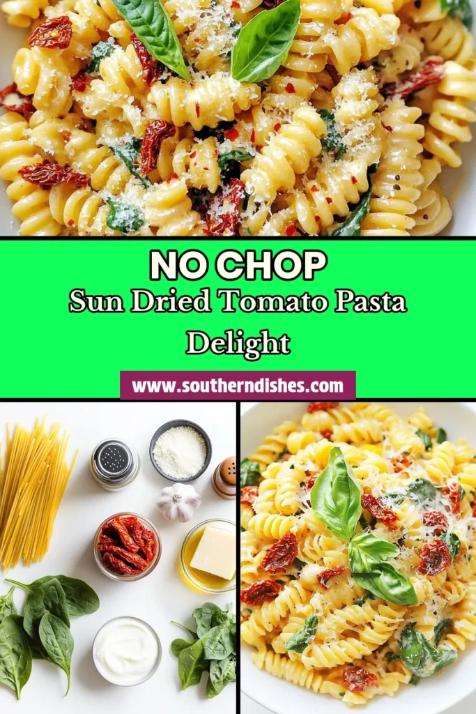 Savor the simplicity of this No-Chop Sun-Dried Tomato Pasta! Perfect for busy nights, this easy pasta recipe combines creamy sun-dried tomato goodness with fresh spinach for a satisfying meal in just 25 minutes. Enjoy a quick vegetarian pasta that’s a one-pot wonder, making clean-up a breeze. Ideal for any night of the week! Save this recipe for later! #NoChopPasta #EasyPastaRecipes #CreamySunDriedTomatoPasta #OnePotPasta