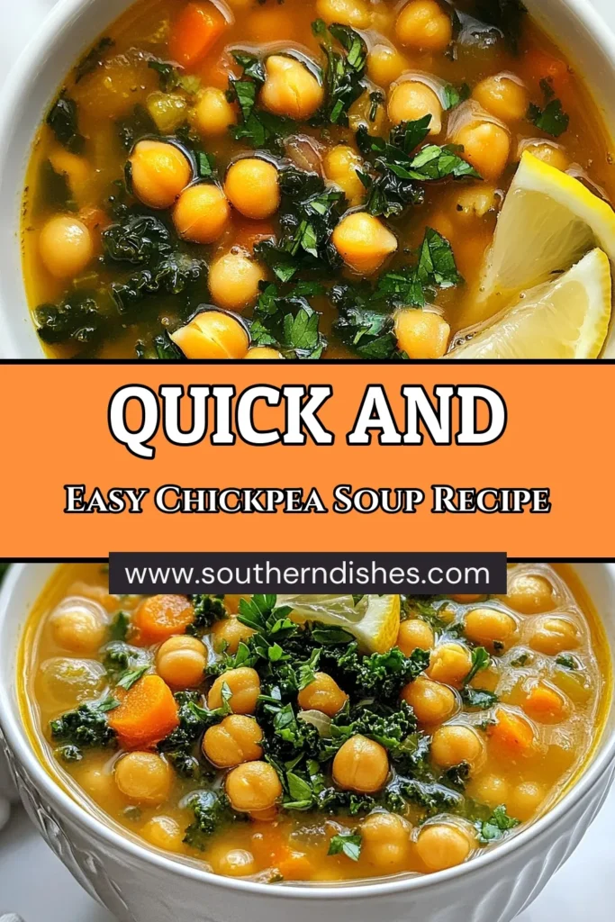 Looking for a quick healthy soup? Try this delicious chickpea soup recipe! This easy vegetable soup combines chickpeas, kale, and aromatic spices for a nutritious and satisfying meal. Perfect for busy weeknights, this vegetarian chickpea soup is ready in just 25 minutes. Don't miss out on the flavor-packed goodness! Save and share this Minute Chickpea Soup recipe today! #ChickpeaSoup #QuickHealthySoup #EasyVegetableSoup #VegetarianChickpeaSoup