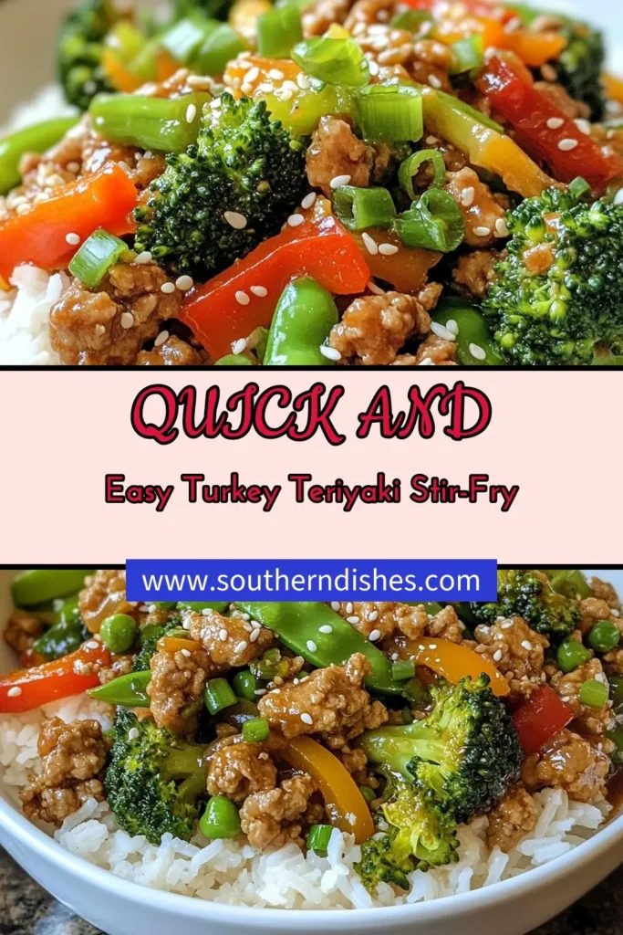 Looking for a delicious and quick weeknight meal? Try this Turkey Teriyaki Stir-Fry! Made with ground turkey and vibrant vegetables, this easy stir-fry dinner is a healthy teriyaki recipe that comes together in just 25 minutes. Perfect for busy nights, it features broccoli, bell peppers, and snap peas in a flavorful teriyaki sauce. Save this healthy ground turkey recipe for a meal that everyone will love! #TurkeyTeriyakiStirFry #EasyStirFryDinner #HealthyTeriyakiRecipes #QuickWeeknightMeals
