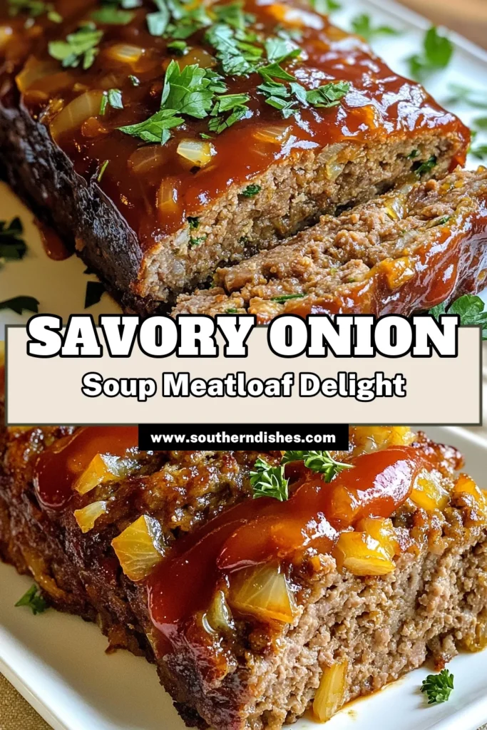 Discover the perfect Onion Soup Meatloaf recipe that combines ease and flavor for a classic dinner. This easy meatloaf with onion soup mix features ground beef, breadcrumbs, and a savory ketchup glaze, making it a family favorite. Learn how to create a homemade meatloaf with ketchup that’s juicy, tender, and delicious. Save this recipe for a meal everyone will love! #OnionSoupMeatloaf #GroundBeefMeatloaf #EasyMeatloaf #ClassicMeatloaf