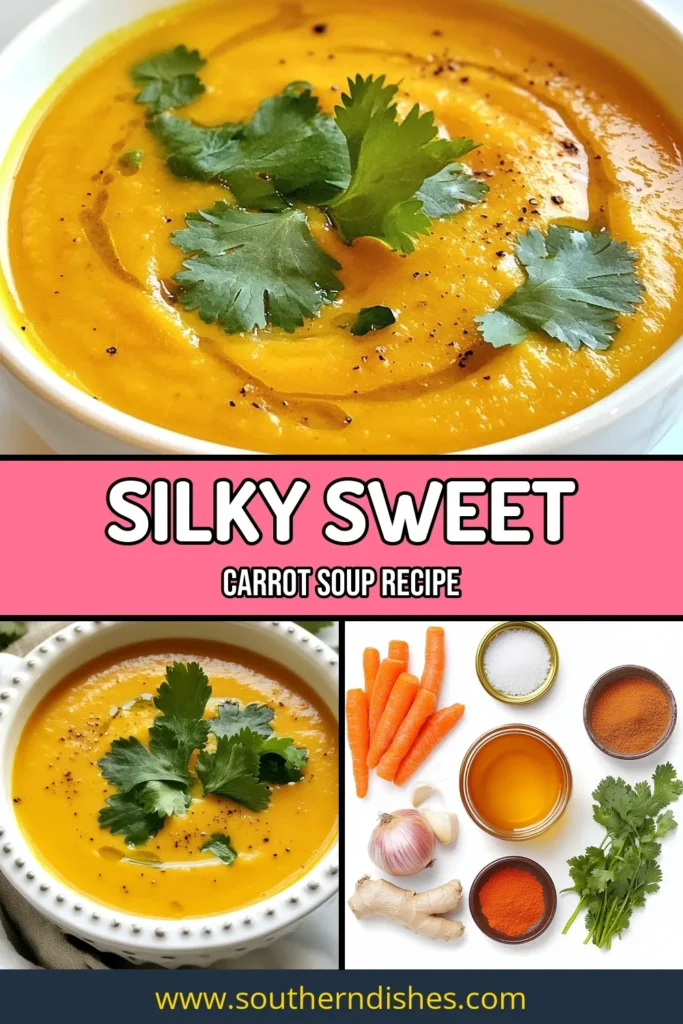 Discover the creamy delight of silky carrot soup, a comforting vegan carrot soup perfect for any occasion. This healthy carrot recipe features fresh carrots blended with rich coconut milk for a velvety texture you’ll love. Enjoy this nutritious coconut milk soup that’s both delicious and easy to make. Ideal for meal prep or a cozy dinner, this silky carrot soup is a must-try! Save this recipe today! #SilkyCarrotSoup #VeganCarrotSoup #CreamyCarrotSoup #HealthyCarrotRecipes