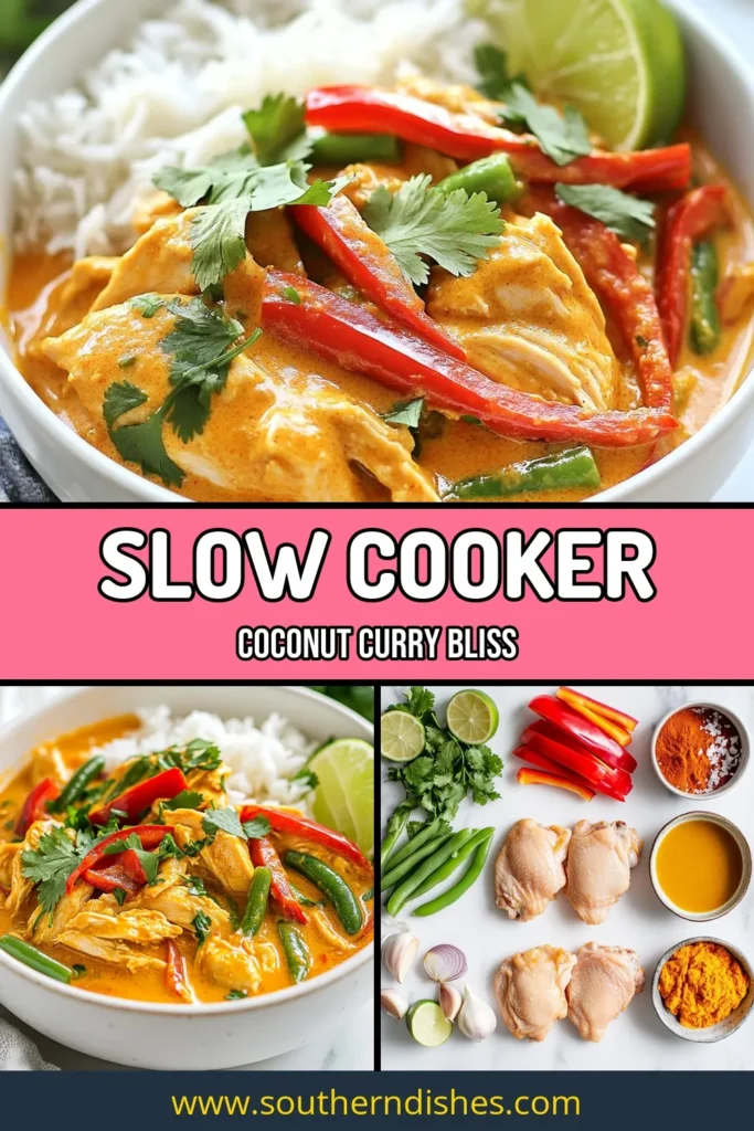 Whip up a delicious Crockpot Coconut Curry Chicken that’s perfect for a busy weeknight! This slow cooker chicken curry is not only an easy coconut curry recipe, but it’s also gluten-free and packed with flavor. With tender chicken thighs simmered in creamy coconut milk and vibrant vegetables, it’s a healthy chicken dinner recipe the whole family will love. Save this recipe for a comforting meal tonight! #CrockpotCurry #SlowCookerRecipes #EasyDinner #GlutenFreeCurry