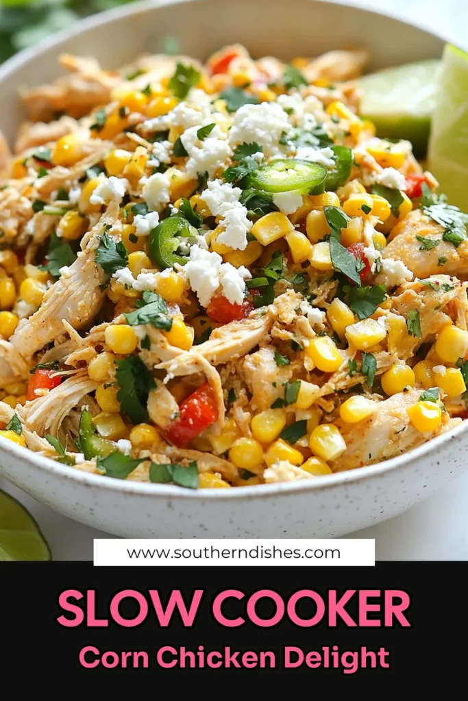 Discover an irresistible slow cooker chicken recipe with our Slow Cooker Street Corn Chicken. This dish combines tender corn chicken thighs with vibrant veggies, perfect for an easy dinner idea that’s packed with flavor. Featuring fresh corn, jalapeños, and a creamy cotija cheese topping, this Mexican chicken recipe is a crowd-pleaser. Try it tonight for a delicious meal! Don't forget to save this for later! #SlowCookerRecipes #EasyDinnerIdeas #MexicanChicken #ComfortFood