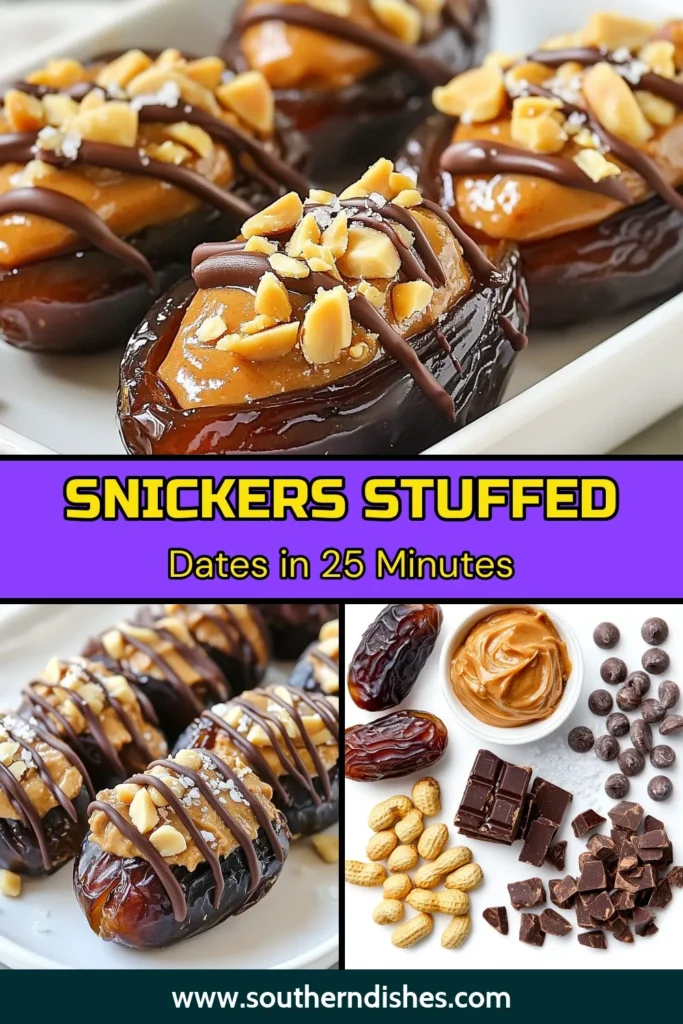 Indulge in a delightful treat with these Snickers stuffed dates! This easy dessert with Snickers takes just 25 minutes to make and combines creamy peanut butter and chocolate drizzled dates for a perfect sweet-salty experience. Try this stuffed Medjool dates recipe for a crowd-pleasing snack that’s sure to impress. Don't forget to save this recipe for later! #SnickersStuffedDates #EasyDessert #PeanutButterStuffedDates #ChocolateDrizzledDates