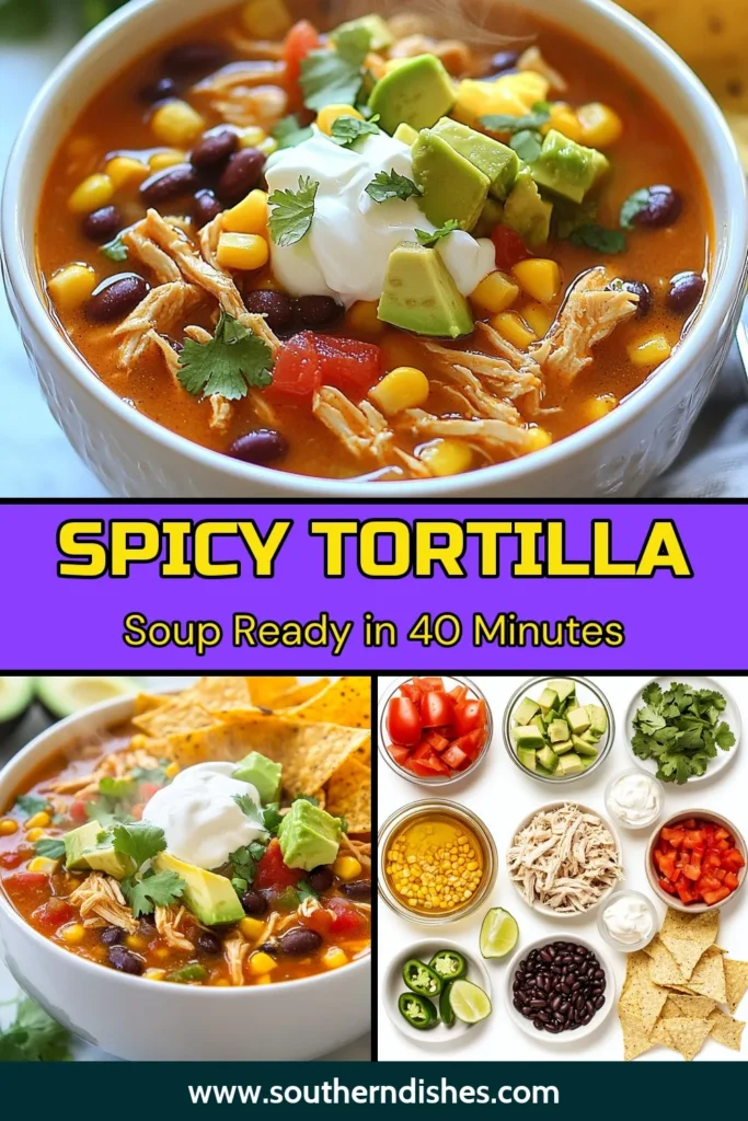 Discover the perfect blend of flavor and comfort with this Zesty Chicken Tortilla Soup! This easy chicken soup recipe brings together healthy ingredients for a spicy tortilla soup that's sure to impress. Packed with chicken, beans, and fresh veggies, each bowl is a satisfying meal. Enjoy homemade tortilla soup in just 40 minutes! Click to get the full recipe and don't forget to save! #ChickenTortillaSoup #EasySoupRecipes #HealthyEating #SpicySoup