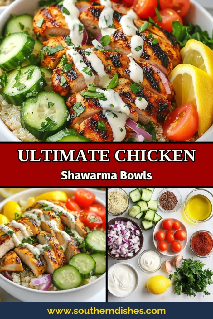 Discover the ultimate Chicken Shawarma Bowl Recipe that's packed with flavor and nutrition! This Grilled Chicken Shawarma is marinated to perfection, served over a Healthy Shawarma Bowl of quinoa, fresh veggies, and a drizzle of tahini sauce. Perfect for meal prep or a weeknight dinner, this Mediterranean Chicken Bowl is sure to impress. Try this Quinoa Shawarma Bowl today for a tasty and wholesome meal! Save and share for delicious inspiration! #ChickenShawarma #HealthyRecipes #MealPrep #QuinoaBowls