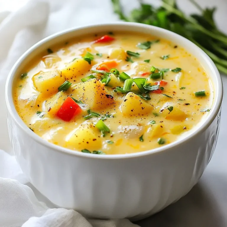 When making Cajun potato soup, you need these main ingredients: - 4 large russet potatoes, peeled and diced - 1 medium onion, chopped - 3 cloves garlic, minced - 1 bell pepper, chopped - 2 stalks celery, chopped - 4 cups vegetable broth - 1 cup heavy cream or coconut milk - 2 tablespoons Cajun seasoning - 1 teaspoon smoked paprika - 1/2 teaspoon black pepper - 1/4 teaspoon cayenne pepper - 2 tablespoons olive oil - Salt to taste - Garnish options: chopped green onions, fresh parsley Each ingredient plays a key role in creating the rich, comforting flavors of this soup. The russet potatoes give it a hearty base, while the onion, garlic, bell pepper, and celery add depth and sweetness. The Cajun seasoning, smoked paprika, and cayenne pepper bring the heat and zest that make this dish stand out. You can choose heavy cream for a rich flavor or coconut milk for a lighter, dairy-free option. Fresh herbs like green onions and parsley not only enhance the look but add a fresh touch to every bowl. Adjust the cayenne pepper to control heat levels for you and your guests. Enjoy crafting this cozy dish! {{ingredient_image_1}} First, heat two tablespoons of olive oil in a large pot over medium heat. Once the oil is hot, add one chopped onion, one chopped bell pepper, and two chopped stalks of celery. Sauté them for about five minutes until they become soft. This mix adds a great base flavor to your soup. After that, stir in three minced garlic cloves. Cook for another minute until you smell the garlic’s rich aroma. Next, it’s time to incorporate the flavor. Add four large russet potatoes, peeled and diced, to the pot. Sprinkle in two tablespoons of Cajun seasoning, one teaspoon of smoked paprika, half a teaspoon of black pepper, and a quarter teaspoon of cayenne pepper. Stir well to coat the potatoes and vegetables with the spices. Pour in four cups of vegetable broth and bring the mixture to a boil. Once boiling, reduce the heat and let it simmer for 20 to 25 minutes, until the potatoes are tender. When the potatoes are cooked, use a potato masher or an immersion blender to blend the soup. You can blend it until creamy or leave it a bit chunky, depending on your taste. After blending, stir in one cup of heavy cream or coconut milk. Bring the soup back to a gentle simmer. Finally, taste it and add salt as needed. This is your chance to get the flavor just right! To make your soup pop, adjust the spice levels. Start with the basic Cajun seasoning. If you like heat, add more cayenne pepper. For less spice, decrease the cayenne. Fresh herbs can also boost flavor. I love using parsley and green onions. They add color and a fresh taste. When blending your soup, choose the right tool. A potato masher gives a chunky texture. An immersion blender creates a smooth soup. Your choice depends on how you like it. Cooking times matter too. For a thicker soup, simmer longer. For a lighter soup, cook for less time. Pair your Cajun Potato Soup with sides that complement it. Crusty bread or a simple salad works great. Both add balance to your meal. For storage, let the soup cool before placing it in the fridge. It keeps well for a few days. When reheating, use low heat to keep flavors intact. Enjoy the warmth and comfort every time! Pro Tips Use Fresh Ingredients: Fresh vegetables enhance the flavor of the soup significantly. Opt for fresh potatoes, onions, and peppers for the best taste. Adjust the Spice Level: Customize the heat by modifying the amount of cayenne pepper. Start with less and add more gradually according to your preference. Blend for Texture: The texture of the soup can be adjusted based on your preference. For a creamier soup, blend thoroughly; for more texture, blend just half. Garnish Generously: Adding fresh herbs like parsley and green onions not only adds flavor but also brightens up the presentation of your soup. {{image_2}} If you want a dairy-free soup, use coconut milk. It gives the soup a creamy feel without dairy. Coconut milk adds a slight sweetness, balancing the spices. This choice makes the soup rich and comforting. You won’t miss the heavy cream. Just swap in equal parts coconut milk for the cream. To make the soup heartier, add proteins like sausage or beans. Andouille sausage works best for a spicy kick. You can also use turkey sausage for a lighter option. If you prefer plant-based choices, black beans or chickpeas are great too. Add them after the potatoes are tender. This way, they warm through without losing their shape. You can adjust the heat level in this soup. If you love spice, add more cayenne pepper. Start with a small amount, then taste before adding more. For milder soup, cut back on the cayenne. You can also add other spices like thyme or oregano. This gives the soup more depth and flavor. Experimenting can lead to your perfect bowl! To store your leftover Cajun potato soup, let it cool first. Place it in an airtight container. Keep it in the fridge for up to four days. This helps to keep the flavors fresh. Always check for any off smells before serving. If you notice anything odd, it’s best to toss it out. If you want to save some soup for later, freezing is a great option. Pour the cooled soup into freezer-safe containers. Leave some space at the top for expansion. Seal tightly and label with the date. You can freeze it for up to three months. When you're ready to eat, just thaw it in the fridge overnight. Reheating your soup properly keeps it tasty. The best way is to use a pot on the stove. Pour the soup in and heat it over low to medium heat. Stir often to avoid sticking. You can also use the microwave. Just heat it in short bursts, stirring in between. This way, you keep the texture and flavor intact. Cajun Potato Soup is a warm, hearty dish. It brings together potatoes, veggies, and spices. This soup has a rich flavor from Cajun seasoning. The combination of cream adds a nice touch. You can enjoy it as a meal or a starter. Each bowl feels cozy and comforting. Making Cajun Potato Soup takes about 40 minutes. Prep time is around 10 minutes. You will spend about 30 minutes cooking. This includes sautéing, boiling, and blending. It’s quick and perfect for a busy day. Yes, you can make Cajun Potato Soup ahead of time. Prepare the soup, cool it down, and store it in the fridge. It can stay fresh for about three days. When ready to eat, just reheat it on the stove. For best results, avoid adding cream until you reheat. This keeps the soup creamy and delicious. Cajun Potato Soup is a tasty dish with simple, fresh ingredients. You start by sautéing veggies, then simmering the potatoes with spices. Blending it creates a smooth texture, and adding cream gives it richness. You can adjust flavors, explore variations, and store leftovers well. This soup is not just good; it’s fun to make. Enjoy your cooking and share this dish with friends! It’s a meal that brings warmth to any table.