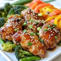 - 4 boneless, skinless chicken thighs - 1/2 cup low sodium teriyaki sauce - 2 tablespoons sesame oil - 2 tablespoons honey - 2 cloves garlic, minced - 1 inch ginger, grated - 1 cup fresh broccoli florets - 1 red bell pepper, sliced - 1 cup sugar snap peas - 1 cup carrots, sliced - 1 tablespoon sesame seeds - Chopped green onions - Salt and pepper to taste When making Sheet Pan Teriyaki Chicken, the right ingredients make all the difference. First, you'll need chicken thighs. They stay juicy and cook well in the oven. The marinade is key to great flavor. You need low sodium teriyaki sauce, sesame oil, honey, minced garlic, and grated ginger. This mix gives the chicken a sweet and savory taste. For the veggies, you want colors and crunch. Fresh broccoli, red bell pepper, sugar snap peas, and sliced carrots work great. They add texture and nutrition to your dish. Lastly, garnishes like sesame seeds and chopped green onions give your meal a beautiful finish. Sprinkle these on top just before serving. A pinch of salt and pepper can also enhance the flavors. This combination makes the dish not just tasty but also visually appealing. {{ingredient_image_1}} - Preheat oven to 400°F (200°C). - Line a baking sheet with parchment paper. - In a bowl, mix teriyaki sauce, sesame oil, honey, garlic, and ginger. - Place the chicken in a zip-top bag. Pour half of the marinade over it. - Seal the bag and let it sit for at least 15 minutes. - In another bowl, combine broccoli, bell pepper, sugar snap peas, and carrots. - Drizzle with olive oil, then add salt and pepper. Toss well. - Take the marinated chicken out of the bag. Place it on one side of the baking sheet. - Spread the prepared vegetables on the other side of the sheet. - Drizzle the remaining marinade over both the chicken and vegetables. - Roast in the oven for 25-30 minutes. - Use a meat thermometer to ensure the chicken reaches 165°F (75°C). - Once cooked, take the dish out of the oven. Let it rest for a few minutes. - Sprinkle sesame seeds and chopped green onions on top before serving. To get the best flavor, marinate the chicken longer. I recommend at least 15 minutes. For even more taste, let it sit overnight. That way, the chicken absorbs all the yummy flavors. Use a zip-top bag to coat the chicken. This helps cover every bit of the meat with the marinade. You will be amazed at how juicy the chicken tastes. Cut your vegetables into uniform sizes. This helps them cook evenly and look great on the plate. For example, slice carrots and bell peppers about the same thickness. Use a meat thermometer to check the chicken. Make sure it reaches 165°F (75°C) to ensure it is safe to eat. This step is key to avoid undercooked meat. Line your baking sheet with parchment paper. This makes cleanup super easy. Once the meal is done, just toss the paper away. I also suggest cleaning as you go. If you rinse your tools and bowls right away, you will have less mess later. This way, you can enjoy your meal without the stress of a messy kitchen. Pro Tips Marinate Longer for More Flavor: For the best flavor infusion, marinate the chicken for at least an hour or overnight if time allows. This allows the spices and sauces to penetrate the meat more deeply. Cut Vegetables Evenly: Ensure all vegetables are cut to a similar size to ensure even cooking. This way, they will roast at the same rate and achieve the perfect tenderness. Use Fresh Ingredients: Fresh garlic and ginger can make a significant difference in flavor. Always opt for fresh over pre-minced or jarred versions for the best taste. Check Chicken Doneness: Use a meat thermometer to check that the chicken has reached an internal temperature of 165°F (75°C) to ensure it is safely cooked through and juicy. {{image_2}} You can easily swap out vegetables in this dish. For a fun twist, replace broccoli with green beans. Green beans add a nice crunch and fresh taste. Another option is to use asparagus instead of sugar snap peas. Asparagus adds a unique flavor and pairs well with teriyaki sauce. Want to kick up the flavor? Add chili flakes for some heat. This small change can make the dish exciting. You can also substitute maple syrup for honey. Maple syrup gives a rich sweetness that works well with the chicken. If you want a change in protein, use chicken breast instead of thighs. Chicken breast will be leaner but still tasty. You can also try shrimp or tofu for a vegetarian option. Both shrimp and tofu soak up the teriyaki sauce nicely, making each bite flavorful. Store any leftovers in an airtight container. This keeps them fresh. You can keep them in the fridge for up to 3 days. Make sure to seal the container well to avoid any odors. When you're ready to eat, just take them out and enjoy! You can freeze the cooked chicken and vegetables for up to 3 months. This is great for meal prep! Just place them in a freezer-safe bag. When you're ready to eat, thaw them in the fridge overnight. This helps them defrost slowly and keeps the flavor intact. To reheat, the oven gives the best result. Preheat the oven to 350°F (175°C). Place the chicken and veggies on a baking sheet. Heat for about 15-20 minutes. You can also use the microwave if you’re short on time. Just place them in a microwave-safe dish. Heat in short bursts, stirring in between, until warm. Enjoy your meal like it’s fresh out of the oven! Yes, chicken breasts or thighs both work well. Chicken thighs have more flavor and stay juicy. Chicken breasts are leaner and cook faster. Choose what you like best. Use a gluten-free teriyaki sauce. Many brands offer gluten-free options made with tamari. Check labels to be sure. This way, you can enjoy the dish without worry. Serve with rice, quinoa, or noodles for a complete meal. These sides soak up the sauce well. You can also add a salad for extra crunch and freshness. Yes, you can marinate the chicken and prepare the vegetables ahead of time. Just store them in the fridge. This makes cooking easy on busy days. This recipe brings together tasty chicken, fresh veggies, and savory sauce. You learned how to prepare marinated chicken and colorful vegetables on a sheet pan. Using simple tips and tricks can make cooking easier and tastier. Feel free to change ingredients and flavors to fit your taste. Enjoy this meal with rice or noodles for a complete dinner. You now have the tools to create a delicious, healthy dish at home. Happy cooking!