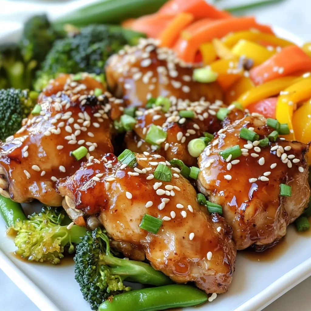 - 4 boneless, skinless chicken thighs - 1/2 cup low sodium teriyaki sauce - 2 tablespoons sesame oil - 2 tablespoons honey - 2 cloves garlic, minced - 1 inch ginger, grated - 1 cup fresh broccoli florets - 1 red bell pepper, sliced - 1 cup sugar snap peas - 1 cup carrots, sliced - 1 tablespoon sesame seeds - Chopped green onions - Salt and pepper to taste When making Sheet Pan Teriyaki Chicken, the right ingredients make all the difference. First, you'll need chicken thighs. They stay juicy and cook well in the oven. The marinade is key to great flavor. You need low sodium teriyaki sauce, sesame oil, honey, minced garlic, and grated ginger. This mix gives the chicken a sweet and savory taste. For the veggies, you want colors and crunch. Fresh broccoli, red bell pepper, sugar snap peas, and sliced carrots work great. They add texture and nutrition to your dish. Lastly, garnishes like sesame seeds and chopped green onions give your meal a beautiful finish. Sprinkle these on top just before serving. A pinch of salt and pepper can also enhance the flavors. This combination makes the dish not just tasty but also visually appealing. {{ingredient_image_1}} - Preheat oven to 400°F (200°C). - Line a baking sheet with parchment paper. - In a bowl, mix teriyaki sauce, sesame oil, honey, garlic, and ginger. - Place the chicken in a zip-top bag. Pour half of the marinade over it. - Seal the bag and let it sit for at least 15 minutes. - In another bowl, combine broccoli, bell pepper, sugar snap peas, and carrots. - Drizzle with olive oil, then add salt and pepper. Toss well. - Take the marinated chicken out of the bag. Place it on one side of the baking sheet. - Spread the prepared vegetables on the other side of the sheet. - Drizzle the remaining marinade over both the chicken and vegetables. - Roast in the oven for 25-30 minutes. - Use a meat thermometer to ensure the chicken reaches 165°F (75°C). - Once cooked, take the dish out of the oven. Let it rest for a few minutes. - Sprinkle sesame seeds and chopped green onions on top before serving. To get the best flavor, marinate the chicken longer. I recommend at least 15 minutes. For even more taste, let it sit overnight. That way, the chicken absorbs all the yummy flavors. Use a zip-top bag to coat the chicken. This helps cover every bit of the meat with the marinade. You will be amazed at how juicy the chicken tastes. Cut your vegetables into uniform sizes. This helps them cook evenly and look great on the plate. For example, slice carrots and bell peppers about the same thickness. Use a meat thermometer to check the chicken. Make sure it reaches 165°F (75°C) to ensure it is safe to eat. This step is key to avoid undercooked meat. Line your baking sheet with parchment paper. This makes cleanup super easy. Once the meal is done, just toss the paper away. I also suggest cleaning as you go. If you rinse your tools and bowls right away, you will have less mess later. This way, you can enjoy your meal without the stress of a messy kitchen. Pro Tips Marinate Longer for More Flavor: For the best flavor infusion, marinate the chicken for at least an hour or overnight if time allows. This allows the spices and sauces to penetrate the meat more deeply. Cut Vegetables Evenly: Ensure all vegetables are cut to a similar size to ensure even cooking. This way, they will roast at the same rate and achieve the perfect tenderness. Use Fresh Ingredients: Fresh garlic and ginger can make a significant difference in flavor. Always opt for fresh over pre-minced or jarred versions for the best taste. Check Chicken Doneness: Use a meat thermometer to check that the chicken has reached an internal temperature of 165°F (75°C) to ensure it is safely cooked through and juicy. {{image_2}} You can easily swap out vegetables in this dish. For a fun twist, replace broccoli with green beans. Green beans add a nice crunch and fresh taste. Another option is to use asparagus instead of sugar snap peas. Asparagus adds a unique flavor and pairs well with teriyaki sauce. Want to kick up the flavor? Add chili flakes for some heat. This small change can make the dish exciting. You can also substitute maple syrup for honey. Maple syrup gives a rich sweetness that works well with the chicken. If you want a change in protein, use chicken breast instead of thighs. Chicken breast will be leaner but still tasty. You can also try shrimp or tofu for a vegetarian option. Both shrimp and tofu soak up the teriyaki sauce nicely, making each bite flavorful. Store any leftovers in an airtight container. This keeps them fresh. You can keep them in the fridge for up to 3 days. Make sure to seal the container well to avoid any odors. When you're ready to eat, just take them out and enjoy! You can freeze the cooked chicken and vegetables for up to 3 months. This is great for meal prep! Just place them in a freezer-safe bag. When you're ready to eat, thaw them in the fridge overnight. This helps them defrost slowly and keeps the flavor intact. To reheat, the oven gives the best result. Preheat the oven to 350°F (175°C). Place the chicken and veggies on a baking sheet. Heat for about 15-20 minutes. You can also use the microwave if you’re short on time. Just place them in a microwave-safe dish. Heat in short bursts, stirring in between, until warm. Enjoy your meal like it’s fresh out of the oven! Yes, chicken breasts or thighs both work well. Chicken thighs have more flavor and stay juicy. Chicken breasts are leaner and cook faster. Choose what you like best. Use a gluten-free teriyaki sauce. Many brands offer gluten-free options made with tamari. Check labels to be sure. This way, you can enjoy the dish without worry. Serve with rice, quinoa, or noodles for a complete meal. These sides soak up the sauce well. You can also add a salad for extra crunch and freshness. Yes, you can marinate the chicken and prepare the vegetables ahead of time. Just store them in the fridge. This makes cooking easy on busy days. This recipe brings together tasty chicken, fresh veggies, and savory sauce. You learned how to prepare marinated chicken and colorful vegetables on a sheet pan. Using simple tips and tricks can make cooking easier and tastier. Feel free to change ingredients and flavors to fit your taste. Enjoy this meal with rice or noodles for a complete dinner. You now have the tools to create a delicious, healthy dish at home. Happy cooking!