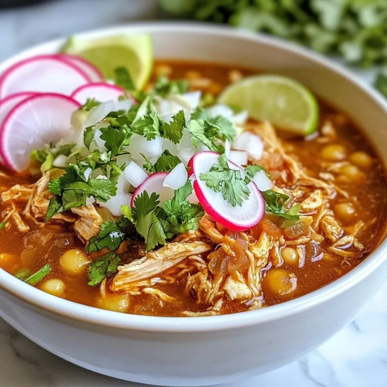 For a rich and hearty pozole, gather these main ingredients: - 2 lbs boneless, skinless chicken thighs - 6 cups chicken broth - 2 (15 oz) cans hominy, drained and rinsed - 1 large onion, chopped - 4 cloves garlic, minced - 2 tsp ground cumin - 1 tsp dried oregano - 1 tsp smoked paprika - 1-2 medium jalapeños, diced (adjust for heat) - Salt and pepper to taste These ingredients create a base full of flavor. The chicken thighs add protein and richness. Chicken broth gives depth, while hominy provides texture. To enhance your pozole, consider these optional garnishes: - Fresh lime wedges (for serving) - Chopped cilantro (for garnish) - Sliced radishes (for garnish) - Shredded cabbage (for garnish) These toppings add freshness and crunch. The lime juice brings brightness, while cilantro adds a herby note. The right spices make your pozole stand out. Use these seasonings: - Ground cumin for warmth - Dried oregano for earthiness - Smoked paprika for a hint of smokiness These spices create a rich flavor profile. Adjust the seasonings to your taste. Feel free to experiment and find your perfect balance. {{ingredient_image_1}} Start by gathering your ingredients. You will need: - 2 lbs boneless, skinless chicken thighs - 6 cups chicken broth - 2 (15 oz) cans hominy, drained and rinsed - 1 large onion, chopped - 4 cloves garlic, minced - 2 tsp ground cumin - 1 tsp dried oregano - 1 tsp smoked paprika - 1-2 medium jalapeños, diced (adjust for heat) - Salt and pepper to taste First, chop the onion and mince the garlic. If you like heat, dice the jalapeños to your taste. In the slow cooker, add the chicken thighs, chopped onion, minced garlic, and jalapeños. Sprinkle in the cumin, oregano, smoked paprika, salt, and pepper. Pour the chicken broth over everything. Make sure all the ingredients get submerged. Cover the slow cooker. Cook on low for 6-7 hours or on high for 3-4 hours. Your chicken will be tender and ready to shred. After cooking, carefully take out the chicken thighs. Use two forks to shred the chicken. Return the shredded chicken to the slow cooker. Now, add the drained hominy and stir everything well. Let it heat through for about 15-20 minutes. Taste the pozole and adjust the seasoning if needed. To make the best slow cooker pozole, start with good meat. I suggest using boneless, skinless chicken thighs. They stay juicy and tender. Always cut your veggies evenly. This helps them cook at the same rate. Layer your ingredients in the slow cooker, starting with meat and then veggies. Pour the broth last to cover everything. One common mistake is overcooking the chicken. It can become dry. Stick to the cooking times. Another mistake is not tasting the dish. Always check the seasoning before serving. You may need to add more salt or spices. Lastly, don’t skip the garnishes. They add fresh flavor and texture. To boost flavor, add fresh herbs like cilantro at the end. You can also squeeze lime juice over the dish before serving. For a richer taste, try adding a bit of smoked paprika. If you like heat, toss in more jalapeños. To improve texture, use hominy that’s drained well. This prevents excess water from making your pozole watery. Pro Tips Choose Quality Chicken: Opt for organic or free-range chicken thighs for a richer flavor and better texture. Adjust Spice Level: If you prefer a milder pozole, remove the seeds from the jalapeños or substitute with a milder pepper. Garnish for Freshness: Fresh cilantro, radishes, and lime add brightness to the dish, enhancing the overall flavor and presentation. Make it Ahead: This pozole tastes even better the next day, making it a great make-ahead meal for busy weeknights. {{image_2}} If you want a vegetarian or vegan pozole, you can easily swap the chicken. Use jackfruit or mushrooms for a meaty texture. You can also add more beans, like black beans or pinto beans. Replace the chicken broth with vegetable broth for a rich flavor. This version still packs a delicious punch, so you won't miss the meat! Pozole is not just for chicken. You can use pork or beef for a twist. For pork, go for pork shoulder; it becomes tender and pulls apart easily. Use beef chuck or brisket for a heartier option. Just adjust the cooking time to make sure the meat is tender. Each meat brings its own flavor, making your pozole unique. Pozole has many regional styles across Mexico. In Guerrero, you’ll find pozole rojo, made with red chilies for a smoky taste. In Jalisco, the pozole is often green, using tomatillos and green chilies. In some areas, you might even see seafood in pozole! Each region adds its own special touch, giving you plenty of ways to enjoy this classic dish. First, let your pozole cool down. Then, transfer it to an airtight container. Store it in the fridge for up to three days. Make sure to keep the garnishes separate. This way, they stay fresh and crisp. When you want to enjoy your leftovers, heat them on the stove. Pour the pozole into a pot. Heat it over medium heat. Stir often to avoid sticking. If it seems too thick, add a little broth or water. You can also microwave it. Use a microwave-safe bowl and cover it loosely. Heat in short bursts, stirring between each one. Freezing pozole is easy. First, let it cool completely. Then, pour it into freezer-safe bags or containers. Remove as much air as possible. Label the bags with the date. Pozole can last up to three months in the freezer. When you're ready to eat, thaw it in the fridge overnight. Reheat it on the stove for the best flavor. If you can't find hominy, you have options. You can use canned corn as a substitute. It won’t have the same texture, but it works well. You could also use cooked white beans. They add creaminess and some protein. Both options will keep your pozole tasty. Yes, you can cook pozole on the stove. Just follow the same steps as in the slow cooker. Start by sautéing the onion and garlic in a pot. Then, add the chicken and spices. Pour in the broth and bring it to a boil. Simmer for about 30-40 minutes. Shred the chicken and add the hominy. Let it heat through and enjoy! The spice level depends on the jalapeños. If you use one, it will be mild. If you want more heat, add two jalapeños. You can also remove the seeds for less spice. Taste the broth before serving. You can always add hot sauce later if you like it spicier! You can make a great slow cooker pozole by using key ingredients and spices. Follow the easy steps to prepare, cook, and enjoy it. Remember to avoid common mistakes and use the tips to boost flavor. There are many ways to change the recipe to fit your taste, including vegetarian options. Store leftovers properly to keep them fresh. With this guide, you have all the info to make a delicious meal. Enjoy your culinary adventure with pozole!