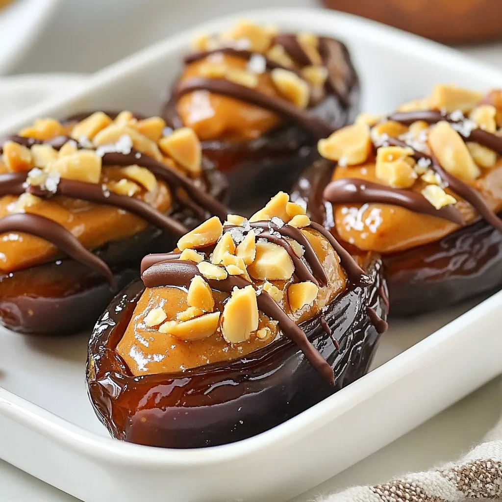To make Snickers stuffed dates, you need a few simple ingredients. Here’s what you’ll need: - 12 Medjool dates, pitted - 1 cup creamy peanut butter - 1/2 cup chopped Snickers bars (about 2 full-size bars) - 1/4 cup chopped roasted peanuts - 1/4 cup dark chocolate chips - Sea salt, for sprinkling These ingredients come together to create a sweet treat that is hard to resist. Medjool dates are soft and sweet. They make a perfect base for our filling. Creamy peanut butter adds richness and flavor, while chopped Snickers gives that delicious chocolate-caramel taste. Roasted peanuts add a nice crunch, making each bite satisfying. Dark chocolate chips provide a decadent touch. Finally, a sprinkle of sea salt enhances all the flavors. You can adjust any ingredient based on your taste. Want it sweeter? Add more Snickers. Prefer a nut-free option? Use sun butter instead of peanut butter. The possibilities are endless! {{ingredient_image_1}} 1. First, preheat your oven to 350°F (175°C). This step warms up the oven for baking. 2. Next, line a baking sheet with parchment paper. This helps the dates not stick. 3. Carefully slice each pitted date lengthwise. Make a pocket but don’t cut all the way through. 1. In a bowl, mix the creamy peanut butter with chopped Snickers bars. Stir until it’s well combined. 2. Now, take each date and stuff it with the peanut butter mixture. Press gently to keep it secure. 3. After stuffing, sprinkle chopped roasted peanuts on top. This adds a nice crunch and texture. 1. Melt dark chocolate chips in a microwave-safe bowl. Do this in 30-second bursts and stir until smooth. 2. Drizzle the melted chocolate over the stuffed dates. Be generous here; it makes them extra tasty. 3. Place the baking sheet in the oven and bake for 10 to 12 minutes. Look for the chocolate to be slightly set. 4. Right after baking, sprinkle a pinch of sea salt on each date. This gives a perfect sweet and salty finish. 5. Let the dates cool slightly before you serve them. Enjoy the delightful mix of flavors! Choosing the right dates: I love using Medjool dates for this recipe. They are sweet and soft. Look for dates that are plump and shiny. Avoid any that feel dry or hard. Adjusting sweetness levels: You can change the amount of Snickers in the mix. If you want it sweeter, add more Snickers. If you prefer less sweetness, use fewer pieces. You can also try different nut butters to find your preferred flavor. Arranging on a plate: To make your stuffed dates pop, use a nice plate. Place the dates in a line or a circle. Drizzle extra melted chocolate on top for a fancy touch. Garnishing ideas: Sprinkle some chopped roasted peanuts on your dates. You can also add a few chocolate shavings for more flair. A light dusting of sea salt adds a nice contrast to the sweetness. Tips for melting chocolate perfectly: Melt dark chocolate in short bursts. Use the microwave for 30 seconds, then stir. Repeat until smooth. Avoid overheating the chocolate to keep it silky. Ensuring filling stays secure: When filling the dates, press gently. Make sure the filling does not spill out. If you worry about it leaking, wrap each date in a small piece of foil before baking. Pro Tips Use Fresh Dates: Opt for fresh Medjool dates as they are naturally sweet and have a chewy texture that complements the filling perfectly. Customize Your Filling: Feel free to experiment with different types of chocolate or nut butters to create your own unique flavor combinations. Chill Before Serving: For a refreshing treat, consider chilling the stuffed dates in the refrigerator for about 30 minutes before serving. Presentation Matters: Enhance the visual appeal by drizzling extra melted chocolate and adding a sprinkle of colorful toppings like crushed candy or edible glitter. {{image_2}} You can customize your Snickers stuffed dates with different candy bars. Try using Milky Way or Twix for a new twist. Each candy brings its own flavor, making your treat unique. If you want a nutty touch, swap Snickers for Reese's Peanut Butter Cups. The creamy peanut butter pairs well with chocolate and caramel. Nut butter options are also great. You can use almond butter or cashew butter instead of peanut butter. Each nut butter adds its own taste, enhancing the flavor of the dates. For a fun twist, mix in some honey or maple syrup for added sweetness. If you need gluten-free options, this recipe is already safe. All ingredients are naturally gluten-free. Always check candy labels to confirm they meet your needs. For vegan options, replace the creamy peanut butter with a plant-based alternative. Use a vegan chocolate brand for the drizzle. Many dark chocolates are dairy-free, so read labels carefully to ensure they fit your diet. Adding spices or extracts can elevate the flavor of your stuffed dates. A dash of cinnamon or a hint of vanilla can bring warmth and depth. You can even try a touch of sea salt mixed with the filling for a sweet and salty combo. Using different types of chocolate can also enhance your treats. White chocolate gives a creamy flavor, while milk chocolate offers sweetness. Feel free to experiment with flavored chocolates, like mint or orange, for something special. To keep your Snickers stuffed dates fresh, store them in the fridge. Place them in an airtight container. This helps maintain their flavor and texture. They will last for up to one week in the fridge. If you want to save them for later, freezing works great. To freeze, place the stuffed dates in a single layer on a baking sheet. Freeze them for about one hour until they are firm. Then, transfer them to a freezer-safe bag. These dates can last up to three months in the freezer. When you're ready to enjoy, take them out and let them thaw in the fridge overnight. Snickers stuffed dates pair well with many drinks. Try serving them with milk or hot chocolate for a sweet treat. You can also enjoy them with coffee or tea. For a fun twist, serve them on a platter with fresh fruit. This adds color and freshness to your dessert spread. Snickers stuffed dates are a fun and tasty dessert. They combine sweet Medjool dates with creamy peanut butter and chopped Snickers bars. The dates have a soft, chewy texture. The Snickers add chocolate, caramel, and peanuts for extra flavor. You bake the stuffed dates for a warm treat. A sprinkle of sea salt on top makes them even better. Yes, you can make nut-free Snickers stuffed dates. Instead of peanut butter, use sunflower seed butter or soy nut butter. These options keep the creamy texture. You can still use Snickers bars as they contain peanuts. If you want to avoid peanuts completely, check for nut-free candy bars. They can replace Snickers and still taste great. Making Snickers stuffed dates is quick and easy. It takes about 10 minutes to prepare. You will slice the dates and mix the filling. Baking the dates takes another 10 to 12 minutes. So, the total time is about 25 minutes from start to finish. You will have a delicious treat ready in no time! In this post, we explored the tasty world of Snickers stuffed dates. We covered the key ingredients, including Medjool dates and dark chocolate. I shared steps to make this treat, tips for perfecting it, and ways to personalize your version. These stuffed dates are easy to make and fun to share. You can impress friends with your creativity. Try different flavors or enjoy them on their own. Enjoy your sweet adventure!