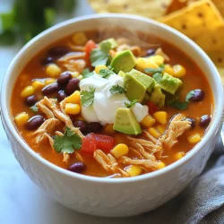 To make Chicken Tortilla Soup, gather these ingredients: - 2 tablespoons olive oil - 1 onion, chopped - 3 cloves garlic, minced - 1 jalapeño, diced (seeds removed for less heat) - 1 red bell pepper, diced - 1 teaspoon ground cumin - 1 teaspoon smoked paprika - 1 teaspoon chili powder - 6 cups chicken broth - 2 cups cooked shredded chicken (rotisserie works great) - 1 can (14 oz) diced tomatoes with green chilies - 1 can (15 oz) black beans, rinsed and drained - Salt and pepper to taste - 1 cup corn (fresh, frozen, or canned) - Juice of 1 lime - 1/4 cup fresh cilantro, chopped - Tortilla chips, for serving - Avocado, diced, for garnish - Sour cream, for serving (optional) - Grated cheese, for garnish (optional) You can swap ingredients to suit your taste or needs. - Use vegetable broth for a vegetarian option. - Swap black beans with pinto or kidney beans. - Replace chicken with tofu for a vegan twist. - Use fresh tomatoes instead of canned for a seasonal flavor. - If you dislike spice, skip the jalapeño or use bell peppers only. Choosing fresh ingredients is key to a tasty soup. - Select firm, vibrant vegetables. Look for shiny skin on peppers and smooth onions. - Choose garlic that feels firm and has a strong scent. - Check canned goods for dents or rust, as they may affect quality. - For herbs, pick bright green cilantro with no brown spots. - If using chicken, look for fresh, high-quality meat or a good rotisserie option. {{ingredient_image_1}} First, gather your ingredients. You will need olive oil, onion, garlic, jalapeño, and red bell pepper. Start by heating the olive oil in a large pot over medium heat. Next, chop the onion and add it to the pot. Cook it until it is soft and clear, about 5 minutes. Then, mince the garlic and add it. Dice the jalapeño and red bell pepper, and stir them in. Cook for another 3 to 4 minutes until the veggies soften. Now, it’s time to add flavor. Sprinkle in ground cumin, smoked paprika, and chili powder. Stir well to coat all the veggies. Let them cook for 1 to 2 minutes so the spices release their aromas. You will notice a warm, inviting scent. This step is key for a tasty soup. Pour in the chicken broth next. Add the shredded chicken, diced tomatoes with green chilies, and black beans. Make sure to rinse and drain the beans before adding. Stir everything together to combine. This mix of ingredients creates a hearty base for your soup. Bring the soup to a gentle boil. Once it bubbles, reduce the heat to low and let it simmer. Set a timer for about 20 minutes. This allows all the flavors to blend together. You will want to stir occasionally to keep things moving. After 20 minutes, add the corn and squeeze in the juice of one lime. Season your soup with salt and pepper to taste. Let it simmer for another 5 minutes. Now, it’s time to serve! Ladle the hot soup into bowls. Top with diced avocado, chopped cilantro, and a dollop of sour cream if you like. Don’t forget the tortilla chips on the side for extra crunch! To make your chicken tortilla soup shine, focus on fresh ingredients. Use ripe tomatoes and vibrant peppers. Fresh herbs, like cilantro, add a burst of flavor. Always sauté your spices with the vegetables. This helps release their oils and deepen their taste. A splash of lime juice at the end brightens the entire dish. Don’t skip the tortilla chips; they add both crunch and flavor. Want more heat? Keep the seeds in the jalapeño. For less spice, you can skip the jalapeño entirely. You can also add a pinch of cayenne pepper for a kick. If the soup is too spicy, balance it with a dollop of sour cream. This creamy addition helps cool the heat while enhancing the flavor. You can make this soup on the stovetop or in a slow cooker. The stovetop method is quicker. It takes about 40 minutes total. Heat the olive oil and sauté your veggies in a pot. For the slow cooker, add all ingredients and set it on low for 6 to 8 hours. This method melds the flavors beautifully. Either way, the result is a tasty and comforting soup. Pro Tips Use Fresh Ingredients: Fresh vegetables and herbs will elevate the flavor of your soup, making it more vibrant and delicious. Adjust Spice Level: If you prefer a milder soup, be sure to remove all the seeds from the jalapeño and consider using less chili powder. Make It Ahead: This soup tastes even better the next day as the flavors continue to meld. Consider making a batch in advance! Customize Your Toppings: Feel free to add your favorite toppings such as sliced radishes, lime wedges, or different types of cheese for extra flavor. {{image_2}} You can easily make this soup vegetarian or vegan. Just skip the chicken. Use vegetable broth instead of chicken broth. For protein, add diced tofu or chickpeas. You can also add more beans like pinto or kidney beans. Extra veggies like zucchini or spinach work well too. This keeps the soup hearty and flavorful. To spice things up, add more jalapeños or a few dashes of hot sauce. You might also try adding chipotle peppers in adobo sauce for a smoky heat. If you like it really hot, keep some seeds in the jalapeño. This makes a big difference in the soup's heat level. Just remember to taste as you go! Toppings can make your soup more fun. Add slices of radish for crunch or pickled onions for zest. Fresh lime juice brightens the flavors. You can also top it with sliced black olives, diced green onions, or a sprinkle of queso fresco. Don’t forget the tortilla chips for that great crunch! They add texture and soak up the soup's flavors. After you enjoy your Chicken Tortilla Soup, let it cool. Then, pour it into airtight containers. This keeps the soup fresh for later. Store it in the fridge for up to three days. Make sure to label the containers with the date. If you want to save some soup for later, freezing works great. Use freezer-safe containers or bags. Leave some space at the top. The soup will expand as it freezes. You can freeze it for up to three months. When you're ready to eat, just thaw it in the fridge overnight. To reheat the soup, you can use the stove or microwave. For the stove, pour the soup into a pot. Heat it on low, stirring often. For the microwave, place the soup in a bowl. Cover it loosely and heat in short bursts, stirring in between. Make sure it's hot all the way through before serving. Enjoy those delicious flavors again! You can use beans or tofu. Both options add protein and flavor. For a meat-like taste, try shredded jackfruit or tempeh. These choices work well in this soup. They soak up the broth and spices nicely. Chicken Tortilla Soup lasts about 3 to 4 days in the fridge. Store it in an airtight container for best results. Always check for signs of spoilage before eating. If it smells off or looks strange, do not eat it. Yes, you can make this soup ahead of time. It tastes even better the next day! The flavors blend nicely while sitting in the fridge. Just reheat it on the stove or in the microwave when you’re ready to enjoy. Here are some great side dishes to pair with your soup: - Cornbread for a sweet touch - A fresh salad for crunch - Rice for a filling option - Avocado slices for creaminess - Extra tortilla chips for dipping These sides enhance your meal and add variety. Enjoy mixing and matching! In this blog post, we covered the ingredients needed for a delicious Chicken Tortilla Soup. I gave you tips on choosing fresh ingredients and offered substitutions, too. We walked through each cooking step, from preparing veggies to serving your soup. You learned helpful tricks for flavor and how to adjust spice levels. Now you can enjoy variations, whether vegan or spicy. Remember to store leftovers properly to keep the soup fresh. With this knowledge, you can make the best Chicken Tortilla Soup, satisfying both your taste buds and those you serve. Happy cooking!