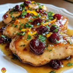- 4 boneless, skinless chicken breasts - 1 cup fresh cranberries - 1/2 cup orange juice - Zest of 1 orange - 2 tablespoons honey - 1 tablespoon olive oil - 3 cloves garlic, minced - 1 teaspoon fresh ginger, grated - 1 teaspoon dried thyme - Salt and pepper to taste When making cranberry orange chicken, use fresh ingredients for the best flavor. Chicken breasts are the main protein in this dish. I love using boneless, skinless chicken breasts because they cook evenly and stay juicy. Fresh cranberries add a tart taste. The orange juice and zest give a bright, sweet flavor. Honey balances the tartness and adds a touch of sweetness. Olive oil helps in cooking the chicken and adds richness. Aromatics like garlic and ginger give depth to the sauce. Thyme brings an earthy note, while salt and pepper enhance all the flavors. This mix creates a tasty dish that feels both gourmet and comforting. - Fresh parsley Fresh parsley is a great garnish for this dish. It adds a pop of color and freshness. While optional, it makes your plate look beautiful and inviting. {{ingredient_image_1}} 1. Preheating Oven and Sauce Preparation Preheat your oven to 375°F (190°C). This step is key for even cooking. In a medium saucepan, combine fresh cranberries, orange juice, orange zest, honey, garlic, ginger, thyme, salt, and pepper. Stir the mix over medium heat. Cook for 5-7 minutes until the cranberries pop and the sauce thickens. Once ready, remove it from the heat and set it aside. 2. Searing Chicken Breasts While the sauce cooks, heat olive oil in a large oven-safe skillet. Season your chicken breasts with salt and pepper. This adds flavor. When the pan is hot, add the chicken. Sear for about 4-5 minutes on each side until golden brown. This step gives your chicken a nice crust. 3. Pouring Sauce Over Chicken Carefully pour the cranberry-orange sauce over the seared chicken in the skillet. Make sure each piece is well coated. This adds flavor and moisture to the dish. 4. Baking Time and Temperature Transfer the skillet to your preheated oven. Bake for 25-30 minutes. You want the chicken to reach an internal temperature of 165°F (75°C). This ensures the chicken is fully cooked and safe to eat. 5. Resting Chicken Before Serving Once baked, remove the skillet from the oven. Let the chicken rest for 5 minutes. This helps keep it juicy. 6. Drizzling Remaining Sauce Serve the chicken drizzled with the remaining sauce. If you like, garnish with fresh parsley for a pop of color. Enjoy your meal! Best Practices for Searing Chicken To get the best sear, dry the chicken first. Pat it with paper towels. This helps the chicken brown better. Heat your skillet until it's hot. Use olive oil for a nice flavor. Place the chicken in the pan. Don't move it for 4-5 minutes. This forms a crust. Flip it carefully and sear the other side. A good sear keeps the juices in. Achieving the Right Sauce Consistency To make your sauce thick and tasty, watch the cooking time. Cook the cranberries and orange juice until they pop. This releases natural pectin. Stir often to keep it from burning. If the sauce is too thick, add a bit of water. If it’s too thin, let it cook longer. You want a nice glaze for your chicken. How to Adjust Sweetness and Acidity If your sauce needs more sweetness, add more honey. This balances the tartness of the cranberries. For acidity, add a splash of orange juice. Taste as you go. This helps you find the right balance for your dish. Recommended Pairings with Side Dishes Cranberry orange chicken pairs well with rice or quinoa. Both soak up the sauce nicely. Roasted vegetables add color and nutrients. A fresh salad brightens the meal. Choose sides that complement the sweet and tangy flavors. Pro Tips Use Fresh Ingredients: Fresh cranberries and oranges will give your dish a vibrant flavor. Avoid canned or frozen cranberries for the best results. Let It Rest: Allow the chicken to rest for a few minutes after baking. This helps the juices redistribute, making the chicken more tender and juicy. Adjust Sweetness: Depending on your taste preference, you can adjust the amount of honey. If you prefer a tangier sauce, reduce the honey slightly. Serve with Sides: Pair this chicken with a side of rice or roasted vegetables to create a complete meal that balances the flavors beautifully. {{image_2}} Using Different Types of Citrus You can switch the orange for other fruits. Lemon or lime works well. They add a nice tang. Grapefruit offers a unique twist too. Each option gives a fresh taste to the dish. Alternative Sweeteners Honey is great, but you can use maple syrup or agave. These sweeteners add different flavors. For a lower-calorie option, try stevia or monk fruit. Adjust the amount based on your taste. Slow Cooker Version To make this dish in a slow cooker, follow a few simple steps. First, sear the chicken lightly. Then, place it in the slow cooker. Pour the sauce over the chicken and cook on low for 6-7 hours. This method keeps the chicken tender and juicy. Grilling Option Grilling is another fun way to prepare this dish. Marinate the chicken in the sauce for a few hours. Then grill it over medium heat for about 6-8 minutes per side. Baste with extra sauce while grilling for added flavor. After you enjoy your cranberry orange chicken, store leftovers in an airtight container. Make sure the chicken cools down first. Place it in the fridge within two hours of cooking. This keeps it safe to eat later. Leftovers can last for up to three days in the refrigerator. When you are ready to eat it again, reheat the chicken in the oven for the best taste. If you want to save some for later, freezing is a great option. First, let the chicken cool completely. Then, wrap each piece tightly in plastic wrap. Place the wrapped chicken in a freezer bag or container. Be sure to remove as much air as possible to prevent freezer burn. You can freeze cranberry orange chicken for up to three months. When you are ready to eat it, thaw it in the fridge overnight. Then, reheat it gently in the oven or on the stove. This keeps the chicken juicy and flavorful. Can I use frozen cranberries? Yes, you can use frozen cranberries! Thaw them first for best results. They will cook down well and still give you that tangy flavor. Just remember they may release more water, so adjust cooking time slightly. What to serve with Cranberry Orange Chicken? This dish pairs well with rice, quinoa, or roasted vegetables. You could also enjoy it with a fresh salad. The bright flavors of the chicken work great with mild sides. Can I make this dish spicy? Absolutely! Add some red pepper flakes or chopped jalapeños to the sauce. This will give it a nice kick without overpowering the dish. Adjust the spice level to your taste. How can I prepare this ahead of time? You can make the cranberry-orange sauce a day before. Store it in the fridge. Just reheat it before pouring over the chicken. You can also marinate the chicken for a few hours for extra flavor. What are the health benefits of cranberry? Cranberries are rich in antioxidants. They support heart health and help prevent infections. They also provide vitamin C and fiber, making them a healthy choice. How many calories per serving? Each serving of Cranberry Orange Chicken has about 250 calories. This makes it a healthy option for a filling meal. Enjoy without guilt! This blog post detailed a simple yet tasty recipe for Cranberry Orange Chicken. We covered the main ingredients and how to prepare and cook the dish. I shared tips for perfecting flavors and suggested variations to suit your taste. Storing leftovers was also discussed for easy meals later. Overall, this dish brings joy and nutrition to your table. With these steps, you can impress your family and friends with ease. Enjoy making this flavorful meal!