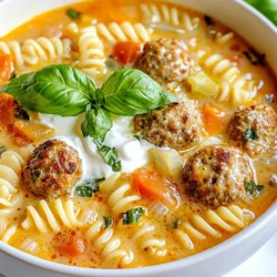 To make a rich and tasty soup, you need: - 1 pound ground beef (or ground turkey) - 1 medium onion, diced - 2 carrots, diced - 2 celery stalks, diced - 1 can (14.5 oz) diced tomatoes - 4 cups low-sodium chicken broth - 1 cup heavy cream - 1 cup small pasta (like orzo or ditalini) - Salt and pepper to taste - Freshly ground black pepper, to taste These ingredients form the base of your creamy Italian meatball soup. The ground meat adds protein, while the veggies provide flavor and texture. The diced tomatoes add a nice acidity, and the chicken broth brings everything together. Finally, the heavy cream makes it rich and silky. For the meatballs, gather: - 1/4 cup grated Parmesan cheese - 1/4 cup breadcrumbs - 1 egg - 2 cloves garlic, minced - 1 teaspoon Italian seasoning - Salt and pepper to taste These ingredients make your meatballs flavorful and tender. The cheese adds a nice salty punch, while the breadcrumbs help them hold their shape. To enhance your soup, consider these garnishes: - Fresh basil, for garnish - Extra grated Parmesan cheese You can also pair this soup with crusty bread or a fresh salad. This adds a nice crunch and balances the creaminess of the soup. {{ingredient_image_1}} Start by mixing the meatball ingredients in a bowl. Use one pound of ground beef or turkey. Add a quarter cup of grated Parmesan cheese. Then, mix in a quarter cup of breadcrumbs and one egg. Toss in two minced garlic cloves and one teaspoon of Italian seasoning. Add salt and pepper to taste. Blend until just combined. Don’t overwork the mixture. Next, form small meatballs about one inch in size. Set them aside on a plate. Grab a large pot and heat one tablespoon of olive oil over medium heat. Once the oil is hot, add the meatballs gently. Cook them until they turn brown on all sides. This should take around five to six minutes. Browning gives them a rich flavor. Once brown, remove the meatballs from the pot and set them aside. In the same pot, add diced onion, carrots, and celery. Cook them for five to seven minutes until they soften. Stir occasionally to prevent sticking. Next, add the browned meatballs back to the pot. Pour in one can of diced tomatoes and four cups of low-sodium chicken broth. Bring this mixture to a simmer. Let it cook for fifteen minutes. This allows the flavors to mix well. Add one cup of small pasta, like orzo or ditalini, to the pot. Cook it according to the package instructions until it is al dente. Once the pasta is ready, lower the heat and stir in one cup of heavy cream. Cook for an additional five minutes. This makes the soup creamy and rich. Taste the soup and adjust the seasoning with salt and black pepper if needed. Let it sit for a few minutes to thicken. Serve hot and garnish with fresh basil for that extra touch. To get the creamiest soup, use heavy cream. It adds richness and smoothness. Stir it in at the end to keep it thick. If you want a lighter option, use half-and-half. Mixing in a bit of grated Parmesan can boost the creaminess too. When making meatballs, mix the ingredients gently. Overmixing can make them tough. Shape them into small balls, about one inch wide. This size cooks evenly and stays tender. Brown the meatballs well in hot oil. This gives a nice crust and adds flavor to the soup. Italian seasoning is key for a classic flavor. If you like heat, add a pinch of red pepper flakes. Fresh herbs, like basil or parsley, brighten the soup. Always taste before serving. Adjust salt and pepper to your liking for the best flavor. Pro Tips Use Fresh Herbs: Fresh basil adds a vibrant flavor that dried herbs can't match. Add it just before serving for the best taste. Perfect Meatballs: For tender meatballs, avoid overmixing the meat mixture. Just combine until everything is incorporated. Customize the Pasta: Feel free to use any small pasta shape you like, or even substitute with whole grain or gluten-free options for a healthier dish. Thicker Soup: If you prefer a thicker soup, you can let it simmer longer or add a cornstarch slurry to achieve your desired consistency. {{image_2}} You can switch the ground beef for ground turkey. This option is lighter but still tasty. You can also use ground chicken for a mild flavor. If you want a richer taste, try Italian sausage. It adds great spice and depth. To make a vegetarian soup, use plant-based meat. Look for options made from lentils or beans. For a vegan version, skip the meat entirely. Use a mix of mushrooms and beans for protein. You can also use coconut cream instead of heavy cream for richness. Feel free to add your favorite veggies. Spinach and bell peppers work well in this soup. You can also swap the pasta. Try using quinoa or rice for a gluten-free option. Herbs like oregano or thyme can boost flavor. Adjust to your taste to create a personalized bowl. To store leftover soup, let it cool first. Pour it into an airtight container. Make sure to leave some space at the top, as the soup may expand. Seal the container tightly. You can keep it in the fridge for up to three days. If you want to enjoy it later, freezing is a great option. When freezing soup, use freezer-safe containers. You can also use heavy-duty freezer bags. Make sure to remove as much air as possible. Label each bag with the date. The soup can last up to three months in the freezer. When you're ready to eat, just thaw it in the fridge overnight before reheating. For best results, reheat soup on the stove. Pour the soup into a pot and heat on low. Stir often to prevent sticking. You can also microwave it in a microwave-safe bowl. Heat in short bursts, stirring in between. Make sure it’s hot all the way through. If the soup seems thick, add a splash of broth or water. Enjoy your warm, comforting bowl! You can store Creamy Italian Meatball Soup in the fridge for up to four days. Just make sure to keep it in an airtight container. If you want to keep it longer, freeze it. Frozen soup lasts for about three months. When you’re ready to eat, thaw it in the fridge overnight. Yes, you can make this soup in advance. It tastes even better the next day! Just let it cool before storing it. Reheat on the stove over low heat or in the microwave. If the soup gets too thick, add a little broth or cream to loosen it. For this soup, small pasta works best. I recommend using orzo or ditalini. These shapes are fun to eat and soak up the soup's flavors. You can also use small shells or even broken spaghetti if you prefer. Just make sure to adjust cooking times based on the pasta you choose. This blog post walked you through the key ingredients and steps for making creamy Italian meatball soup. I provided tips for the best texture and flavor. You can also explore variations for personal taste. Don't forget about storing and reheating methods for leftovers. Enjoy creating this meal; it's sure to please everyone. With a few tweaks, you can make it your own. Happy cooking!