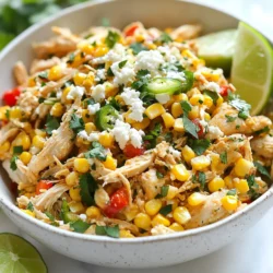 To make Slow Cooker Street Corn Chicken, gather these items: - 1.5 lbs boneless, skinless chicken thighs - 2 cups corn kernels (fresh or frozen) - 1 red bell pepper, diced - 1 jalapeño, minced (optional for heat) - 1 cup chicken broth - 1 tsp garlic powder - 1 tsp ground cumin - 1 tsp smoked paprika - ½ tsp chili powder - ½ cup fresh cilantro, chopped - 1 cup cotija cheese, crumbled (or feta) - ¼ cup mayonnaise - 1 lime, juiced - Salt and pepper to taste - Tortilla chips or tortillas for serving If you don’t have fresh items, here are some swaps: - Chicken Thighs: Use boneless chicken breasts for a leaner option. - Corn: Canned corn works well if fresh or frozen is not available. - Bell Pepper: Any color of bell pepper can replace red. - Jalapeño: Omit it if you prefer no heat. - Cilantro: Parsley can replace cilantro for a milder flavor. - Cotija Cheese: Feta cheese is a good alternative. - Mayonnaise: Greek yogurt can add creaminess without the fat. Using the right brands can enhance your dish. Here are my top picks: - Chicken: Look for organic or free-range chicken for better flavor. - Corn: I like Green Giant or Del Monte frozen corn for quality. - Broth: Swanson or Pacific Foods offer rich chicken broth options. - Spices: McCormick spices are reliable for fresh flavors. - Cheese: For cotija, try Queso Fresco brands for authentic taste. - Mayonnaise: Hellmann's or Best Foods provide smooth texture and rich taste. Using these ingredients will help your Slow Cooker Street Corn Chicken taste amazing! {{ingredient_image_1}} Start by preparing the chicken thighs. Take 1.5 pounds of boneless, skinless chicken. Season it with salt and pepper. Add 1 teaspoon of garlic powder, 1 teaspoon of ground cumin, 1 teaspoon of smoked paprika, and ½ teaspoon of chili powder. This mix gives the chicken a great flavor. Make sure to coat all sides well. Next, grab your slow cooker. Place the seasoned chicken thighs at the bottom. This keeps the chicken moist during cooking. Now, add the veggies. Pour in 2 cups of corn kernels, a diced red bell pepper, and a minced jalapeño if you want some heat. Pour 1 cup of chicken broth over the chicken and veggies. This adds moisture and depth. Cover the slow cooker. Cook on low for 6-7 hours or high for 3-4 hours. The chicken should be fully cooked and tender. Once the chicken is ready, use two forks to shred it right in the slow cooker. Mix it well with the veggies. In a small bowl, combine ¼ cup of mayonnaise and the juice of 1 lime. Drizzle this mix over the chicken. Stir in ½ cup of chopped cilantro and 1 cup of crumbled cotija cheese. Adjust salt and pepper to your taste. Your slow cooker street corn chicken is now ready to serve! To get tender chicken, start with thighs. They stay moist and juicy. Use the right seasonings to enhance the flavor. Salt and pepper are essential. Garlic powder, cumin, and smoked paprika add depth. Let the chicken sit with the spices for a few minutes. This helps the flavors soak in. Cook the chicken on low heat for best results. Slow cooking gives it time to become tender. Aim for 6-7 hours on low or 3-4 hours on high. Always check that the chicken reaches 165°F for safety. Want to kick up the flavor? Add lime juice right before serving. It gives a fresh and zesty taste. You can also mix in some lime zest for extra zing. Consider adding more spices too. A pinch of cayenne or chipotle powder can bring heat. Fresh cilantro brightens the dish. Sprinkle it on top before serving. You can swap cotija cheese for feta if you prefer. Both cheeses add creaminess and a salty bite. For a smoky twist, consider using smoked cheese. If your chicken feels dry, check the cooking time. Slow cookers vary, so keep an eye on it. Too much cooking can dry it out. If it’s bland, add more salt or spices. Taste as you go and adjust to your liking. If the mixture is too watery, you can thicken it. Use a little cornstarch mixed with water. Stir it in and let it cook for a few more minutes. For a richer flavor, try cooking with less chicken broth next time. This can make the dish more intense. Enjoy experimenting with this recipe! Pro Tips Choose the Right Chicken: Using boneless, skinless chicken thighs ensures a tender and juicy result, as they hold moisture better than chicken breasts during slow cooking. Layer for Flavor: For an extra depth of flavor, consider adding some diced onions or garlic cloves at the bottom of the slow cooker with the chicken. Customize the Heat: Adjust the amount of jalapeño to your spice preference. You can also add some red pepper flakes for additional heat if desired. Perfect Serving Suggestion: Serve this dish with lime wedges and extra cilantro on the side for a fresh touch that enhances the flavors. {{image_2}} You can make this dish meatless. Replace chicken with chickpeas or black beans. This adds protein and taste. Use the same spices for great flavor. You can also add more veggies, like zucchini or squash. These can bring a nice texture to your meal. If you want more heat, add a second jalapeño. You can also use a spicier pepper like serrano. For less heat, skip the jalapeño or use bell pepper only. Adjusting the spice level lets you make the dish just right for you. Serve this street corn chicken with tortilla chips or in warm tortillas. You can make tacos or nachos with it. Add toppings like avocado, sour cream, or salsa for extra flavor. A side of rice or a fresh salad pairs well too. Enjoying it with friends makes it even better! After enjoying your street corn chicken, you may have some left. Store it in an airtight container. Let it cool to room temperature first. This helps keep the flavors fresh. Place it in the fridge. It will last up to three days. Make sure to label your container with the date. When it’s time to eat your leftovers, you have options. You can reheat the chicken in the microwave. Just put it in a bowl and cover it with a damp paper towel. Heat for one to two minutes, stirring halfway. You can also use a skillet. Heat it on medium-low and stir until warm. This keeps the chicken juicy and tasty. If you want to save your street corn chicken for a long time, freezing is great. Scoop the cooled chicken into freezer bags. Remove as much air as you can before sealing. Label the bags with the date. It can last up to three months in the freezer. To eat it, thaw it in the fridge overnight. Then reheat as mentioned above. Yes, you can use chicken breasts. However, chicken thighs stay moist and tender. They have more fat, which adds flavor. If you choose breasts, watch the cooking time. They may cook faster and could dry out. Feta cheese works great as a substitute. It has a similar texture and salty taste. You can also use goat cheese if you prefer. For a dairy-free option, try a nut-based cheese. It won't be the same, but it can add a nice creaminess. This dish lasts about three to four days in the fridge. Store it in an airtight container to keep it fresh. Before eating, check for any changes in smell or texture. If it looks or smells off, it's best to throw it away. You learned about tasty ingredients for slow-cooked chicken dishes. We covered the best brands, handy substitutes, and how to prepare your chicken. I shared tips for tender meat and flavor boosts, plus fun twists and serving ideas. Storing leftovers and reheating were also important topics. Overall, these steps will make cooking easier and more enjoyable. Now, you can create your own delicious meals with confidence. Happy cooking!