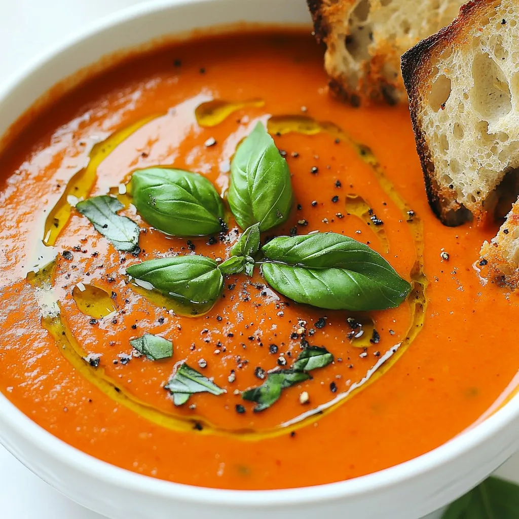 To make this One-Pot Creamy Tomato Basil Soup, you need the following: - 2 tablespoons olive oil - 1 medium onion, chopped - 4 cloves garlic, minced - 1 teaspoon ground black pepper - 1 teaspoon salt - 1 can (28 oz) crushed tomatoes - 2 cups vegetable broth - 1 tablespoon sugar - 1 cup heavy cream (or coconut cream for a vegan option) - 1 cup fresh basil leaves, chopped - 1 teaspoon dried oregano - Fresh basil leaves for garnish - Crusty bread for serving (optional) Fresh ingredients make a big difference in flavor. Using ripe tomatoes and fresh herbs elevates the soup. Fresh basil adds a lovely aroma and taste that dried herbs can’t match. I always recommend sourcing the best ingredients you can find. You can customize this soup to your liking. Here are some options: - Add a pinch of red pepper flakes for heat. - Incorporate a carrot or celery for extra flavor. - Use nutritional yeast for a cheesy flavor in vegan versions. If you want a vegan soup, swap heavy cream for coconut cream. You can also use vegetable broth instead of chicken broth. These choices keep the soup rich while meeting dietary needs. Feel free to get creative and make it your own! {{ingredient_image_1}} Start by gathering your ingredients. This makes cooking smooth and fun. Chop one medium onion into small pieces. Mince four cloves of garlic. Set these aside. Heat two tablespoons of olive oil in a large pot over medium heat. When the oil is ready, add the chopped onion. Sauté the onion for about 5 to 7 minutes until it becomes soft and clear. Then, stir in the minced garlic, one teaspoon of ground black pepper, and one teaspoon of salt. Cook this mix for one more minute until it smells great. Now it’s time to add the main ingredients. Pour in one 28-ounce can of crushed tomatoes and two cups of vegetable broth. Don’t forget to add one tablespoon of sugar to balance the acidity. Add one teaspoon of dried oregano, and stir everything well. Bring the mix to a gentle simmer. Cover the pot and let it cook for about 15 to 20 minutes. This allows all the flavors to come together nicely. After simmering, take the pot off the heat. Use an immersion blender to puree the soup until it is smooth. If you don’t have one, carefully pour the soup into a regular blender in batches. Blend until smooth, then return it to the pot. Stir in one cup of heavy cream or coconut cream for a vegan option. Add one cup of chopped fresh basil as well. Heat the soup gently until it’s warm. Taste it and adjust the salt or pepper if needed. When you serve the soup, garnish it with fresh basil leaves on top. This adds a nice touch! For a complete meal, enjoy the soup with crusty bread on the side. The bread is perfect for dipping into the creamy soup. To make your soup taste great, balance the acidity. Use a bit of sugar. It takes away the tartness from the tomatoes. Taste often. Adjust salt and pepper as needed. Fresh herbs like basil boost flavor too. When you add them, do it near the end. Fresh basil adds a bright taste. To get that perfect creamy texture, add your cream slowly. Stir it well into the hot soup. If you want a lighter option, try coconut cream. It's a great vegan alternative and still gives a nice creaminess. You can also use cashew cream or blended silken tofu for a different twist. These options keep your soup rich without dairy. Pro Tips Use Fresh Ingredients: Fresh basil and high-quality tomatoes will elevate the flavor of your soup significantly. Opt for organic tomatoes if possible for the best taste. Adjusting Creaminess: For a lighter version, you can replace heavy cream with half-and-half or a plant-based milk. Adjust the seasoning accordingly to maintain flavor. Make It Ahead: This soup can be made ahead of time and stored in the refrigerator for up to 3 days. Reheat gently before serving to preserve the creaminess. Garnish for Presentation: A drizzle of olive oil and a sprinkle of freshly cracked pepper on top before serving can add a beautiful finishing touch and enhance the flavors. {{image_2}} You can make this soup even better by adding more ingredients. Here are some ideas: - Vegetables: Try adding carrots, spinach, or bell peppers for extra color and nutrition. - Proteins: Cooked chicken or diced tofu can make the soup heartier. - Herbs and Spices: Fresh thyme or a pinch of red pepper flakes can add great flavor. These simple add-ins let you customize the soup to your taste. Feel free to experiment! Making this soup fit your diet is easy. Here are some options: - Low-Carb or Keto: Skip the sugar and use less broth to keep carbs low. Add cauliflower for texture instead of pasta or rice. - Dairy-Free Options: Use coconut cream instead of heavy cream for a vegan version. Almond milk works too. These changes help you enjoy the soup while sticking to your diet needs. Store your leftover soup in an airtight container. Let the soup cool first. It will stay fresh in the fridge for up to four days. Always label the container with the date. This helps you keep track of how long it’s been there. When you’re ready to eat, just reheat it on the stove. Stir often to heat evenly. If it thickens, add a splash of broth or water. To freeze your soup, let it cool completely. Pour the soup into freezer-safe bags or containers. Leave some space at the top for expansion. It can last up to three months in the freezer. When you want to eat it, transfer the soup to the fridge to thaw overnight. To reheat, gently warm it on the stove. Stir it often to keep the texture smooth. If the soup seems watery after freezing, you can blend it again. This helps restore its creamy texture. For the best flavor, add fresh basil just before serving. To make this soup vegan, swap out the heavy cream. Use coconut cream for a rich texture. You can also use any plant-based cream. For the broth, choose vegetable broth instead of chicken broth. This keeps the soup creamy and flavorful while fitting a vegan diet. Yes, you can use fresh tomatoes! Start with about 2 pounds of ripe tomatoes. First, blanch them in boiling water for 30 seconds, then transfer them to ice water. Peel off the skins and chop them. Add the fresh tomatoes to the pot after sautéing the onion and garlic. Cook them down until soft, then blend as usual. Fresh tomatoes will give a bright flavor. This soup lasts about 3 to 4 days in the fridge. Store it in an airtight container to keep it fresh. Always check for any signs of spoilage before eating. If you want to keep it longer, consider freezing it. Now you understand how to make delicious soup from scratch. We covered the key ingredients and their role in flavor. You learned step-by-step instructions for preparation, cooking, and serving. Plus, we explored tips for enhancing taste and achieving creamy textures. Variations let you customize to your diet. Finally, we shared storage advice for leftovers. With this knowledge, you can create a soup that suits your taste and needs. Enjoy your cooking journey!