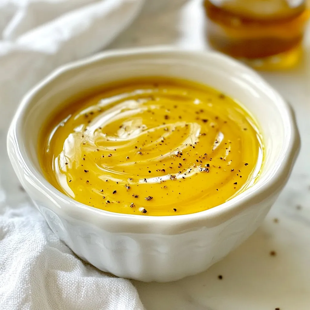 To make a tasty honey mustard dressing, you only need a few simple items. Each ingredient adds a unique flavor. Here’s your shopping list: - Honey - Dijon Mustard - Apple Cider Vinegar - Olive Oil - Optional: Water - Salt and Pepper These ingredients blend well together. Honey gives sweetness, while Dijon mustard adds a nice kick. Apple cider vinegar brings tanginess, and olive oil makes the dressing smooth. You can add water if you want a thinner texture. Don’t forget the salt and pepper to perfect the taste. Now, let’s explore how these ingredients work together in your dressing. Each one plays a role in creating a balance of sweet and tangy flavors. You can adjust the amounts to fit your taste, making this recipe truly yours. Enjoy making it! {{ingredient_image_1}} To make honey mustard dressing, start by gathering your ingredients. You will need honey, Dijon mustard, apple cider vinegar, olive oil, and salt and pepper. 1. In a medium bowl, combine 1/3 cup honey and 1/4 cup Dijon mustard. 2. Whisk them together until smooth. This is the base of your dressing. 3. Next, add 2 tablespoons of apple cider vinegar. Whisk until it blends well. 4. Slowly drizzle in 1/4 cup of olive oil while whisking. This helps create a smooth, thick dressing. 5. If the dressing feels too thick, add 1 tablespoon of water. Stir to thin it out. 6. Finally, season with salt and pepper. Taste and adjust sweetness or tanginess if needed. To get your dressing just right, remember a few things. If it's too thick, always start with a little water. This way, you won't make it too thin. If you want it creamier, add more olive oil. Just whisk until you see the right texture. Store your dressing in an airtight container in the fridge. Shake well before each use for the best flavor. To boost the taste of your honey mustard dressing, consider these tips: - Add herbs: Fresh herbs like dill or parsley can add depth. - Introduce spice: A pinch of cayenne or red pepper flakes can add heat. - Experiment with vinegar: Try using balsamic or white wine vinegar for a different kick. - Use flavored oils: Infused oils like garlic or chili can enhance richness. These simple tweaks can make your dressing stand out. Emulsifying is key to a smooth dressing. Here are my tips to get it right: - Use room temperature ingredients: Cold ingredients may not mix well. - Add oil slowly: Drizzle the olive oil slowly while whisking. This helps create a stable emulsion. - Whisk constantly: Keep whisking to help the ingredients blend smoothly. - Try a blender: If you prefer, blend the ingredients for a quick, easy emulsification. These methods help ensure your dressing has the perfect texture. Proper storage keeps your honey mustard dressing fresh. Follow these guidelines: - Use an airtight container: This prevents air from spoiling the dressing. - Refrigerate promptly: Store it in the fridge right after making. - Check for freshness: Use it within one week for the best taste. - Shake well before use: The dressing may separate. A good shake brings it back together. By following these tips, your dressing remains delicious and ready to enjoy! Pro Tips Fresh Ingredients: Using fresh, high-quality ingredients will significantly enhance the flavor of your dressing. Opt for organic honey and extra virgin olive oil for the best results. Adjust to Taste: Feel free to tweak the balance of honey and mustard according to your personal preference. If you prefer a sweeter dressing, add more honey; for a tangier flavor, increase the mustard. Storage Tips: Store your dressing in an airtight container in the refrigerator. It will last up to a week, but always give it a good shake before using as ingredients may separate. Versatile Use: This dressing is not just for salads! Try it as a marinade for chicken or drizzle it over roasted vegetables for an added flavor boost. {{image_2}} To make your honey mustard dressing spicy, add some heat. Start with 1-2 teaspoons of hot sauce. You can also use chili powder for a different kick. Mix these into the dressing after you whisk in the vinegar. This way, you get a nice balance of sweet and spicy. It pairs well with grilled chicken or a zesty salad. For an herb-infused version, I love adding fresh herbs. Chopped parsley or dill can brighten the flavor. Simply mix in 1-2 tablespoons of your chosen herbs when you combine the honey and mustard. This adds freshness and aroma. It works great on roasted veggies or as a dip for bread. If you want a vegan version of honey mustard dressing, use maple syrup instead of honey. Maple gives a nice sweetness and works well with the mustard. Just swap it in the same amount as the honey. You can also use a plant-based yogurt to add creaminess. This dressing is perfect for salads or drizzling over grain bowls. Each serving of honey mustard dressing has about 90 calories. This is based on a serving size of 2 tablespoons. The calories mainly come from honey and olive oil. Honey brings sweetness and more calories, while olive oil adds healthy fats. Honey mustard dressing offers several key nutrients: - Carbohydrates: Mainly from honey, which provides quick energy. - Fats: Olive oil gives healthy monounsaturated fats. - Vitamins: Apple cider vinegar has small amounts of vitamins and minerals. - Minerals: Dijon mustard can contain minerals like calcium and magnesium. Honey mustard dressing fits many diets but consider these points: - Vegetarian: This dressing is suitable for vegetarians as all ingredients are plant-based. - Gluten-Free: Ensure the mustard is gluten-free if you need to avoid gluten. - Low-Carb: If on a low-carb diet, use less honey to reduce sugar intake. - Vegan: Substitute honey with agave syrup or maple syrup for a vegan option. This dressing makes a great addition to salads or as a dip. Always think about your specific dietary needs when enjoying it. Yes, you can make honey mustard dressing without honey. If you want a vegan option, use maple syrup or agave nectar. Both sweeteners provide a similar sweetness. You can also try using brown sugar or a sugar substitute if you prefer. Just remember to adjust the amount based on how sweet you want the dressing. You can use honey mustard dressing in many ways. Here are some of my favorites: - Drizzle it over fresh salads for a sweet kick. - Use it as a dip for veggies or chicken strips. - Spread it on sandwiches or wraps for added flavor. - Toss it with roasted vegetables for a tasty side dish. - Marinate meats like chicken or pork before grilling. Homemade honey mustard dressing lasts about one week in the refrigerator. Store it in an airtight container to keep it fresh. Before each use, give it a good shake. If you notice any changes in color or smell, it’s best to throw it away and make a fresh batch. In this article, we explored how to make a tasty honey mustard dressing. We went over the key ingredients like honey, Dijon mustard, and apple cider vinegar. You learned the mixing process and tips to improve flavor and shelf life. I shared variations to fit your taste, and gave nutritional facts to help you make healthy choices. Always remember, making your own dressing is easy and fun! Enjoy experimenting with different flavors!