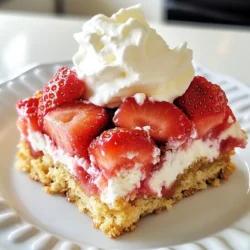 For the base of your Easy Strawberry Shortcake Bars, you will need: - 2 cups all-purpose flour - 1/2 cup granulated sugar - 1 tablespoon baking powder - 1/2 teaspoon salt - 1/2 cup unsalted butter, cold and cubed These dry ingredients blend to create a light and fluffy texture. The baking powder helps the bars rise, while the salt balances the sweetness. Next, grab some fresh produce for that burst of flavor: - 2 cups fresh strawberries, hulled and sliced - 1 tablespoon lemon juice - 1 tablespoon cornstarch The strawberries give the bars a juicy taste. Lemon juice adds zing, and cornstarch thickens the filling so it’s not runny. To finish your bars, you’ll want a creamy touch: - 1 cup whipped cream or whipped topping This adds a rich and sweet layer on top of the bars. It makes each bite feel special. {{ingredient_image_1}} First, gather your ingredients. You need flour, sugar, baking powder, salt, butter, milk, vanilla, strawberries, lemon juice, and cornstarch. Preheat your oven to 350°F (175°C). Then, line an 8x8 inch baking pan with parchment paper. Make sure it hangs over the edges for easy removal. In a large bowl, whisk together the flour, sugar, baking powder, and salt. Mix until everything is well blended. Next, add in the cold, cubed butter. Use a pastry cutter or your fingers to mix it in. Aim for a crumbly texture. Then, add the milk and vanilla extract. Stir gently until combined. It’s okay if the batter is a bit lumpy. Now, spread half of the batter into the prepared pan. Use a spatula to smooth it out evenly. In another bowl, combine the sliced strawberries, lemon juice, and cornstarch. Stir until the strawberries are coated. Pour this strawberry mixture over the batter in the pan. Next, take spoonfuls of the remaining batter and drop it over the strawberries. Try to cover the filling, but don’t worry about making it perfect. Bake in the oven for 30-35 minutes. Look for a golden top and check with a toothpick. If it comes out clean, it’s done. Once baked, let the bars cool in the pan for about 10 minutes. Use the parchment paper to lift them out. Then, transfer the bars to a wire rack to cool completely. When they are cool, cut them into bars. Serve each piece with a dollop of whipped cream on top. Enjoy your sweet treat! To get the best texture, use cold butter. Cold butter helps make the bars light and fluffy. When mixing, stop as soon as you see lumps. This keeps the dough tender. Spread the batter evenly in the pan. This helps it bake well all over. One common mistake is overmixing the batter. This can make the bars tough. Another mistake is using warm butter. Warm butter will change the texture. Make sure the strawberries are not too juicy. Juicy strawberries can make the bars soggy. These bars taste great served warm or cold. Top them with whipped cream for extra flavor. You can also add fresh mint leaves for a nice touch. Serve them at parties, picnics, or just for fun. They are a hit with kids and adults alike. Pro Tips Use Cold Butter: Ensure your butter is cold and cubed to create a flaky texture in the bars. Fresh Strawberries: Use fresh, ripe strawberries for the best flavor. Frozen strawberries can make the mixture watery. Don’t Overmix: When combining the batter, mix just until combined to avoid tough bars. Cool Completely: Allow the bars to cool completely before slicing to ensure clean cuts and prevent them from falling apart. {{image_2}} You can switch up the berries in these bars. Try blueberries or raspberries for a twist. Mix different berries for a colorful, tasty treat. Each berry brings its own flavor, so the bars stay exciting. You can even add blackberries for a nice touch. Just make sure to adjust the sugar based on the tartness of the fruit. If you need a gluten-free version, swap the all-purpose flour with a gluten-free blend. Look for a blend that includes xanthan gum. This helps keep the texture light and fluffy. Also, check that your baking powder is gluten-free. Follow the same steps, and you will enjoy a delicious treat without gluten. To give your bars a flavor boost, add a hint of almond extract. A teaspoon will make a big difference. You can also mix in a bit of lemon zest for a fresh touch. For a richer taste, try adding a dash of cinnamon to the batter. These simple changes can elevate your strawberry shortcake bars to a new level. To keep your strawberry shortcake bars fresh, place them in an airtight container. Store them at room temperature for up to two days. If you want them to last longer, keep them in the fridge for up to a week. Make sure to separate layers with parchment paper if stacking. This helps prevent sticking. You can freeze these bars for later. First, let them cool completely. Then, cut them into bars. Wrap each bar in plastic wrap and then place them in a freezer bag. They will stay fresh for about three months. When you want to eat them, just pull out the number you need. To reheat, take the bars out of the fridge or freezer. If they are frozen, let them thaw in the fridge overnight. You can warm them up in the microwave for about 10-15 seconds. If you prefer, you can also reheat them in the oven at 350°F for about 5-10 minutes. This brings back their soft texture and warms the strawberries nicely. Enjoy with a fresh dollop of whipped cream! Yes, you can use frozen strawberries. Just remember to thaw and drain them first. This helps reduce the extra moisture. Frozen strawberries can work well in this recipe if you prepare them correctly. To keep your bars from getting soggy, use fresh strawberries. Make sure to coat them with lemon juice and cornstarch. This helps absorb extra juice. Also, avoid overmixing the batter. Spread it gently over the strawberries. If you don’t have whipped cream, try yogurt or cool whip. Both options add creaminess and flavor. You could also use a scoop of ice cream for a fun twist. Choose what you like best! This blog post covered all you need for making awesome strawberry bars. We looked at ingredients, from dry to fresh and tasty toppings. You learned each step, from prep to serving. With my tips and common mistakes, you can avoid problems. You now have fun variations, storage ideas, and answers to your biggest questions. Enjoy the process and the tasty treats! Making these bars will be easy and fun for you.