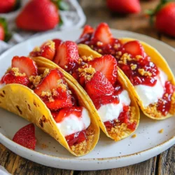 To make these tasty tacos, you need some key ingredients: - 1 cup graham cracker crumbs - 1/2 cup unsalted butter, melted - 1 cup cream cheese, softened - 1/2 cup powdered sugar - 1 teaspoon vanilla extract - 1 cup heavy whipping cream - 1 cup fresh strawberries, chopped - 1/4 cup strawberry jam - 1/4 cup crushed freeze-dried strawberries (for crunch) - Mini taco shells (store-bought) These ingredients create a creamy filling and a crunchy topping. The graham cracker crumbs give a nice base flavor. The fresh strawberries add real fruit taste, while the freeze-dried strawberries provide texture. You can make your tacos even more special with some fun garnishes: - Whole strawberries - Mint sprigs - Extra crushed freeze-dried strawberries Garnishes add a fresh look and taste. Whole strawberries look pretty and can be eaten too. A sprig of mint adds a pop of green and fresh flavor. To prepare these tacos, you’ll need some basic tools: - Mixing bowls - Electric mixer - Baking sheet - Spoon for filling tacos - Refrigerator for chilling These tools help you make the process smooth and easy. Having everything ready makes cooking fun and stress-free. {{ingredient_image_1}} To start, preheat your oven to 350°F (175°C). Place the mini taco shells on a baking sheet. Bake them for about 5-7 minutes until they are slightly toasted. This step makes them crisp and tasty. Once done, take them out of the oven and let them cool. This cooling time helps them hold their shape when filled. In a large mixing bowl, add the softened cream cheese. Beat it with an electric mixer until it is smooth. This might take a minute or two. Next, gradually add in the powdered sugar and the vanilla extract. Keep mixing until everything is well combined. This will create a sweet and creamy base for your cheesecake. In another clean bowl, pour in your heavy whipping cream. Use a clean electric mixer to whip the cream until stiff peaks form. This means the cream should stand tall when you lift the beaters. Now, gently fold the whipped cream into the cream cheese mixture. This folding adds air, making the cheesecake light and fluffy. In a separate bowl, mix the chopped strawberries with the strawberry jam. Make sure every piece is coated well with the jam. This step adds a sweet, fruity burst to your tacos. Now, it’s time to fill the taco shells. Spoon the cheesecake filling into each baked shell, filling them about halfway. Then, add a spoonful of the strawberry mixture on top of the cheesecake filling. Fill the tacos to the brim to make them look tempting. For that extra crunch, sprinkle crushed freeze-dried strawberries on top of each taco. This adds a fun texture and bright flavor. Finally, place the assembled tacos in the refrigerator for at least 30 minutes. This chilling time helps the flavors mix and makes them easier to eat. To get a smooth and creamy cheesecake, use softened cream cheese. You can let it sit out for 30 minutes before mixing. Beat it well with an electric mixer. This makes it fluffy and easy to blend. When adding the powdered sugar, do this slowly. Mix until it is fully smooth. Then, whip the heavy cream until it forms stiff peaks. Gently fold this into the cream cheese mix. This adds air, making it light. If you have leftover tacos, store them in the fridge. Use an airtight container to keep them fresh. Make sure to separate the filling and shells if you can. The shells stay crunchy longer this way. They last about two to three days in the fridge. When ready to eat, you can assemble them again for the best taste. To impress your guests, serve the tacos on a colorful platter. Add whole strawberries or mint leaves for a pop of color. You can also drizzle some extra strawberry jam on top for added sweetness. For an extra crunch, place some crushed freeze-dried strawberries around the tacos. This makes the dish look nice and taste even better. Pro Tips Use Fresh Strawberries: The flavor and texture of fresh strawberries are unmatched. Look for ripe, sweet strawberries for the best results. Chill the Tacos: Allow the assembled tacos to chill for at least 30 minutes. This helps the filling set and enhances the flavors. Make Ahead: You can prepare the cheesecake filling a day in advance. Just fill the taco shells right before serving to keep them crispy. Experiment with Toppings: Feel free to add other toppings like chocolate drizzle or whipped cream for an extra touch of indulgence. {{image_2}} You can switch up the fruit in these tacos. Think about using blueberries, raspberries, or peaches. Each fruit brings a new taste. For example, blueberries add a sweet and slightly tart flavor. Raspberries offer a bright and fresh note. Peaches give a juicy, summer vibe. Just chop the fruit and mix it with a bit of jam, just like with strawberries. You can create fun flavor combos, too! If you need a gluten-free option, look for gluten-free mini taco shells. Many stores offer them now. You can also make your own taco shells using gluten-free flour. For the cheesecake filling, ensure your cream cheese and powdered sugar are gluten-free. This way, everyone can enjoy these tasty tacos without worry. The crunch adds a fun texture to the tacos. While crushed freeze-dried strawberries are great, you have other choices. Try crushed nuts like almonds or pecans for a nutty flavor. You could also use granola for a chewy crunch. Even chocolate shavings can add a sweet touch. Mix and match these elements to find your favorite crunch! To keep your Strawberry Crunch Cheesecake Tacos fresh, store them in the fridge. Use an airtight container to avoid drying out. If you have extra filling, store it in a separate container. This helps keep the crunch of the taco shells. You can freeze these tacos if you want to save some for later. However, I recommend freezing just the filling. The taco shells might get soggy when thawed. To freeze, place the filling in a freezer-safe bag. Remove as much air as you can before sealing. You can freeze the filling for up to three months. These tacos are best enjoyed fresh. They can last about 3-4 days in the fridge when stored properly. After that, the shells might get soft. If you notice any changes in smell or appearance, it’s best to toss them. Yes, you can make the cheesecake filling ahead of time. Mix the cream cheese, sugar, and vanilla. Then, whip the cream separately. Fold it in just before serving. This keeps the filling light and fluffy. Store it in the fridge in an airtight container for up to two days. To make the tacos crispy, preheat your oven to 350°F (175°C). Place the mini taco shells on a baking sheet. Bake them for 5-7 minutes. Watch them closely to avoid burning. This process gives them a nice crunch and helps hold the filling well. You can use several substitutes for heavy whipping cream. A good option is coconut cream. It whips well and adds a nice flavor. You can also use half-and-half or whole milk mixed with butter. For a dairy-free option, use whipped coconut milk. To wrap up, we covered the key ingredients for Strawberry Crunch Cheesecake Tacos. You learned how to prepare tasty taco shells and a smooth filling. We explored tips for the perfect texture and ways to store leftovers. Feel free to try different fruit flavors or gluten-free options to customize. With these steps and tricks, you'll create a fun treat everyone will love. Enjoy making and sharing these delightful tacos!