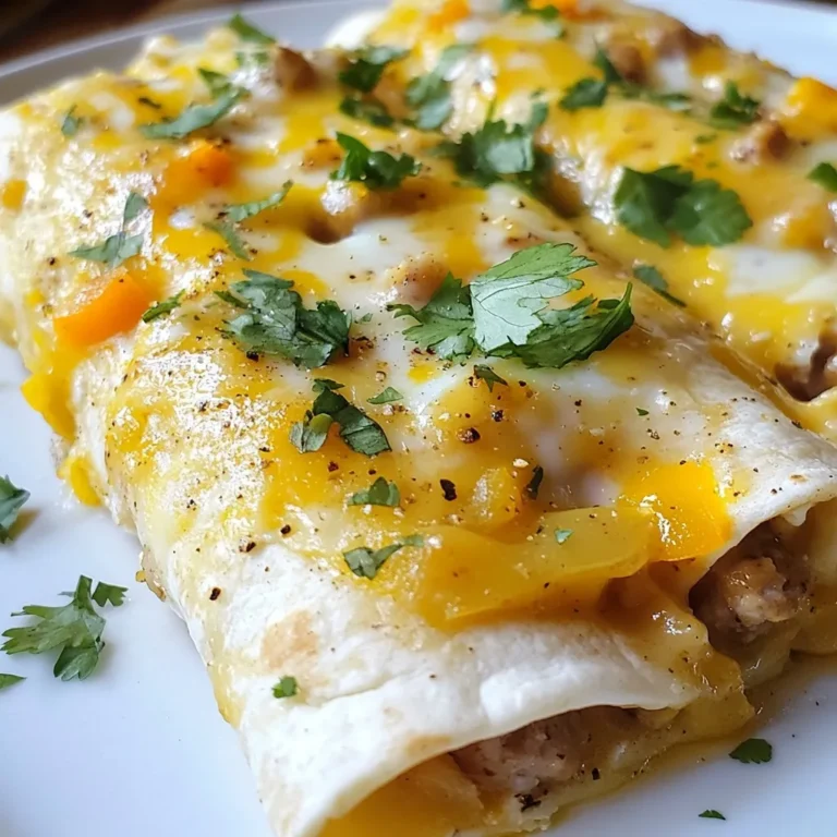- 8 large flour tortillas - 4 large eggs - 1 cup diced bell peppers (red and green) - 1 cup diced onions - 1 cup shredded cheddar cheese - 1 cup cooked breakfast sausage, crumbled - 2 cups milk - 1/4 cup all-purpose flour - 1 teaspoon garlic powder - 1 teaspoon onion powder - Salt and pepper to taste - 2 tablespoons olive oil - Fresh cilantro for garnish (optional) To make breakfast enchiladas with sausage gravy, you need simple ingredients. Each one adds great flavor. The flour tortillas hold everything together. Eggs bring protein and a nice texture. Bell peppers and onions give color and taste. Cheddar cheese adds creaminess and richness. The breakfast sausage adds a savory kick. For the gravy, milk and flour create a smooth sauce. Garlic and onion powders give extra flavor. Don’t forget salt and pepper to enhance all the tastes. You can finish with fresh cilantro for a pop of color. This dish uses common items, making it easy to prepare at home. {{ingredient_image_1}} Set your oven to 350°F (175°C). This makes sure your enchiladas cook evenly. Grab a large skillet and heat 2 tablespoons of olive oil over medium heat. Add 1 cup of diced onions and 1 cup of diced bell peppers. Sauté them for about 5-7 minutes. You want them soft and fragrant. In a bowl, crack 4 large eggs. Add a pinch of salt and pepper. Whisk them well. Pour the eggs into the skillet with the cooked vegetables. Stir gently until the eggs are softly scrambled. They should be just set. Remove the skillet from heat. Lay 8 large flour tortillas on a clean surface. In the center of each, add some of the egg and vegetable mixture. Top it with crumbled breakfast sausage and shredded cheddar cheese. Now, carefully roll each tortilla tightly. Make sure the filling stays inside. Place them seam-side down in a greased baking dish. In the same skillet, add the rest of the crumbled sausage. Cook for about 2 minutes. Sprinkle 1/4 cup of all-purpose flour over the sausage and stir well. Slowly whisk in 2 cups of milk, along with 1 teaspoon of garlic powder and 1 teaspoon of onion powder. Bring this mixture to a simmer. Cook until it thickens, about 5 minutes. Season with salt and pepper. Pour the sausage gravy evenly over the rolled enchiladas in the baking dish. Put the baking dish in your preheated oven. Bake for 25-30 minutes. The enchiladas should be hot and bubbly. After baking, remove the dish from the oven. Let it cool for a minute. Garnish with fresh cilantro if you like. Enjoy your delicious breakfast enchiladas! To make the best breakfast enchiladas, follow these tips: - Use fresh ingredients. Fresh veggies and quality meat add great flavor. - Don’t overfill tortillas. Leave enough space to roll them easily. - Heat the tortillas slightly. This makes them more pliable and easier to roll. - Cover the enchiladas with gravy before baking. This keeps them moist and flavorful. For a creamy and tasty sausage gravy, try these steps: - Brown the sausage well. This adds depth and flavor to the gravy. - Stir in flour slowly. This helps avoid lumps and creates a smooth sauce. - Whisk the milk in gradually. This keeps the gravy from getting too thick. - Let it simmer. This allows the flavors to blend beautifully. Make your dish stand out with these ideas: - Serve hot from the oven. This keeps the enchiladas warm and inviting. - Garnish with fresh cilantro. It adds color and a fresh taste. - Drizzle extra gravy on top. This enhances the presentation and flavor. - Pair with a side of fruit or a light salad. This balances the meal and adds freshness. Pro Tips Use Fresh Ingredients: Fresh vegetables and high-quality sausage will enhance the flavor of your enchiladas significantly. Customize the Filling: Feel free to add other ingredients like diced tomatoes, jalapeños, or spinach to tailor the enchiladas to your taste. Make Ahead: You can prepare the enchiladas in advance and store them in the refrigerator. Just add the gravy before baking. Experiment with Cheese: While cheddar is delicious, try mixing different cheeses like Monterey Jack or pepper jack for added flavor and creaminess. {{image_2}} You can switch up the protein in your enchiladas. Try using cooked bacon for a smoky flavor. Shredded chicken or turkey works well too. If you want a heartier dish, ground beef is a tasty option. Just make sure to cook the meat fully before adding it to the filling. To make a vegetarian version, skip the sausage. Instead, add more vegetables. Spinach, mushrooms, or zucchini are great choices. You can also add black beans for extra protein. Just remember to season your veggies well to keep the dish flavorful. If you like heat, add jalapeños or diced green chiles to the filling. You can also mix in some hot sauce to the egg mixture. For an extra kick, sprinkle crushed red pepper flakes on top before baking. Adjust the spice level to fit your taste. Enjoy experimenting with these ideas! You can store leftover breakfast enchiladas in the fridge. Place them in an airtight container. They stay fresh for up to three days. If you have extra sausage gravy, store it in a separate container. This keeps the enchiladas from getting soggy. To freeze your enchiladas, wrap them tightly in plastic wrap. Then, put them in a freezer-safe bag or container. They can stay frozen for up to three months. Make sure to label the bag with the date. This helps you keep track of how long they’ve been in the freezer. When you want to enjoy your stored enchiladas, reheat them in the oven. Preheat the oven to 350°F (175°C) and place the enchiladas in a baking dish. Cover them with foil to keep them moist. Bake for about 20 minutes until heated through. If you have extra gravy, warm it up on the stove or in the microwave. Pour it over the enchiladas before serving. You can use corn tortillas for a gluten-free option. They hold up well and add a nice flavor. If you want something different, try whole wheat or spinach tortillas. These options can give a unique twist to your breakfast enchiladas. Yes, feel free to swap cheddar cheese for Monterey Jack or pepper jack cheese. These cheeses melt well and add richness. You can also try feta for a tangy kick or cream cheese for a creamy texture. Each cheese brings its own taste to the dish. To make this dish healthier, consider using lean turkey sausage instead of regular sausage. You can also add more veggies, like spinach or mushrooms, for extra nutrients. Use low-fat milk instead of whole milk for the gravy. These simple changes can make your enchiladas lighter. Yes, you can prepare the enchiladas a day before. Just assemble them and cover them tightly. Store them in the fridge. When ready, pour the gravy and bake. This makes it easy to serve a tasty breakfast without stress. Breakfast enchiladas pair well with fresh fruit or a simple green salad. You can also serve them with avocado slices or a dollop of sour cream. These sides add color and freshness to your meal. This blog post gave you a clear way to make breakfast enchiladas. We covered ingredients, step-by-step cooking tips, and storage info. You learned about variations for proteins and spices. With these ideas, you can make your own tasty dish. Experiment with flavors and enjoy this meal any time. Your kitchen is now ready for breakfast enchiladas!