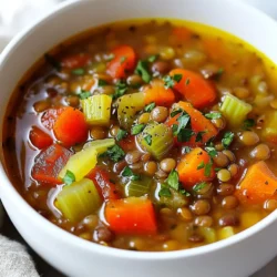 - 1 cup green or brown lentils, rinsed - 1 medium onion, diced - 2 garlic cloves, minced - 2 carrots, diced - 1 celery stalk, diced - 1 red bell pepper, diced - 1 can (14 oz) diced tomatoes - 4 cups vegetable broth - 1 teaspoon ground cumin - 1 teaspoon smoked paprika - 1 teaspoon dried oregano - Salt and pepper to taste - 2 tablespoons olive oil - Juice of 1 lemon - Fresh parsley, chopped (for garnish) This soup is rich in flavor and nutrients. The lentils add protein and fiber. The onions and garlic build a strong base. Carrots, celery, and bell pepper add sweetness and crunch. The diced tomatoes bring acidity and depth. A mix of cumin, paprika, and oregano gives warmth and earthiness. Olive oil adds richness, while lemon juice brightens the dish. Don't forget fresh parsley for a touch of color and freshness! Gather these ingredients, and you're ready to create a comforting bowl of Vegan Mediterranean Lentil Soup. Enjoy the vibrant flavors as they blend together in the pot. {{ingredient_image_1}} To start, heat 2 tablespoons of olive oil in a large pot over medium heat. Add 1 diced onion and sauté until it becomes translucent, about 5 minutes. This step builds a great flavor base. Next, stir in 2 minced garlic cloves, 2 diced carrots, 1 diced celery stalk, and 1 diced red bell pepper. Cook these veggies for another 5 to 7 minutes. You want them slightly soft. Now it's time to add the heart of the soup. Pour in 1 cup of rinsed green or brown lentils along with 1 can of diced tomatoes and 4 cups of vegetable broth. Sprinkle in 1 teaspoon each of ground cumin, smoked paprika, and dried oregano. Stir everything well to combine. Bring this mixture to a boil. Once it boils, reduce the heat to low, cover the pot, and let it simmer. You want to cook it for about 30 to 35 minutes until the lentils are tender. After simmering, you can blend the soup for a creamier texture. Use an immersion blender to achieve this. If you don’t have one, blend a portion in a regular blender and return it to the pot. Lastly, season your soup with salt, pepper, and the juice of 1 lemon. Stir well and heat through for another 5 minutes. Your Vegan Mediterranean Lentil Soup is ready to serve! Using fresh herbs can elevate your soup's taste. Fresh parsley adds brightness. Dried herbs are handy too. They work well and save time. Adjust the seasoning to fit your taste. Start with a pinch of salt and pepper. Remember, you can always add more later. A splash of lemon juice brightens the flavors, making it fresh and zesty. For a creamier soup, blending is key. You can use an immersion blender for ease. If you prefer, blend part of the soup in a regular blender. Return it to the pot for a chunkier texture. Cooking lentils to the right doneness is important. You want them soft but not mushy. Keep an eye on them as they simmer. This soup pairs well with crusty bread. The bread soaks up the soup's rich flavors. A fresh salad on the side adds crunch. Try a simple green salad with olive oil and vinegar. It complements the soup's warmth perfectly. Don't forget to sprinkle extra parsley on top for a pop of color! Pro Tips Soak Lentils for Better Texture: Soaking lentils for a few hours before cooking can help them cook faster and achieve a better texture. Enhance Flavor with Fresh Herbs: Adding fresh herbs like basil or thyme towards the end of cooking can enhance the flavor profile of your soup. Adjust Consistency: If the soup is too thick, add a little more vegetable broth or water to reach your desired consistency. Make it a Meal: Serve the soup over a bed of cooked quinoa or with crusty bread to make it a more filling dish. {{image_2}} You can add proteins to make your soup heartier. Tofu works well. Just cube it and add it during cooking. Chickpeas are another great choice. They add texture and flavor. You can use canned or cooked chickpeas. This will boost the protein content. Quinoa is a fantastic grain to try, too. It cooks quickly and adds a nutty taste. You can replace some lentils with quinoa. This gives a nice twist to the dish. Other grains like barley or farro also fit well. They add different textures and flavors. Spices can change your soup's flavor. Ground cumin and smoked paprika give warmth. But you can experiment! Try adding cinnamon for a sweet hint. Garlic powder or onion powder can deepen the taste. If you like heat, add chili or cayenne. Start with a small pinch and adjust. This way, you can control the spice level. You can also try fresh herbs like basil or thyme. They can brighten up the soup. Seasonal vegetables bring freshness. In winter, add root vegetables like parsnips or turnips. In summer, zucchini or bell peppers are great. They add color and nutrients. If you want to swap lentils, use other legumes. Black beans or navy beans can work well. They bring a different flavor and texture. Just remember to adjust the cooking time based on your choice. This keeps the soup delicious and exciting. To store your Vegan Mediterranean Lentil Soup, let it cool first. Pour the soup into a container. I prefer glass containers as they keep the soup fresh. Make sure the lid fits tightly. Store it in the fridge for up to five days. To freeze the soup, use a freezer-safe container. Leave some space at the top for expansion. You can also use freezer bags. Just lay them flat for easy stacking. When you are ready to eat, thaw it overnight in the fridge. Reheat on low heat to avoid burning. Stir often for even heating and add a splash of broth if it seems thick. In the fridge, the soup lasts about five days. In the freezer, it can keep for three months. Look for signs of spoilage like an off smell or mold. If you see any, toss it out. Always remember, when in doubt, throw it out! To boost the flavor, try adding fresh herbs like basil or thyme. You can also add a splash of balsamic vinegar for depth. If you like spice, a pinch of red pepper flakes brings warmth. Adjust the salt and pepper to your taste. Lastly, let the soup sit for a bit before serving. This allows the flavors to blend well. Yes, you can use different lentils! Green and brown lentils work best. They hold their shape during cooking. Red lentils cook faster and will make the soup smoother. If using red lentils, reduce the cooking time to about 20 minutes. Experiment with what you have for a unique twist. Absolutely! This soup is great for meal prep. It stores well in the fridge for up to five days. You can freeze it too. Just make sure to cool it first before freezing. When you’re ready to eat, simply thaw and reheat on the stove. This soup is naturally gluten-free! Just ensure that your vegetable broth is gluten-free as well. Most brands are safe, but it's good to check the label. You can enjoy this soup without any gluten concerns. For extra nutrition, consider adding spinach or kale. These greens are packed with vitamins. You can also stir in some cooked quinoa or chickpeas for added protein. Nuts or seeds can provide healthy fats and crunch. Each addition enhances the soup's taste and health benefits. This blog post outlines how to make a delicious Mediterranean lentil soup. You learned about the key ingredients, from lentils to spices. I shared step-by-step instructions to guide you through cooking. I also provided tips on achieving the best flavor and texture. Remember, you can customize this soup with proteins and spices. Store leftovers properly for freshness. Enjoy experimenting with different ingredients to make this recipe your own!