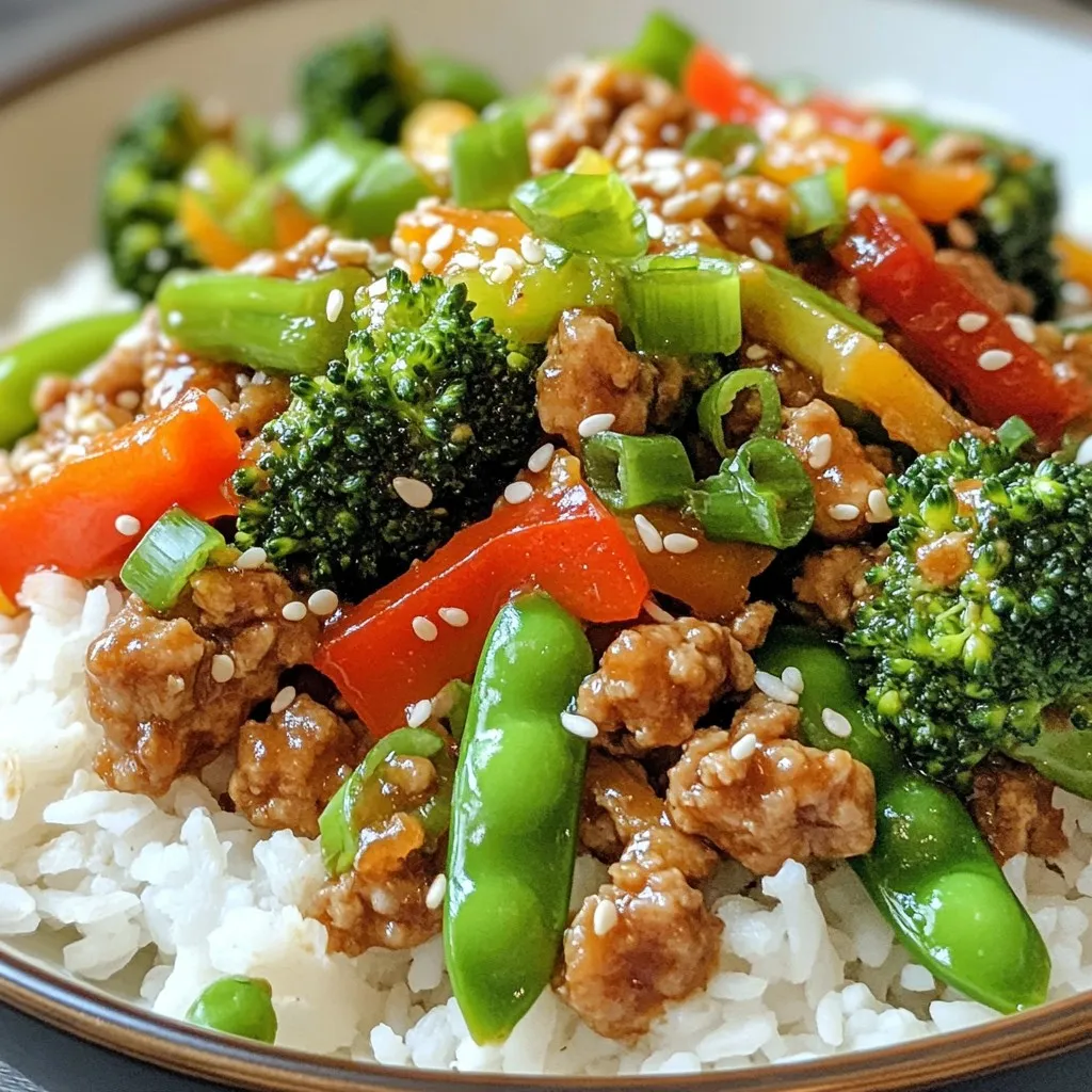 To make a tasty Turkey Teriyaki Stir-Fry, gather these key ingredients: - 1 lb ground turkey - 2 tablespoons olive oil - 2 cups broccoli florets - 1 bell pepper, sliced (red or yellow) - 1 cup snap peas - 2 garlic cloves, minced - 1 tablespoon fresh ginger, minced - 1/4 cup teriyaki sauce (store-bought or homemade) - 1 tablespoon sesame seeds - 2 green onions, sliced - Cooked jasmine rice (for serving) - Salt and pepper to taste Each ingredient plays a role in creating a delightful dish. The ground turkey is lean and easy to cook. Olive oil helps to sauté and adds flavor. Broccoli and bell peppers bring color and nutrition. Snap peas add a nice crunch. Garlic and ginger provide a warm spice. Teriyaki sauce ties it all together with its sweet and savory notes. Sesame seeds and green onions are great for garnish. Finally, serve it on jasmine rice for a complete meal. {{ingredient_image_1}} - Heat 2 tablespoons of olive oil in a large skillet or wok over medium-high heat. - Add 1 lb of ground turkey to the skillet. Season it with salt and pepper. Cook for 5-7 minutes, breaking it up with a spatula. The turkey should turn brown and be fully cooked. - Add 2 minced garlic cloves and 1 tablespoon of minced ginger to the skillet. Cook for 1 minute until you smell their great scent. - Toss in 2 cups of broccoli florets, 1 sliced bell pepper, and 1 cup of snap peas. Stir-fry these for about 3-5 minutes. You want the colors bright and the veggies slightly tender. - Pour in 1/4 cup of teriyaki sauce. Stir everything to coat the turkey and veggies evenly. Cook for another 2-3 minutes until everything is heated through. - Remove the skillet from heat. Sprinkle 1 tablespoon of sesame seeds and 2 sliced green onions on top for garnish. - Use high heat for stir-frying. This keeps the turkey juicy. - Cut all veggies into similar sizes. This helps them cook evenly. - Add the turkey first. Let it brown before adding veggies. - Stir frequently to avoid burning. Quick cooking is the key here. - Try adding a pinch of red pepper flakes for spice. - A splash of lime juice can brighten the dish. - Swap out the teriyaki sauce for sweet and sour sauce. - Mix in carrots or zucchini for more texture and color. - Cook extra turkey and store it in the fridge. - Chop veggies ahead of time for quick meals. - Reheat in a skillet over medium heat. Stir often to warm evenly. - Serve with fresh jasmine rice for a tasty meal. Pro Tips Use Fresh Ingredients: Always opt for fresh vegetables to enhance the flavor and nutrition of your stir-fry. Don’t Overcook the Vegetables: Keep the vegetables crisp by stir-frying them just until they are vibrant and slightly tender. Customize Your Sauce: Feel free to adjust the amount of teriyaki sauce according to your taste preference for sweetness and saltiness. Serve Immediately: For the best texture and flavor, serve the stir-fry right after cooking while it's still hot. {{image_2}} You can switch the ground turkey for chicken or beef. Both proteins work well in this stir-fry. For a vegetarian option, use tofu or tempeh. They absorb flavors nicely and add protein. If you want a homemade teriyaki sauce, mix soy sauce, honey, ginger, and garlic. This gives a fresh taste. You can also try a sweet and sour sauce. It adds a new twist to the dish. Feel free to use seasonal vegetables. Carrots, zucchini, or bell peppers can replace broccoli and snap peas. Adding leafy greens like spinach or bok choy boosts nutrition. They cook quickly and blend well with the dish. To keep your Turkey Teriyaki Stir-Fry fresh, store it in an airtight container. This helps lock in flavor and moisture. You can refrigerate it for about 3 to 4 days. Make sure it's cool before sealing the container. This prevents condensation, which can make your dish soggy. If you want to save leftovers, freezing is a great option. First, let the stir-fry cool completely. Then, place it in a freezer-safe container or a zip-top bag. Remove as much air as you can before sealing. It can last in the freezer for about 2 to 3 months. When you're ready to eat, thaw it in the fridge overnight. To reheat, use a skillet on medium heat or the microwave. Stir it occasionally to make sure it heats evenly. Turkey Teriyaki Stir-Fry goes great with jasmine rice. The rice absorbs the tasty sauce and adds a nice texture. You can also pair it with a fresh salad for crunch. A light soup, like miso, complements the flavors too. Enjoy experimenting with different sides! Add vegetables during the stir-fry after cooking the turkey. This timing helps keep them crisp. Start with harder veggies like broccoli and bell peppers. Add softer ones like snap peas last. This way, all the veggies stay bright and fresh. Yes, you can use frozen vegetables! They make cooking easier and save time. Just add them directly to the skillet. They may need a little longer to cook. Keep an eye on them so they don’t get mushy. Making teriyaki sauce is simple! Combine soy sauce, honey, and rice vinegar. Add minced garlic and ginger for flavor. Heat this mix on low until it thickens. It’s quick and tastes great in your stir-fry. Turkey is a healthy protein choice! It is lean and lower in fat than beef or pork. It provides essential nutrients like protein and iron. Using turkey helps keep your meal light and nutritious. Yes, you can make this dish gluten-free. Use gluten-free soy sauce in place of regular soy sauce. Check the teriyaki sauce label or make your own to ensure it’s gluten-free. Enjoy your meal without worry! This stir-fry recipe is simple and versatile. We used ground turkey, fresh veggies, and a tasty teriyaki sauce. You can adjust it to fit your taste. Try different proteins or sauces to keep meals fun. Proper storage and reheating tips help keep leftovers fresh and delicious. Cooking at home can be quick and enjoyable. I hope you feel inspired to make this dish tonight!
