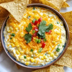 For this delicious corn dip, you will need: - 2 cups corn kernels (fresh or frozen) - 1 cup cream cheese, softened - 1 cup sour cream - 1 cup shredded cheddar cheese - 1/2 cup diced red bell pepper - 1/2 cup finely chopped green onions - 1/4 cup chopped fresh cilantro - 1 packet taco seasoning - 1 tablespoon lime juice - Salt and pepper to taste - Tortilla chips for serving You can swap ingredients if needed. Use Greek yogurt instead of sour cream for a tangy kick. You can use any cheese you like instead of cheddar. Try diced tomatoes if you want to replace red bell pepper. Fresh herbs can add a nice touch; use parsley or chives instead of cilantro. If you want a little spice, add chopped jalapeños. To make this dip, you'll need some basic tools: - A large mixing bowl - A spatula or mixing spoon - A knife for chopping veggies - A cutting board - A measuring cup for liquids - Plastic wrap or a lid to cover for refrigerating {{ingredient_image_1}} To start, gather all your ingredients. You will need: - 2 cups corn kernels (fresh or frozen) - 1 cup cream cheese, softened - 1 cup sour cream - 1 cup shredded cheddar cheese - 1/2 cup diced red bell pepper - 1/2 cup finely chopped green onions - 1/4 cup chopped fresh cilantro - 1 packet taco seasoning - 1 tablespoon lime juice - Salt and pepper to taste - Tortilla chips for serving First, set out a large mixing bowl. Add the softened cream cheese and sour cream. Mix them until they are smooth. This is key for a creamy dip. Now, let's add the corn. Stir in the corn kernels, making sure they blend well. Next, fold in the shredded cheddar cheese. Then add the diced red bell pepper and chopped green onions. Each of these ingredients adds a fun crunch and flavor. Sprinkle in the taco seasoning and lime juice. Mix everything again until it is evenly seasoned. The taco seasoning gives it a nice kick. Finally, gently fold in the chopped cilantro and season with salt and pepper to taste. Once mixed, cover the dip. Refrigerate it for at least 30 minutes. This waiting time allows the flavors to come together. You can serve the dip chilled or at room temperature. Pair it with crispy tortilla chips for a tasty snack. Enjoy this dip at parties or just for fun! To boost the taste of your corn dip, use fresh ingredients. Fresh corn adds a sweet crunch. You can also try adding jalapeños for a spicy kick. If you want more zest, use lime zest along with lime juice. Mixing in a bit of garlic powder adds depth to the flavor. You can even swap the taco seasoning for your favorite spice mix. This will give your dip a unique twist. Corn dip is best served chilled or at room temperature. If you serve it too cold, the flavors might hide. Letting it sit out for a bit before serving helps the taste shine. If you want a warm dip, bake it for a short time. Just heat it at 350°F until the cheese melts. One common mistake is not mixing well. Make sure to blend all ingredients thoroughly for even flavor. Another mistake is skipping the resting time. Refrigerate the dip for at least 30 minutes. This helps the flavors blend nicely. Avoid using low-fat cream cheese or sour cream. They can change the dip's texture and creaminess. Lastly, don’t forget to taste before serving. Adjust the salt and pepper to your liking for best results. Pro Tips Use Fresh Corn: For the best flavor, opt for fresh corn when in season. It enhances the dip's sweetness and texture. Chill for Flavor: Letting the dip chill for at least 30 minutes allows the flavors to meld beautifully, making each bite more delicious. Customize Your Heat: Add diced jalapeños or a dash of hot sauce to spice things up according to your taste preferences. Serve with Variety: In addition to tortilla chips, consider serving with veggie sticks or pita chips for a healthier option. {{image_2}} If you love heat, you can make a spicy corn dip. To add a kick, mix in jalapeños. Use fresh ones for a crisp bite or canned for ease. You can also add hot sauce to the dip. Just a few dashes will spice things up. Adjust the heat level to fit your taste. For a vegetarian option, keep all the core ingredients. Skip meat but add more veggies. Diced zucchini or black olives work great. You can also add more peppers for extra flavor. This keeps the dip tasty and fresh while being meat-free. Cheese can change the dip's flavor. While cheddar is classic, try pepper jack for spice. You can also use creamy goat cheese for a tangy taste. Mixing different cheeses gives a unique twist. Experiment and find your favorite combo! To keep your corn dip fresh, use an airtight container. This will help seal in the flavors. Make sure the dip is cool before you put it away. Store it in the fridge. It is best to eat leftovers within a few days. You can freeze corn dip if you want to save it for later. Use a freezer-safe container. Leave some space at the top because it may expand. It is best to freeze it without adding fresh cilantro. This herb does not freeze well. When you want to eat it, thaw it in the fridge overnight. Corn dip can last about 3 to 5 days in the fridge. If it smells sour or looks strange, throw it away. Always check for signs of spoilage. Keeping the dip covered helps keep it fresh longer. Yes, you can make this dip ahead. Prepare it a day before your event. It tastes even better after the flavors mix overnight. Just cover it well and store it in the fridge. This way, you save time on the day of the party. Corn dip pairs well with many snacks. Here are some great options: - Tortilla chips - Pita chips - Fresh veggie sticks - Crackers - Bread slices These choices will add a nice crunch and balance to the creamy dip. Absolutely! Canned corn works well in this dip. Just drain and rinse it first. This helps remove excess salt and keeps the flavors fresh. Whether you use fresh or canned corn, your dip will still be tasty and fun to eat. This blog post covers all you need for a great corn dip. We went over the key ingredients, helpful substitutes, and essential equipment. I shared step-by-step instructions to guide you through the preparation and serving. We explored tips to enhance flavor and avoid mistakes. You saw different variations and how to store leftovers properly. Now, you’re set to create a tasty corn dip that fits your taste and needs. Enjoy making this dish and share it with others!