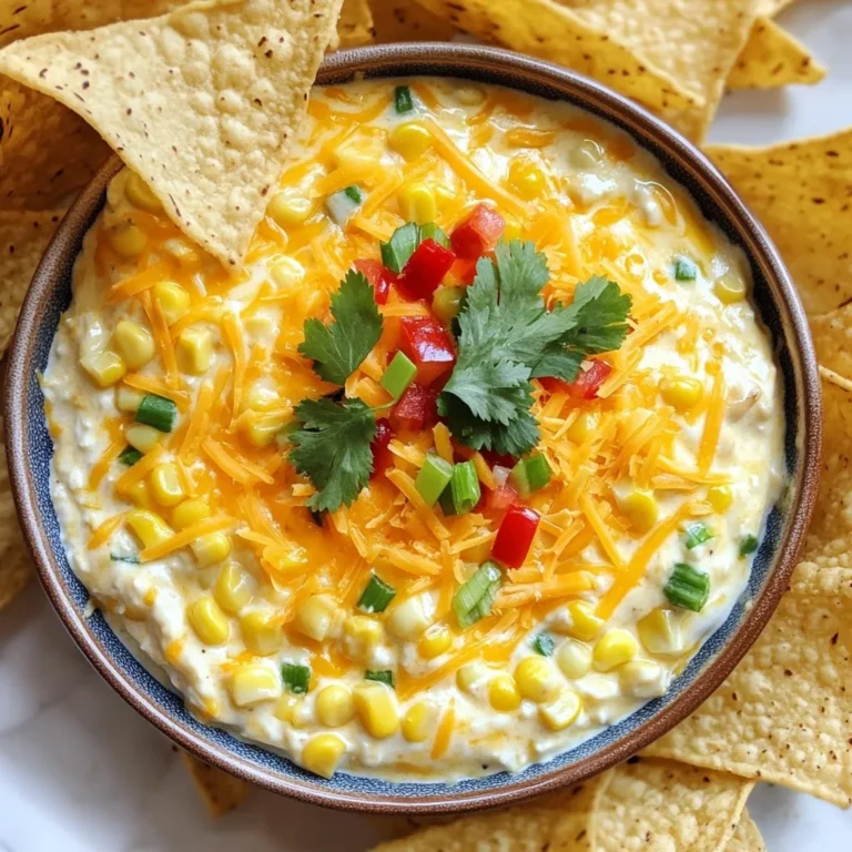For this delicious corn dip, you will need: - 2 cups corn kernels (fresh or frozen) - 1 cup cream cheese, softened - 1 cup sour cream - 1 cup shredded cheddar cheese - 1/2 cup diced red bell pepper - 1/2 cup finely chopped green onions - 1/4 cup chopped fresh cilantro - 1 packet taco seasoning - 1 tablespoon lime juice - Salt and pepper to taste - Tortilla chips for serving You can swap ingredients if needed. Use Greek yogurt instead of sour cream for a tangy kick. You can use any cheese you like instead of cheddar. Try diced tomatoes if you want to replace red bell pepper. Fresh herbs can add a nice touch; use parsley or chives instead of cilantro. If you want a little spice, add chopped jalapeños. To make this dip, you'll need some basic tools: - A large mixing bowl - A spatula or mixing spoon - A knife for chopping veggies - A cutting board - A measuring cup for liquids - Plastic wrap or a lid to cover for refrigerating {{ingredient_image_1}} To start, gather all your ingredients. You will need: - 2 cups corn kernels (fresh or frozen) - 1 cup cream cheese, softened - 1 cup sour cream - 1 cup shredded cheddar cheese - 1/2 cup diced red bell pepper - 1/2 cup finely chopped green onions - 1/4 cup chopped fresh cilantro - 1 packet taco seasoning - 1 tablespoon lime juice - Salt and pepper to taste - Tortilla chips for serving First, set out a large mixing bowl. Add the softened cream cheese and sour cream. Mix them until they are smooth. This is key for a creamy dip. Now, let's add the corn. Stir in the corn kernels, making sure they blend well. Next, fold in the shredded cheddar cheese. Then add the diced red bell pepper and chopped green onions. Each of these ingredients adds a fun crunch and flavor. Sprinkle in the taco seasoning and lime juice. Mix everything again until it is evenly seasoned. The taco seasoning gives it a nice kick. Finally, gently fold in the chopped cilantro and season with salt and pepper to taste. Once mixed, cover the dip. Refrigerate it for at least 30 minutes. This waiting time allows the flavors to come together. You can serve the dip chilled or at room temperature. Pair it with crispy tortilla chips for a tasty snack. Enjoy this dip at parties or just for fun! To boost the taste of your corn dip, use fresh ingredients. Fresh corn adds a sweet crunch. You can also try adding jalapeños for a spicy kick. If you want more zest, use lime zest along with lime juice. Mixing in a bit of garlic powder adds depth to the flavor. You can even swap the taco seasoning for your favorite spice mix. This will give your dip a unique twist. Corn dip is best served chilled or at room temperature. If you serve it too cold, the flavors might hide. Letting it sit out for a bit before serving helps the taste shine. If you want a warm dip, bake it for a short time. Just heat it at 350°F until the cheese melts. One common mistake is not mixing well. Make sure to blend all ingredients thoroughly for even flavor. Another mistake is skipping the resting time. Refrigerate the dip for at least 30 minutes. This helps the flavors blend nicely. Avoid using low-fat cream cheese or sour cream. They can change the dip's texture and creaminess. Lastly, don’t forget to taste before serving. Adjust the salt and pepper to your liking for best results. Pro Tips Use Fresh Corn: For the best flavor, opt for fresh corn when in season. It enhances the dip's sweetness and texture. Chill for Flavor: Letting the dip chill for at least 30 minutes allows the flavors to meld beautifully, making each bite more delicious. Customize Your Heat: Add diced jalapeños or a dash of hot sauce to spice things up according to your taste preferences. Serve with Variety: In addition to tortilla chips, consider serving with veggie sticks or pita chips for a healthier option. {{image_2}} If you love heat, you can make a spicy corn dip. To add a kick, mix in jalapeños. Use fresh ones for a crisp bite or canned for ease. You can also add hot sauce to the dip. Just a few dashes will spice things up. Adjust the heat level to fit your taste. For a vegetarian option, keep all the core ingredients. Skip meat but add more veggies. Diced zucchini or black olives work great. You can also add more peppers for extra flavor. This keeps the dip tasty and fresh while being meat-free. Cheese can change the dip's flavor. While cheddar is classic, try pepper jack for spice. You can also use creamy goat cheese for a tangy taste. Mixing different cheeses gives a unique twist. Experiment and find your favorite combo! To keep your corn dip fresh, use an airtight container. This will help seal in the flavors. Make sure the dip is cool before you put it away. Store it in the fridge. It is best to eat leftovers within a few days. You can freeze corn dip if you want to save it for later. Use a freezer-safe container. Leave some space at the top because it may expand. It is best to freeze it without adding fresh cilantro. This herb does not freeze well. When you want to eat it, thaw it in the fridge overnight. Corn dip can last about 3 to 5 days in the fridge. If it smells sour or looks strange, throw it away. Always check for signs of spoilage. Keeping the dip covered helps keep it fresh longer. Yes, you can make this dip ahead. Prepare it a day before your event. It tastes even better after the flavors mix overnight. Just cover it well and store it in the fridge. This way, you save time on the day of the party. Corn dip pairs well with many snacks. Here are some great options: - Tortilla chips - Pita chips - Fresh veggie sticks - Crackers - Bread slices These choices will add a nice crunch and balance to the creamy dip. Absolutely! Canned corn works well in this dip. Just drain and rinse it first. This helps remove excess salt and keeps the flavors fresh. Whether you use fresh or canned corn, your dip will still be tasty and fun to eat. This blog post covers all you need for a great corn dip. We went over the key ingredients, helpful substitutes, and essential equipment. I shared step-by-step instructions to guide you through the preparation and serving. We explored tips to enhance flavor and avoid mistakes. You saw different variations and how to store leftovers properly. Now, you’re set to create a tasty corn dip that fits your taste and needs. Enjoy making this dish and share it with others!