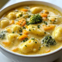 To make a rich Cheddar Gnocchi Soup, you need a few key veggies. Here’s what I use: - 1 small onion, diced - 2 cloves garlic, minced - 1 cup broccoli florets - 1 cup carrots, diced These veggies add flavor and color to the soup. They cook well together, creating a nice base. For cheese, I love using sharp cheddar. You will need 2 cups of shredded sharp cheddar cheese. This cheese brings a bold taste that makes the soup creamy and satisfying. You can find most of these items in your kitchen. Here’s a quick list for the soup: - 1 tablespoon olive oil - 3 cups vegetable broth - 2 cups milk The olive oil helps to sauté the onion and garlic. The vegetable broth adds depth to the flavor, while the milk helps to make the soup creamy. For the final touch, I use fresh parsley. You will need 1 tablespoon of chopped fresh parsley for garnish. It adds a pop of green and a fresh taste. Don’t forget to season the soup with salt, pepper, and 1 teaspoon of thyme. These spices brighten the flavors and make the soup even better. {{ingredient_image_1}} Start by chopping your vegetables. You will need to dice one small onion and mince two cloves of garlic. Next, get one cup of broccoli florets ready. Cut up one cup of diced carrots too. Finally, gather your other ingredients: potato gnocchi, vegetable broth, milk, and sharp cheddar cheese. Measure everything out so you have it handy when you start cooking. In a large pot, heat one tablespoon of olive oil over medium heat. Add the diced onion and sauté for about three to four minutes until it turns translucent. Then, stir in the minced garlic and cook it for one more minute. This will make your kitchen smell amazing! Next, add three cups of vegetable broth to the pot and bring it to a simmer. Once it's bubbling, toss in the diced carrots and broccoli florets. Let these cook for about five to seven minutes until they are tender. After that, add one pound of potato gnocchi. Cook the gnocchi according to the package instructions, which should take about two to three minutes. Now, lower the heat to low. Slowly pour in two cups of milk while stirring. This will give the soup its creamy texture. Gradually add two cups of shredded sharp cheddar cheese, stirring continuously until it is melted and smooth. This step is key to making your soup rich and cheesy! To finish, season the soup with one teaspoon of thyme, salt, and pepper to taste. Allow it to warm through for another two to three minutes. This final step ensures all the flavors blend well. When ready, remove the pot from heat. Serve the soup hot and garnish each bowl with a sprinkle of fresh parsley for a pop of color and flavor. Enjoy a warm, comforting bowl of cheddar gnocchi soup! To make your soup smooth, stir gently as you cook. Use low heat when adding the milk and cheese. This keeps the soup creamy and helps the cheese melt well. If you boil it, the cheese may clump. Stir until the cheese is fully mixed. This will give you that perfect creamy texture! Sharp cheddar is the star of this soup, but you can mix it up! Try Gruyère for a nutty flavor. Parmesan adds a salty note. Cream cheese can make it richer and creamier. Experiment with different cheeses to find your favorite blend. Just remember to shred your cheese for easy melting. You can swap out veggies to change the flavor profile. Spinach or kale can add a fresh twist. Zucchini or bell peppers work well too. Even peas can bring a sweet note to your soup. Adjust the veggies based on what you like or what you have on hand. This makes the soup flexible and fun! Pro Tips Use Fresh Ingredients: Fresh vegetables enhance the flavor and texture of your soup, making it more vibrant and delicious. Customize the Cheese: Experiment with different types of cheese, such as Gruyère or Monterey Jack, for a unique twist on the classic cheddar flavor. Thickening the Soup: For a creamier texture, blend a portion of the soup and stir it back in, or add a cornstarch slurry before adding the cheese. Seasoning is Key: Taste and adjust the seasoning throughout the cooking process to ensure a well-balanced flavor in your soup. {{image_2}} You can make this soup heartier by adding protein. Chicken or sausage works well. If you choose chicken, use cooked, shredded chicken. Stir it in after adding the gnocchi. For sausage, slice it and brown it in the pot. Then, add it before the garlic. Both options add flavor and make the soup more filling. If you want a plant-based version, there are simple swaps. Use vegetable broth and a non-dairy milk for the base. Almond or oat milk works great. For cheese, try using vegan cheddar shreds. They melt nicely and give a similar taste. This way, you can enjoy the creamy texture without dairy. To boost flavor, add fresh herbs and spices. Try rosemary or basil for a twist. A pinch of red pepper flakes adds warmth. You can also squeeze in some lemon juice for brightness. Experiment and find what you love. These additions will elevate your soup and keep it exciting. Store leftover cheddar gnocchi soup in an airtight container. Let it cool before sealing. Place it in the fridge. It will stay fresh for up to three days. To reheat, pour the soup into a pot. Heat it on medium-low, stirring often. You can also use a microwave. Heat it in short intervals, stirring in between. Add a splash of milk if it seems too thick. Freezing soup is easy. First, let it cool completely. Then, use freezer-safe containers or bags. Leave some space at the top for expansion. Label the containers with the date. The soup can freeze well for up to three months. When ready to eat, thaw it in the fridge overnight. Reheat it on the stove or microwave. In the fridge, your cheddar gnocchi soup is good for three days. If you freeze it, you can enjoy it for three months. After that, it may lose flavor and texture. Always check for off smells or changes before using. Yes, you can make Cheddar Gnocchi Soup ahead of time. To do this, follow these tips: - Cook the soup as directed but stop before adding the cheese. - Let the soup cool, then store it in an airtight container in the fridge. - When ready to serve, reheat the soup on the stove. - Add the cheese and stir until melted and smooth. This way, the soup stays fresh and creamy. To make Cheddar Gnocchi Soup gluten-free, you have a few options: - Use gluten-free gnocchi made from rice, potato, or other gluten-free flours. - Check your vegetable broth to ensure it is gluten-free. - Use cornstarch or a gluten-free flour blend if you want to thicken the soup. These simple swaps keep the flavor and texture while making it safe for gluten-sensitive diets. Cheddar Gnocchi Soup pairs well with various side dishes. Here are some suggestions: - A fresh garden salad with a light vinaigrette. - Crusty bread or garlic bread for dipping. - Roasted vegetables like asparagus or Brussels sprouts. These sides complement the creamy soup and enhance your meal experience. This blog post covered how to make a delicious Cheddar Gnocchi Soup. We explored main ingredients like veggies, sharp cheddar, and pantry staples. I shared preparation steps, cooking methods, and final touches for the perfect bowl. You also learned tips for better texture and flavor, along with variations to suit your taste. Finally, proper storage methods helped ensure your soup stays fresh. Now, try this recipe, make it your own, and enjoy every warm spoonful.